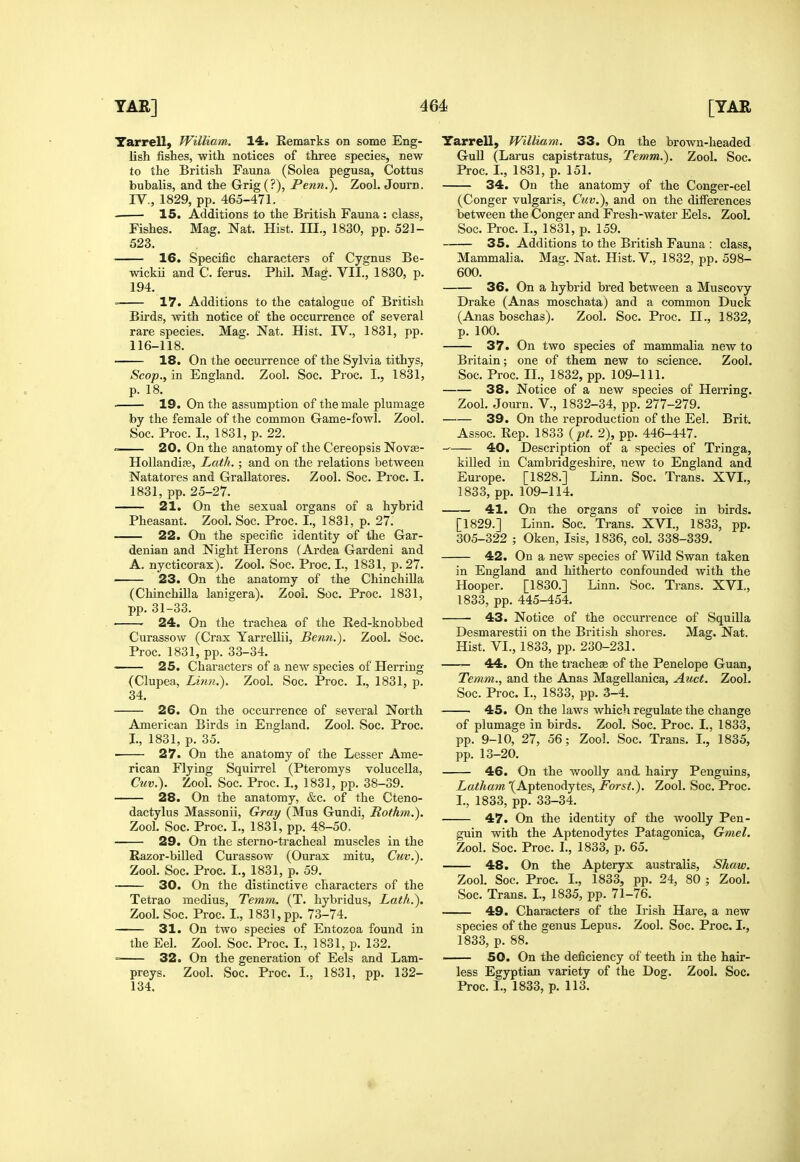 Yarrell} William. 14. Eemarks on some Eng- lish fishes, with notices of three species, new to the British Fauna (Solea pegusa, Cottus bubalis, and the Grig(?), Penn.). Zool. Journ. IV., 1829, pp. 465-471. 15. Additions to the British Fauna : class, Fishes. Mag. Nat. Hist. Ill, 1830, pp. 521- 523. 16. Specific characters of Cygnus Be- wickii and C. ferus. Phil. Mag. VII., 1830, p. 194. 17. Additions to the catalogue of British Birds, with notice of the occurrence of several rare species. Mag. Nat. Hist. IV., 1831, pp. 116-118. 18. On the occurrence of the Sylvia tithys, Scop., in England. Zool. Soc. Proc. I., 1831, p. 18. 19. On the assumption of the male plumage by the female of the common Game-fowl. Zool. Soc. Proc. I., 1831, p. 22. 20. On the anatomy of the Cereopsis Nov£e- HollandicB, Lath.; and on the relations between Natatores and Grallatores. Zool. Soc. Proc. I. 1831, pp. 25-27. 21. On the sexual organs of a hybrid Pheasant. Zool. Soc. Proc. I., 1831, p. 27. 22. On the specific identity of the Gar- denian and Night Herons (Ardea Gardeni and A. nycticorax). Zool. Soc. Proc. I., 1831, p. 27. 23. On the anatomy of the Chinchilla (Chinchilla lanigera). Zool. Soc. Proc. 1831, pp. 31-33. 24. On the trachea of the Eed-knobbed Curassow (Crax Yarrellii, Ben?i.). Zool. Soc. Proc. 1831, pp. 33-34. ■ 25. Characters of a new species of Herring (Clupea, Linn.). Zool. Soc. Proc. I., 1831, p. 34. 26. On the occurrence of several North American Birds in England. Zool. Soc. Proc. I., 1831, p. 35. 27. On the anatomy of the Lesser Ame- rican Flying Squirrel (Pteromys volucella, Cuv.). Zool. Soc. Proc. I., 1831, pp. 38-39. 28. On the anatomy, &c. of the Cteno- dactylus Massonii, Gray (Mus Gundi, Rothm.). Zool. Soc. Proc. I., 1831, pp. 48-50. 29. On the sterno-tracheal muscles in the Razor-billed Curassow (Ourax mitu, Cuv.). Zool. Soc. Proc. I., 1831, p. 59. 30. On the distinctive characters of the Tetrao medius, Temm. (T. hybridus, Lath.). Zool. Soc. Proc. I., 1831, pp. 73-74. 31. On two species of Entozoa found in the Eel. Zool. Soc. Proc. I., 1831, p. 132. = 32. On the generation of Eels and Lam- preys. Zool. Soc. Proc. I., 1831, pp. 132- 134. Yarrell, William. 33. On the brown-headed Gull (Larus capistratus, Temm.). Zool. Soc. Proc. L, 1831, p. 151. 34. On the anatomy of the Conger-eel (Conger vulgaris, Cuv.), and on the difierences between the Conger and Fresh-water Eels. Zool. Soc. Proc. I., 1831, p. 159. 35. Additions to the British Fauna : class, Mammalia. Mag. Nat. Hist. V., 1832, pp. 598- 600. 36. On a hybrid bred between a Muscovy Drake (Anas moschata) and a common Duck (Anas boschas). Zool. Soc. Proc. II., 1832, p. 100. 37. On two species of mammalia new to Britain; one of them new to science. Zool. Soc. Proc. IL, 1832, pp. 109-111. 38. Notice of a new species of Herring. Zool. Journ. V., 1832-34, pp. 277-279. —■— 39. On the reproduction of the Eel. Brit. Assoc. Rep. 1833 {pt. 2), pp. 446-447. 40. Description of a species of Tringa, killed in Cambridgeshire, new to England and Europe. [1828.] Linn. Soc. Trans. XVI., 1833, pp. 109-114. 41. On the organs of voice in birds. [1829.] Linn. Soc. Trans. XVL, 1833, pp. 305-322 ; Oken, Isis, 1836, col. 338-339. 42. On a new species of Wild Swan taken in England and hitherto confounded with the Hooper. [1830.] Linn. Soc. Trans. XVI., 1833, pp. 445-454. 43. Notice of the occurrence of Squilla Desmarestii on the British shores. Mag. Nat. Hist. VI., 1833, pp. 230-231. —— 44. On the tracheas of the Penelope Guan, Temm., and the Anas Magellanica, Auct. Zool. Soc. Proc. I., 1833, pp. 3-4. 45. On the laws which regulate the change of plumage in birds. Zool. Soc. Proc. I., 1833, pp. 9-10, 27, 56; Zool. Soc. Trans. I., 1835, pp. 13-20. 46. On the woolly and hairy Penguins, Latham (Aptenodytes, Forst.). Zool. Soc. Proc. I., 1833, pp. 33-34. 47. On the identity of the woolly Pen- guin with the Aptenodytes Patagonica, Gmel. Zool. Soc. Proc. L, 1833, p. 65. 48. On the Apteryx australis, Shaw. Zool. Soc. Proc. I., 1833, pp. 24, 80 ; Zool. Soc. Trans. I., 1835, pp. 71-76. 49. Characters of the Irish Hare, a new species of the genus Lepus. Zool. Soc. Proc. I., 1833, p. 88. 50. On the deficiency of teeth in the hair- less Egyptian variety of the Dog. Zool. Soc. Proc. I., 1833, p. 113.