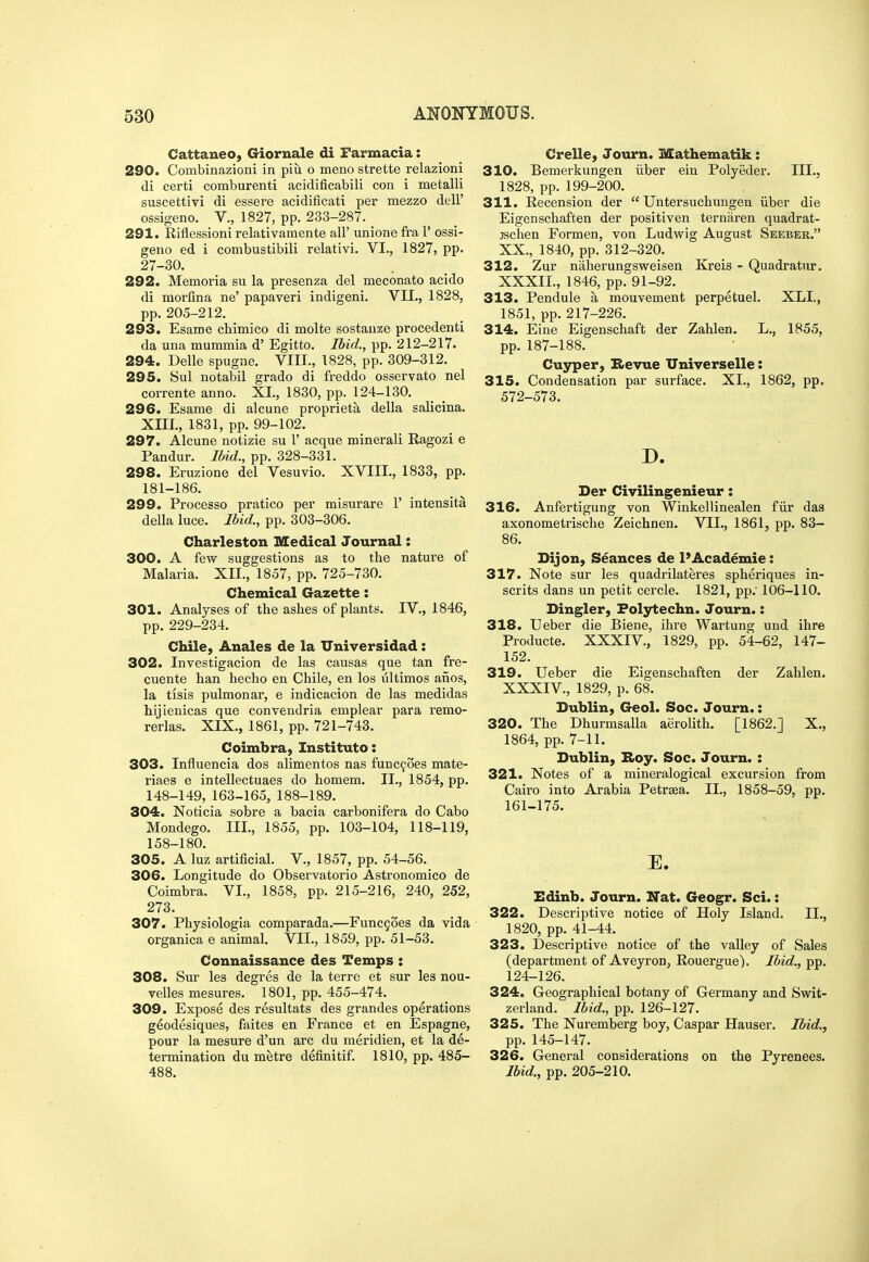 Cattaneo, Giornale di Farmacia: 290. Combinazioni in piii o meno strette relazioiii di certi comburenti acidificabili con i metalli suscettivi di essere acidificati per mezzo dell' ossigeno. V., 1827, pp. 233-287. _ 291. Riflessioni relativamente all' unione fra 1' ossi- geno ed i combustibili relativi. VI., 1827, pp. 27-30. 292. Memoria su la presenza del meconato acido di morfina ne' papaveri indigeni. VII., 1828, pp. 205-212. 293. Esame chimico di molte sostauze procedenti da una mummia d' Egitto. Ibid., pp. 212-217. 294. Delle spugne. VIIL, 1828, pp. 309-312. 295. Sul notabil grado di freddo osservato nel corrente anno. XL, 1830, pp. 124-130. 296. Esame di alcune proprieta della salicina. XIII., 1831, pp. 99-102. 297. Alcune notizie su 1' acque minerali Ragozi e Pandur. Ibid., pp. 328-331. 298. Eruzione del Vesuvio. XVIII., 1833, pp. 181-186. 299. Process© pratico per misurare 1' intensita della luce. Ibid., pp. 303-306. Charleston Medical Journal: 300. A few suggestions as to the nature of Malaria. XII., 1857, pp. 725-730. Chemical Gazette: 301. Analyses of the ashes of plants. IV., 1846, pp. 229-234, Chile, Anales de la Universidad: 302. Investigacion de las causas que tan fre- cuente han hecho en Chile, en los ultimos anos, la tisis pulmonai, e indicacion de las medidas hijienicas que convendria emplear para remo- rerlas. XIX., 1861, pp. 721-743. Coimbra, Instituto: 303. Influencia dos alimentos nas func9oes mate- riaes e intellectuaes do homem. II., 1854, pp. 148-149, 163-165, 188-189. 304. Noticia sobre a bacia carbonifera do Cabo Mondego. III., 1855, pp. 103-104, 118-119, 158-180. 305. A luz artificial. V., 1857, pp. 54-56. 306. Longitude do Observatorio Astronomico de Coimbra. VL, 1858, pp. 215-216, 240, 252, 273. 307. Physiologia comparada.—FuncQoes da vida organica e animal. VII., 1859, pp. 51-53. Connaissance des Temps : 308. Sur les degres de la terre et sur les nou- velles mesures. 1801, pp. 455-474. 309. Expose des resultats des gran des operations geodesiques, faites en France et en Espagne, pour la mesure d'un arc du meridien, et la de- termination du metre definitif. 1810, pp. 485- 488. Crelle, Journ. Mathematik: 310. Bemerkungen iiber ein Polyeder. III., 1828, pp. 199-200. 311. Recension der  Untersuchungen iiber die Eigenschaften der positiven ternaren quadrat- jschen Formen, von Ludwig August Seeber. XX., 1840, pp. 312-320. 312. Zur naherungsweisen Kreis - Quadratnr. XXXIL, 1846, pp. 91-92. 313. Pendule a mouvement perpetuel. XLL, 1851, pp. 217-226. 314. Eine Eigenschaft der Zahlen. L., 1855, pp. 187-188. Cuyper, Hevue Universelle: 315. Condensation par surface. XL, 1862, pp. 572-573. D. Der Civilingenieur: 316. Anfertigung von Winkellinealen fiir das axonometrische Zeichnen. VII., 1861, pp. 83- 86. Dijon, Seances de 1'Academic: 317. Note sur les quadrilateres spheriques in- scrits dans un petit cercle. 1821, pp; 106-110. Dingier, Folytechn. Journ.: 318. Ueber die Biene, ihre Wartung und ihre Producte. XXXIV., 1829, pp. 54-62, 147- 152. 319. Ueber die Eigenschaften der Zahlen. XXXIV., 1829, p. 68. Dublin, Geol. Soc. Journ.: 320. The Dhurmsalla aerolith. [1862.] X., 1864, pp. 7-11, Dublin, Boy. Soc. Journ. : 321. Notes of a mineralogical excursion fi'om Cairo into Arabia Petrsea, II., 1858-59, pp. 161-175, E. Edinb. Journ. Nat. Geogr. Sci.: 322. Descriptive notice of Holy Island. II., 1820, pp. 41-44. 323. Descriptive notice of the valley of Sales (department of Aveyron, Rouergue). Ibid., pp. 124-126. 324. Geographical botany of Germany and Swit- zerland. Ibid., pp. 126-127. 325. The Nuremberg boy, Caspar Hauser. Ibid., pp. 145-147. 326. General considerations on the Pyrenees. Ibid., pp. 205-210.