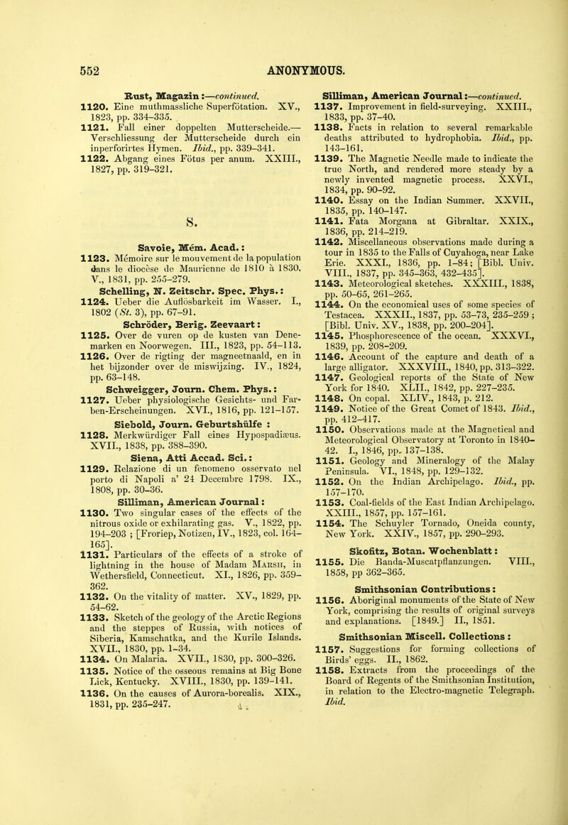 Bust) Magazin:—continued. 1120. Eine muthmassliche Superfotation. XV., 1823, pp. 334-33.5. 1121. Fall einer doppelten Mutterscheide.— Verschliessung der Mutterscheide durcli ein inperforirtes Hymen. Ibid., pp. 339-341. 1122. Abgang eines Fotus per anum. XXIII., 1827, pp. 319-321. Savoie, Mem. Acad.: 1123. Memoire sur le mouvement de la population dans le diocese do Maurienne de 1810 a 1830. v., 1831, pp. 255-279. Schelling, N. Zeitschr. Spec. Phys.: 1124. Ueber die Auflosbarkeit im Wasser, I., 1802 {St. 3), pp. 67-91. Schroder, Berig. Zeevaart: 1125. Over de vuren op de kusten van Dene- marken en Noorwegen. III., 1823, pp. 54-113. 1126. Over de rigting der magneetnaald, en in het bijzonder over de miswijzing, IV., 1824, pp. 63-148. Schweigger, Joum. Chem. Phys.: 1127. Ueber physiologische Gesichts- und Far- ben-Erscheinungen. XVI., 1816, pp. 121-157. Siebold, Journ. Geburtshiilfe : 1128. Merkwiirdiger Fall eines Hypospadiseus. XVII., 1838, pp. 388-390. Siena, Atti Accad. Sci.: 1129. Relazione di un fenomeno osservato nel porto di Napoli a' 24 Decembre 1798. IX., 1808, pp. 30-36. Silliman, American Journal: 1130. Two singular cases of the effects of the nitrous oxide or exhilarating gas. V., 1822, pp. 194-203 ; [Froriep, Notizen, IV., 1823, col. 164- 165]. 1131. Particulars of the effects of a stroke of lightning in the house of Madam Marsh, in Wethersfield, Connecticut. XL, 1826, pp. 359- 362. 1132. On the vitality of matter. XV., 1829, pp. 54-62. 1133. Sketch of the geology of the Arctic Regions and the steppes of Russia, with notices of Siberia, Kamschatka, and the Kurile Islands. XVII., 1830, pp. 1-34. 1134. On Malaria. XVII., 1830, pp. 300-326. 1135. Notice of the osseous remains at Big Bone Lick, Kentucky. XVIIL, 1830, pp. 139-141. 1136. On the causes of Aurora-borealis. XIX., 1831, pp. 235-247. . Silliman, American Journal:—continued. 1137. Improvement in field-surveying. XXIIL, 1833, pp. 37-40. 1138. Facts in relation to several remarkable deaths attributed to hydrophobia. Ibid., pp. 14.3-161. 1139. The Magnetic Needle made to indicate the true North, and rendered more steady by a newly invented magnetic process. XXVI., 1834, pp. 90-92. 1140. Essay on the Indian Summer. XXVII., 1835, pp. 140-147. 1141. Fata Morgana at Gibraltar. XXIX,, 1836, pp. 214-219. 1142. Miscellaneous observations made during a tour in 1835 to the Falls of Cuyahoga, near Lake Erie. XXXI., 1836, pp. 1-84; [Bibl. Univ. VIII., 1837, pp. 345-363, 432-435]. 1143. Meteorological sketches. XXXIII, 1838, pp. 50-65, 261-265. 1144. On the economical uses of some species of Testacea. XXXIL, 1837, pp. 53-73, 235-259 ; [Bibl. Univ. XV., 1838, pp. 200-204]. 1145. Phosphorescence of the ocean. XXX VL, 1839, pp. 208-209. 1146. Account of the capture and death of a large alligator. XXXVIII., 1840, pp. 313-322. 1147. Geological reports of the State of New York for 1840. XLIL, 1842, pp. 227-235. 1148. On copal. XLIV., 1843, p. 212. 1149. Notice of the Great Comet of 1843. Ibid., pp. 412-417. 1150. Observations made at the Magnetical and Meteorological Observatory at Toronto in 1840- 42. I., 1846, pp. 137-138. 1151. Geology and Mineralogy of the Malay Peninsula. VL, 1848, pp. 129-332. 1152. On the Indian Archipelago. Ibid., pp. 157-170. 1153. Coal-fields of the East Indian Archipelago. XXIIL, 1857, pp. 157-161. 1154. The Schuyler Tornado, Oneida county. New York. XXIV., 1857, pp. 290-293. Skofitz, Botan. Wochenblatt: 1155. Die Banda-Muscatpflanzungen. VIII., 1858, pp 362-365. Smithsonian Contributions: 1156. Aboriginal monuments of the State of New York, comprising the results of original surveys and explanations. [1849.] IL, 1851. Smithsonian Miscell. Collections : 1157. Suggestions for forming collections of Birds' eggs. IL, 1862. 1158. Extracts from the proceedings of the Board of Regents of the Smithsonian Institution, in relation to the Electro-magnetic Telegraph. Ibid.