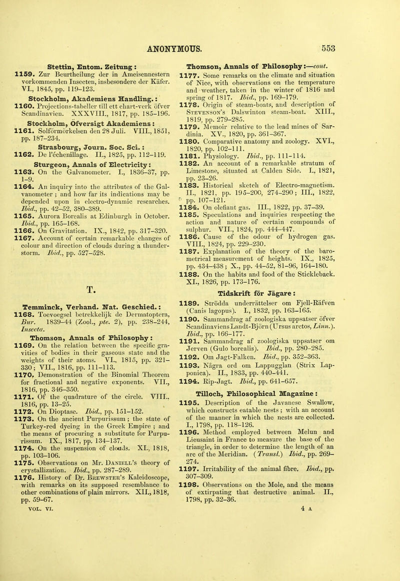 Stettin, Entom. Zeitung: 1159. Zur BeurtheiluDg der in Ameisennestern vorkommenden Insecten, insbesondere der Kafer. VI., 1845, pp. 119-123. Stockholm, Akademiens Handling.: 1160. Projections-tabeller till ett chart-verk ofver Scandinavien. XXXVIII., 1817, pp. 185-196. Stockholm, Ofversigt Akademiens: 1161. Solformorkelsen den 28 Juli. VIII., 1851, pp. 187-234. Strasbourg, Journ. Soc. Sci.: 1162. De recheniUage. II., 1825, pp. 112-119. Sturgeon, Annals of Electricity: 1163. On the Galvanometer. I., 1836-37, pp. 1-9. 1164. An inquiry into the attributes of the Gal- vanometer ; and how far its indications may be depended upon in electro-dynamic researches. Ibid., pp. 42-52, 380-389. 1165. Aurora Borealis at Edinburgh in October. Ibid., pp. 165-168. 1166. On Gravitation. IX., 1842, pp. 317-320. 1167. Account of certain remarkable changes of colour and direction of clouds during a thunder- storm. Ibid., pp. 527-528. T. Temminck, Verhand. Nat. Geschied.: 1168. Toevoegsel betrekkelijk de Dermatoptera, Bur. 1839-44 (ZooL, ;j<e. 2), pp. 238-244, hiseeta. Thomson, Annals of Philosophy: 1169. On the relation between the specific gra- vities of bodies in their gaseous state and the weights of their atoms. VI., 1815, pp. 321- 330; VII., 1816, pp. 111-113. 1170. Demonstration of the Binomial Theorem for fractional and negative exponents. VII., 1816, pp. 346-350. 1171. Of the quadrature of the circle. VIIL, 1816, pp. 13-25. 1172. On Dioptase. Ibid., pp. 151-152. 1173. On the ancient Purpurissum ; the state of Turkey-red dyeing in the Greek Empire ; and the means of procuring a substitute for Purpu- rissum. IX., 1817, pp. 134-137. 1174. On the suspension of clouds. XL, 1818, pp. 103-106. 1175. Observations on Mr. Daniell's theory of crystallization. Ibid., pp. 287-289. 1176. History of D,r. Bkewster's Kaleidoscope, with remarks on its supposed resemblance to other combinations of plain mirrors. XII., 1818, pp. 59-67. VOL. VI. Thomson, Annals of Philosophy:—cont. 1177. Some remarks on the climate and situation of Nice, with observations on the temperature and weather, taken in the winter of 1816 and spring of 1817. Ibid., pp. 169-179. 1178. Origin of steam-boats, and description of Stevenson's Dalswinton steam-boat. XIII., 1819, pp. 279-285. 1179. Memoir relative to the lead mines of Sar- dinia. XV., 1820, pp. 361-367. 1180. Comparative anatomy and zoology. XVL, 1820, pp. 102-111. 1181. Physiology. Ibid., pp. 111-114. 1182. An account of a remarkable stratum of Limestone, situated at Calden Side. I., 1821, pp. 23-26. 1183. Historical sketch of Electro-magnetism. IL, 1821, pp. 195-200, 274-290; IIL, 1822, pp. 107-121. 1184. On defiant gas. IIL, 1822, pp. 37-39. 1185. Speculations and inquiries respecting the action and nature of certain compounds of sulphur. VII., 1824, pp. 444-447. 1186. Cause of the odour of hydrogen gas. VIIL, 1824, pp. 229-230. 1187. Explanation of the theory of the baro- metrical measurement of heights. IX.. 1825, pp. 434-438; X., pp. 44-52, 81-96, 164-180. 1188. On the habits and food of the Stickleback. XL, 1826, pp. 173-176, Tidskrift for Jagare: 1189. Strodda underrattelser om Fjell-Rafven (Canis lagopus). I., 1832, pp. 163-165. 1190. Sammandrag af zoologiska uppsatser ofver ScandinaviensLandt-Bjorn (Ursus arctos. Linn.'). Ibid., pp. 166-177. 1191. Sammandrag af zoologiska uppsatser om Jerven (Gulo borealis). Ibid., pp. 280-285. 1192. Om Jagt-Falken. Ibid., pp. 352-363. 1193. Nagra ord om Lappugglan (Sti'ix Lap- ponica). IL, 1833, pp. 440-441. 1194. Eip-Jagt. Ibid., pp. 641-657. Tilloch, Philosophical Magazine: 1195. Description of the Javanese Swallow, which constructs eatable nests ; with an account of the manner in which the nests are collected. L, 1798, pp. 118-126. 1196. Method employed between Melun and Lieusaint in France to measure the base of the triangle, in order to determine the length of an arc of the Meridian. ( Transl.) Ibid., pp. 269- 274. 1197. Irritability of the animal fibre. Ibid., pp. 307-309. 1198. Observations on the Mole, and the means of extirpating that destructive animal. IL, 1798, pp. 32-36. 4 A