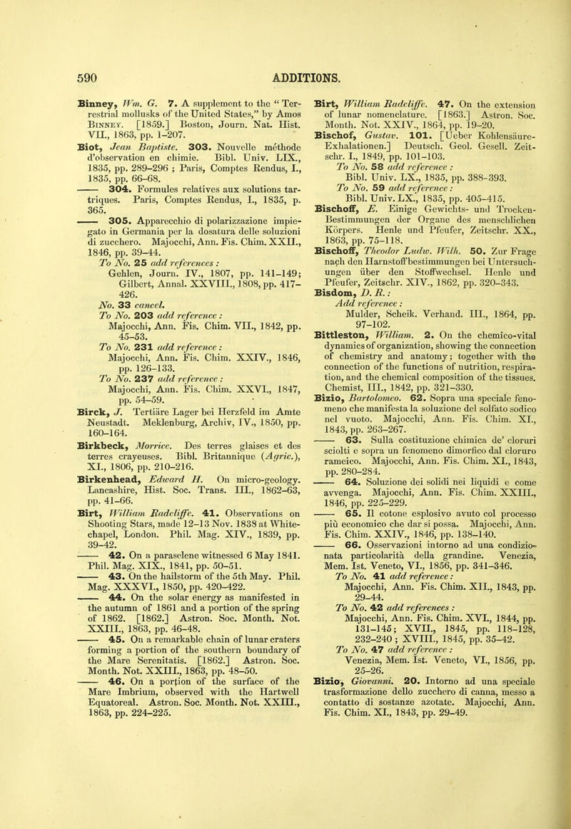 Binney^ Wm. G. 7. A supplement to the  Ter- restrial mollusks of the United States, by Amos BiNNEY. [1859.] Boston, Journ. Nat. Hist. Vn., 1863, pp. 1-207. Biot, Jean Baptiste. 303. Nouvelle metliode d'observation en chimie. Bibl. Univ. LIX., 1835, pp. 289-296 ; Paris, Comptes Rendus, I., 1835, pp. 66-68. 304. Formules relatives aux solutions tar- triques. Paris, Comptes Rendus, I., 1835, p. 365. —— 305. Apparecchio di polarizzazione impie- gato in Germania per la dosatura delle soluzioni di zucchero. Majocchi, Ann. Fis. Chim. XXII., 1846, pp. 39-44. To No. 25 add references : Gehlen, Journ. IV., 1807, pp. 141-149; Gilbert, Annal. XXVIII., 1808, pp. 417- 426. No. 33 cancel. To No. 203 add reference : Majocchi, Ann. Fis, Chim. VII,, 1842, pp, 45-53. To No. 231 add reference : Majocchi, Ann. Fis. Chim. XXIV., 1846, pp. 126-133. To No. 237 add reference : Majocchi, Ann. Fis. Chim. XXVI., 1847, pp. 54-59. Birck, J. Tertiiire Lager bei Herzfeld im Amte Neustadt. Meklenburg, Archiv, IV., 1850, pp. 160-164. Birkbeck, Morrice. Des terres glaises et des terres crayeuses. Bibl. Britaanique {Agric), XL, 1806, pp. 210-216. Birkenhead, Edward H. On micro-geology. Lancashire, Hist, Soc. Trans. III., 1862-63, pp. 41-66. Birt, Williatn Radcliffe. 41. Observations on Shooting Stars, made 12-13 Nov. 1838 at White- chapel, London. Phil. Mag. XIV., 1839, pp. 39-42, '■ 42. On a paraselene witnessed 6 May 1841, Phil. Mag. XIX., 1841, pp. 50-51. • 43. On the hailstorm of the 5th May. Phil, Mag. XXXVI., 1850, pp. 420-422. -— 44. On the solar energy as manifested in the autumn of 1861 and a portion of the spring of 1862. [1862.1 Astron. Soc. Month. Not. XXIIL, 1863, ppT 46-48. 45. On a remarkable chain of lunar craters forming a portion of the southern boundary of the Mare Serenitatis. [1862.] Astron. Soc. Month. Not. XXm., 1863, pp. 48-50. 46. On a portion of the surface of the Mare Imbrium, observed with the Hartwell Equatoreal. Astron, Soc, Month. Not. XXIIL, 1863, pp. 224-225, Birt, William Badcliffe. 47. On the extension of lunar nomenclature. [1863.] Astron. Soc. Month. Not. XXIV., 1864, pp. 19-20. Bischof, Gustav. 101. [Ueber Kohlensaure- Exhalationen.] Deutsch. Geol. Gesell. Zeit- schr. I., 1849, pp. 101-103. To No. 58 add reference : Bibl. Univ. LX., 1835, pp. 388-393. To No. 59 add reference : Bibl. Univ. LX.*, 1835, pp. 405-415. Bischoff, E. Einige Gewichts- und Trocken- Bestimmungen der Oi'gane des menschlichen Korpers. Henle und Pfcufer, Zeitschr. XX., 1863, pp. 75-118. Bischoff, Theodor Ludw. Wilh. 50. Zur Frage nach den Harnstoffbestimmungen bei Untersuch- ungen iiber den Stoffwechsel. Henle und Pfeufer, Zeitschr. XIV., 1862, pp. 320-343. Bisdom, D. R.: Add reference : Mulder, Scheik. Verhand. III., 1864, pp. 97-102. Bittleston, William. 2. On the chemico-vital dynamics of organization, showing the connection of chemistry and anatomy; together with the connection of the functions of nutrition, respira- tion, and the chemical composition of the tissues. Chemist, III., 1842, pp. 321-330. Bizio, Bartolomeo. 62. Sopra una speciale feno- meno che manifesta la soluzione del solfato sodico nel vuoto. Majocchi, Ann. Fis. Chim. XL, 1843, pp. 263-267. 63. Sulla costituzione chimica de' cloruri sciolti e sopra un fenomeno dimorfico dal cloruro rameico. Majocchi, Ann. Fis. Chim. XL, 1843, pp.280-284. 64. Soluzione dei solidi nei liquidi e come avvenga. Majocchi, Ann. Fis. Chim. XXIIL, 1846, pp. 225-229. 65. II cotone esplosivo avuto col processo piu economico che dar si possa. Majocchi, Ann. Fis. Chim. XXIV., 1846, pp. 138-140. 66. Osservazioni intorno ad una condizio- nata particolarita della grandine. Venezia, Mem, 1st, Veneto, VI., 1856, pp, 341-346, To No. 41 add reference : Majocchi, Ann. Fis. Chim, XIL, 1843, pp. 29-44. To No. 42 add references : Majocchi, Ann. Fis. Chim, XVL, 1844, pp. 131-145; XVII., 1845, pp. 118-128, 232-240 ; XVIIL, 1845, pp. 35-42. To No. 47 add reference : Venezia, Mem. 1st. Veneto, VI., 1856, pp. 25-26, Bizio^ Giovanni. 20. Intorno ad una speciale trasformazione dello zucchero di canna, messo a contatto di sostanze azotate, Majocchi, Ann. Fis. Chim, XL, 1843, pp. 29-49.