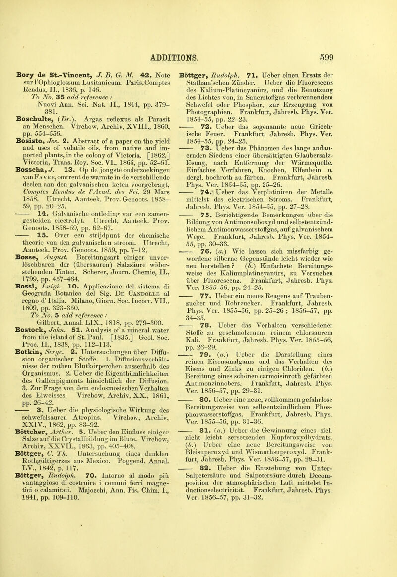 Bory de St.-Vincent, J. B. G. M. 42. Note sur rOphioglossum Lusitanicum. Paris,Comptes Rendus, II., 1836, p. 146. To No. 35 add reference : Nuovi Ann. Sci. Nat. II., 1844, pp. 379- 381. Boschulte, {Dr.). Argas reflexus als Parasit an Menschen. Virchow, Archiv, XVIII., 1860, pp. 554-556. Bosisto, Jos. 2. Abstract of a paper on the yield and uses of volatile oils, from native and im- ported plants, in the colony of Victoria. [1862.] Victoria, Trans. Roy. Soc. VI., 1865, pp. 52-61. Bosscha, <7. 13. Op de jongste onderzoekingen van Favee, omtrent de warmte in de verschillende deelen aan den galvanischen keten voorgebragt, Comptes Rendus de VAcad. des Sci. 29 Mars 1858. Utrecht, Aanteek. Prov. Genoots. 1858- 59, pp. 20-25. • • 14. Galvanische ontleding van een zamen- gestelden electrolyt. Utrecht, Aanteek. Prov. Genoots. 1858-59, pp. 62-67. 15. Over een strijdpunt der chemische theorie van den galvanischen stroom. Utrecht, Aanteek. Prov. Genoots. 1859, pp. 7-12. Bosse, August. Bereitungsart einiger unver- loschbaren der (iibersauren) Salzsaure wider- stehenden Tinten. Scherer, Journ. Chemie, II., 1799, pp. 457-464. Bossi, Luigi. 10, Applicazione del sistema di Geografia Botanica del Sig. De Candolle al regno d' Italia. Milano, Giorn. Soc. Incorr. VII., 1809, pp. 323-350. To No. 5 add reference : Gilbert, Annal. LIX., 1818, pp. 279-300. Bostock, John. 51. Analysis of a mineral water from the island of St. Paul. [1835.] Geol. Soc. Proc. II., 1838, pp. 112-113. Botkin, Serge. 2. Untersuchungen iiber Diffu- sion organischer Stoffe. 1. Diffusionsverhalt- nisse der rothen Blutkorperchen ausserhalb des Organismus. 2. Ueber die Eigenthiimlichkeiten des Gallenpigments hinsichtlich der Diffusion. 3. Zur Frage von dem endosmosischen Verhalten des Eiweisses. Virchow, Archiv, XX., 1861, pp.-26-42. • 3. Ueber die physiologische Wirkung des schwefelsauren Atropins. Virchow, Archiv, XXIV., 1862, pp. 83-92. Bottcher, Arthur. 5. Ueber den Einfluss einiger Salze auf die Crystallbildung im Blute. Virchow, Archiv, XXVII., 1863, pp. 405-408. Bottger, C Th. Untersuchung eines dunklen Rothgiiltigerzes aus Mexico. Poggend. Annal, LV., 1842, p. ] 17. Bottger, Rudolph. 70. Intorno al modo piu vantaggioso di costruire i comuni ferri magne- tici o calamitati. Majocchi, Ann, Fis. Chim. I,, 1841, pp. 109-110. Bottger, Rudolph. 71. Ueber einen Ersatz der Statham'schen Ziinder, Ueber die Fluorescenz des Kalium-Platincyaniirs, und die Benutzung des Lichtes von, in Sauerstoffgas verbrennendem Schwefel oder Phosphor, zur Erzeugung von Photographien. Frankfurt, Jahresb. Phys, Ver, 1854-55, pp. 22-23, 72. Ueber das sogenannte neue Griech- ische Feuer, Frankfurt, Jahresb, Phys, Ver. 1854-55, pp.24-25. 73. Ueber das Phanomen des lange andau- ernden Siedens einer iibersattigten Glaubersalz- losung, nach Entfernung der Wannequelle. Einfaches Verfahren, Knochen, Elfenbein u. dergl. hochroth zu farben. Frankfurt, Jahresb. Phys. Ver. 1854-55, pp. 25-26. 74. Ueber das Verplatiniren der Metalle mittelst des electrischen Stroms. Frankfurt, Jahresb. Phys. Ver. 1854-55, pp. 27-28. 75. Berichtigende Bemerkungen iiber die Bildung von Antimonsuboxyd und selbstentziind- lichem Antimonwasserstoffgas, auf galvanischem Wege. Frankfurt, Jahresb. Phys, Ver, 1854- 55, pp. 30-33. 76. (a.) Wie lassen sich missfarbig ge- wordene silberne Gegenstiinde leicht wieder wie neu herstellen(6.) Einfachste Bereitungs- weise des Kaliumplatincyaniirs, zu Versuchen iiber Fluorescenz. Frankfurt, Jahresb. Phys, Ver, 1855-56, pp, 24-25, 77. Ueber ein neues Reagens auf Trauben- zucker und Rohrzucker. Frankfurt, Jahresb. Phys. Ver. 1855-56, pp. 25-26 ; 1856-57, pp. 34-35. • 78. Ueber das Verhalten verschiedener Stoffe zu geschmolzenem reinem chlorsaurem Kali. Frankf.jrt, Jahresb. Phys. Ver. 1855-56, pp. 26-29. 79. (a.) Ueber die Darstellung eines reinen Eisenamalgams und das Verhalten des Eisens und Zinks zu einigen Chloriden. (6.) Bereitung eines schonen carmoisinroth gefiirbten Autimonzinnobers. Frankfurt, Jahresb. Phys, Ver. 1856-57, pp. 29-31. 80. Ueber eine neue, voUkommen gefahrlose Bereitungsweise von selbsentziindlichem Phos- phorwasserstoffgas. Frankfurt, Jahresb, Phys, Ver. 1855-56, pp. 31-36. 81. (a.) Ueber die Gewinnung eines sich nicht leicht zersetzenden Kupferoxydhydrats. (6.) Ueber eine neue Bereitungsweise von Bleisuperoxyd und Wismuthsuperoxyd, Frank- furt, Jahresb, Phys. Ver. 1856-57, pp. 28-31. 82. Ueber die Entstehung von Unter- Salpetersiiure und Salpetersaure durch Decom- position der atmospharischen Luft mittelst In- ductionselectricitat. Fi-ankfurt, Jahresb. Phys, Ver, 1856-57, pp. 31-32.