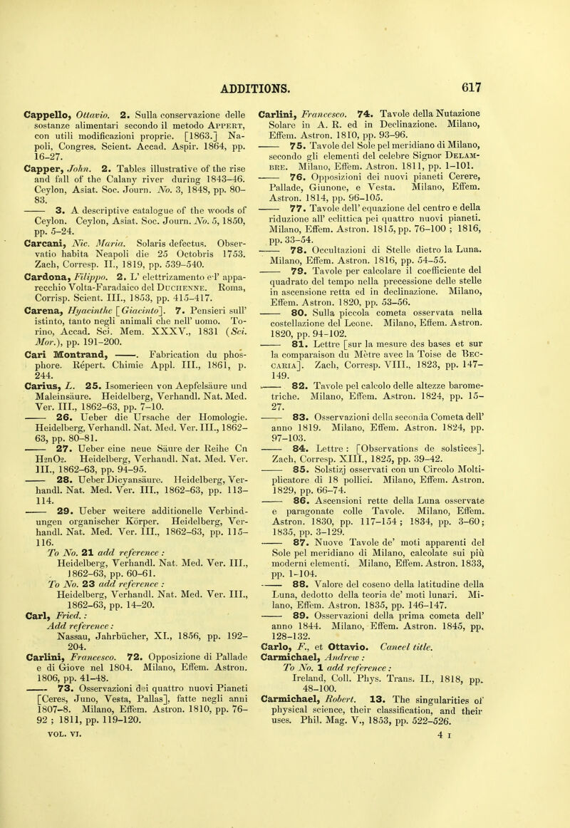 Cappello, Ottavio. 2. Sulla conservazione delle sostanze alimentari secondo il metodo Appert, con utili modificazioni proprie. [1863.J Na- poli, Congres. Scient. Accad. Aspir. 1864, pp. 16-27. Capper, John. 2. Tables illustrative of the rise and fall of the Calany river during 1843-46. Ceylon, Asiat. Soc. Journ. No. 3, 1848, pp. 80- 83. 3. A descriptive catalogue of the woods of Ceylon. Ceylon, Asiat. Soc. Journ. jVo. 5,1850, pp. 5-24. Carcani, Nic. Maria. Solaris defectus. Obsev- vatio habita Neapoli die 25 Octobris 1753. Zach, Corresp. II., 1819, pp. 539-540. Cardona, Filippo. 2. L' elettrizamento e l' appa- recchio Volta-Faradaico del Duchenne. Roma, Corrisp. Scient. III., 1853, pp. 415-417. Carena, Hyacinthe \^Giacinto'\. 7. Pensieri sull' istinto, tanto negli animali cbe nell' uomo. To- rino, Accad. Sci. Mem. XXXV., 1831 {Sci. Mar.), pp. 191-200. Cari Montrand, . Fabrication du phos- phore. Repert. Chimie Appl. III., 1861, p. 244. Carius, L. 25. Isomerieen von Aepfelsaure imd Maleinsaure. Heidelberg, Verhandl. Nat. Med. Ver. III., 1862-63, pp. 7-10. 26. Ueber die Ursache der Homologie. Heidelberg, Verhandl. Nat. Med. Ver. III., 1862- 63, pp. 80-81. 27. Ueber eine neue Saure der Reihe Cn H2n02. Heidelberg, Verhandl. Nat. Med. Ver. HI., 1862-63, pp. 94-95. 28. Ueber Dicyansaure. Heidelberg, Ver- handl. Nat. Med. Ver. III., 1862-63, pp. 113- 114. —— 29. Ueber v?eitere additionelle Verbind- ungen organischer Korper. Heidelbei'g, Ver- handl. Nat. Med. Ver. III., 1862-63, pp. 115- 116. To No. 21 add reference : Heidelberg, Verhandl. Nat. Med. Ver. III., , 1862-63, pp. 60-61. To No. 23 add reference : Heidelberg, Verhandl. Nat. Med. Ver. III., 1862-63, pp. 14-20. Carl, Fried. : Add reference : Nassau, Jahrbiicher, XI., 1856, pp. 192- 204. Carlini, Francesco. 72. Opposizione di Pallade e di Griove nel 1804. Milano, ElFem. Astron. 1806, pp. 41-48. 73. Osservazioni d )i quattro nuovi Pianeti [Ceres, Juno, Vesta, Pallas], fatte negli anni 1807-8. Milano, Effem. Astron. 1810, pp. 76- 92 ; 1811, pp.119-120. VOL. VT. Carlini, Francesco. 74. Tavole della Nutazione Solare in A. R. ed in Declinazione. Milano, Effem. Astron. 1810, pp. 93-96. 75. Tavole del Sole pel meridiano di Milano, secondo gli elementi del celebre Signer Delam- BRE, Milano, Effem. Astron. 1811, pp. 1-101. 76. Opposizioni dei nuovi pianeti Cerere, Pallade, Giunoue, e Vesta. Milano, Effem. Astron. 1814, pp. 96-105. 77. Tavole dell' equazione del centro e deUa riduzione all' eclittica pei quattro nuovi pianeti. Milano, Effem. Astron. 1815, pp. 76-100 ; 1816, pp. 33-54. 78. Occultazioni di Stelle dietro la Luna. Milano, Effem. Astron. 1816, pp. 54-55. 79. Tavole per calcolare il coefEciente del quadrate del tempo nella precessione delle steUe in ascensione retta ed in declinazione. Milano, Effem. Astron. 1820, pp. 53-56. 80. Sulla piccola cometa osservata nella costellazione del Leone. Milano, Effem. Astron. 1820, pp. 94-102. 81. Lettre [sur la mesure des bases et sur la comparaison du Metre avec la Toise de Bec- caria]. Zach, Corresp. VIII., 1823, pp. 147- 149. ■- 82. Tavole pel calcolo delle altezze barome- triche. Milano, Effem. Astron. 1824. pp. 15- 27. 83. Osservazioni della seconda Cometa dell' anno 1819. Milano, Effem. Astron. 1824, pp. 97-103. 84. Lettre : [Observations de solstices]. Zach, Corresp. XIIl, 1825, pp. 39-42. 85. Solstizj osservati con un Circolo Molti- plicatore di 18 pollici. Milano, Effem. Astron. 1829, pp. 66-74. 86. Ascensioni rette della Luna osservate e paragonate colle Tavole. Milano, Effem.. Astron. 1830, pp. 117-154; 1834, pp. 3-60; 1835, pp. 3-129. 87. Nuove Tavole de' moti apparenti del Sole pel meridiano di Milano, calcolate sui piia moderni elementi. Milano, Effem. Astron. 1833, pp. 1-104. 88. Valore del coseno della latitudine della Luna, dedotto della teoria de' moti lunari. Mi- lano, Effem. Astron. 1835, pp. 146-147. 89. Osservazioni della prima cometa dell' anno 1844. Milano, Effem. Astron. 1845, pp, 128-132. Carlo, F., et Ottavio. Cancel title. Carmichael, A-ndrew : To No. 1 add reference: Ireland. CoU.'Phys. Trans. IL, 1818, pp. 48-100. Carmichael, Robert. 13. The singularities of physical science, their classification, and their uses. Phil. Mag, V., 1853, pp. 522-526. 4 I