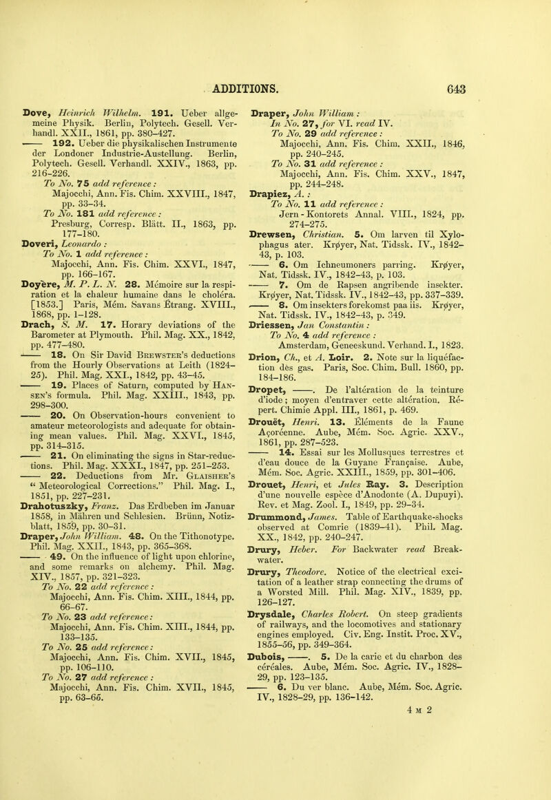 Dove, Heinrich Wilhelm. 191. Ueber allge- meine Physik. Berlin, Polytech. Gesell. Ver- handl. XXII., 1861, pp. 380-427. ■ 192. Ueber die physikaliscben Instrumente der Londoner Industrie-Austellung. Berlin, Polytech. Gesell. Verhandl. XXIV., 1863, pp. 216-226. To No. 75 add reference : Majocchi, Ann.Fis. Chim. XXVIII., 1847, pp. 33-34, To No. 181 add reference : Presburg, Corresp. Blatt. II., 1863, pp. 177-180. Doveri, Leonardo : To No. 1 add reference : Majocchi, Ann. Fis. Chim. XXVI., 1847, pp. 166-167. Doyere, M. P. L. N. 28. Memoire sur la respi- ration et la chaleur humaine dans le cholera. [1853.] Paris, Mem. Savans Strang. XVIII., 1868, pp. 1-128. Drach, S. M. 17. Horary deviations of the Barometer at Plymouth. Phil. Mag. XX., 1842, pp. 477-480. 18. On Sir David Brewster's deductions from the Hourly Observations at Leith (1824- 25). Phil. Mag. XXI., 1842, pp. 43-45. —— 19. Places of Saturn, computed by Han- sen's formula. Phil. Mag. XXIII., 1843, pp. 298-300. —— 20. On Observation-hours convenient to amateur meteorologists and adequate for obtain- ing mean values. Phil. Mag. XXVI., 1845, pp. 314-315. ■ 21. On eliminating the signs in Star-reduc- tions. Phil. Mag. XXXI., 1847, pp. 251-253. 22. Deductions from Mr. Glaisher's *' Meteorological Corrections. Phil. Mag. I., 1851, pp. 227-231, Drahotuszky, Franz. Das Erdbeben im Januar 1858, in Mahren und Schlesien. Briiun, Notiz- blatt, 1859, pp. 30-31. Draper, Jolm William. 48. On the Tithonotype. Phil. Mag. XXII., 1843, pp. 365-368. ' 49. On the influence of light upou chlorine, and some remarks on alchemy. Phil. Mag. XIV., 1857, pp. 321-323. To No. 22 add reference : Majocchi, Ann. Fis. Chim. XIII., 1844, pp. 66-67. To No. 23 add reference: Majocchi, Ann. Fis. Chim. XHI., 1844, pp. 133-135. To No. 25 add reference: Majocchi, Ann. Fis. Chim. XVII., 1845, pp. 106-110. To No. 27 add reference : Majocchi, Ann. Fis. Chim. XVIl., 1845, pp. 63-65. Draper, John William : In No. 27, for VI. read IV. To No. 29 add reference : Majocchi, Ann. Fis. Chim. XXII., 1846, pp. 240-245. To No. 31 add reference : Majocchi, Ann. Fis. Chim. XXV., 1847, pp. 244-248. Drapiez, A. : To No. 11 add reference : Jern - Kontorets Annal. VIII., 1824, pp. 274-275. Drewsen, Christian. 5. Om larven til Xylo- phagus ater. Krjziyer, Nat. Tidssk. IV., 1842- 43, p. 103. 6. Om Ichneumoners parring. Krjz^yer, Nat. Tidssk. IV., 1842-43, p. 103. 7. Om de Rapsen angi'ibende insekter. Kr^yer, Nat. Tidssk. IV., 1842-43, pp. 337-339. 8. Om insekters forekomst paa iis. Kr^yer, Nat. Tidssk. IV., 1842-43, p. 349. Driessen, Jan Constantin : To No. 4 add reference : Amsterdam, Geneeskund. Verhand. I,, 1823. Drion, Ch., et A. Loir. 2. Note sur la liquefac- tion des gas. Paris, Soc. Chim. Bull. 1860, pp. 184-186. Dropet, . De I'alteration de la teinture d'iode; moyen d'entraver cette alteration. Re- pert. Chimie Appl. III., 1861, p. 469. Drouet, Henri. 13. Elements de la Faune A9oreenne. Aube, Mem. Soc. Agric. XXV., 1861, pp. 287-523. 14. Essai sur les Mollusques terrestres et d'eau douce de la Guyane Fran9aise. Aube, Mem. Soc. Agric. XXIII., 1859, pp. 301-406. Drouet, Henri, et Jules Bay. 3. Description d'une nouvelle espece d'Anodonte (A. Dupuyi). Rev. et Mag. Zool. I., 1849, pp. 29-34. Drummond, James. Table of Earthquake-shocks observed at Comrie (1839-41). Phil, Mag. XX., 1842, pp. 240-247. Drury, Heber. For Backwater read Break- water. Drury, Theodore. Notice of the electrical exci- tation of a leather strap connecting the drums of a Worsted Mill. Phil. Mag. XIV., 1839, pp. 126-127. Drysdale, Charles Robert. On steep gradients of railways, and the locomotives and stationary engines employed. Civ. Eng. Instit. Proc. XV., 1855-56, pp. 349-364. Dubois, . 5. De la carie et du charbon des cereales. Aube, Mem. Soc. Agric. IV., 1828- 29, pp. 123-135. . 6. Du ver blanc. Aube, Mem. Soc. Agric. IV., 1828-29, pp. 136-142. 4 M 2