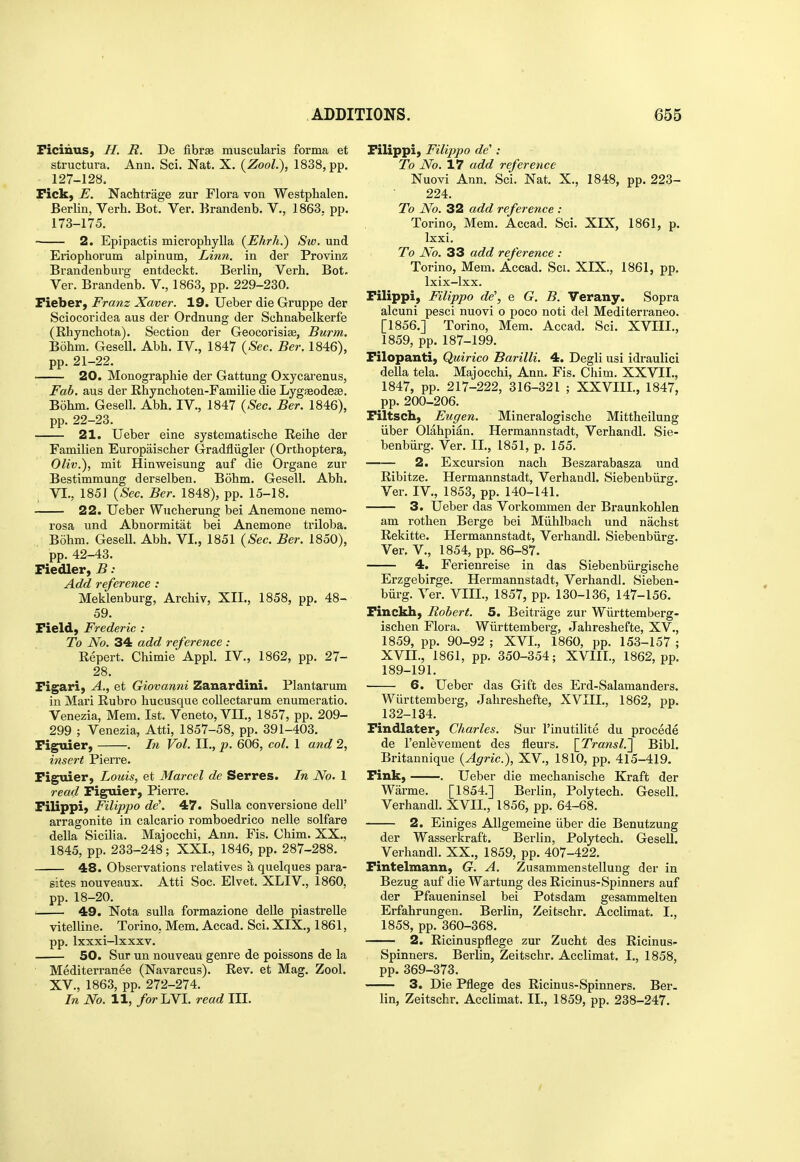 Ficinus, H. R. De fibr« muscularis forma et structura, Ann. Sci. Nat. X. {Zool.), 1838, pp. 127-128. Fick, E. Nachtrage zur Flora von Westphalen. Berlin, Verb. Bot. Ver. Brandenb. V., 1863. pp. 173-175. 2. Epipactis micropliylla {Ehrk.) Sw. und Eriophorum alpinum. Linn, in der Provinz Brandenburg entdeckt. Berlin, Verb. Bot. Ver. Brandenb. V., 1863, pp. 229-230. Fieber, Franz Xaver. 19. Ueber die Gruppe der Sciocoridea aus der Ordnung der Schnabelkerfe (Rbynchota). Section der Geocorisise, Burm. Bohm. Gesell. Abh. IV., 1847 {Sec. Ber. 1846), pp. 21-22. 20. Monographie der Gattung Oxycarenus, Fab. aus der Rhyncboten-Familie die Lygseodese. Bohm. Gesell. Abh. IV., 1847 {Sec. Ber. 1846), pp. 22-23. 21. Ueber eine systematische Reihe der Familien Europaischer Gradfliigler (Orthoptera, Oliv.), mit Hinweisung auf die Organe zur Bestimmung derselben. Bohm. Gesell. Abh. VI., 185] {Sec. Ber. 1848), pp. 15-18. 22. Ueber Wucherung bei Anemone nemo- rosa und Abnormitat bei Anemone triloba. Bohm. Gesell. Abh. VI., 1851 {Sec. Ber. 1850), pp. 42-43. Fiedler, B : Add reference : Meklenburg, Archiv, XII., 1858, pp. 48- 59. Field) Frederic : To No. 34 add reference : Eepert. Chimie Appl. IV., 1862, pp. 27- 28. Figari, A., et Giovanni Zanardini. Plantarum in Mari Rubro hucusque collectarum enumeratio. Venezia, Mem. 1st. Veneto,VII., 1857, pp. 209- 299 ; Venezia, Atti, 1857-58, pp. 391-403. Figuier, . I?i Vol. II., p. 606, col. 1 and 2, insert Pierre. Figuier, Louis, et Marcel de Serres. In No. 1 read Figuier, Pierre. Filippi, Filippo de'. 47. Sulla conversione dell' arragonite in calcario romboedrico nelle solfare della SiciKa. Majocchi, Ann. Fis. Chim. XX., 1845, pp. 233-248; XXL, 1846, pp. 287-288. 48. Observations relatives a quelques para- sites nouveaux. Atti Soc. Elvet. XLIV., 1860, pp. 18-20. ^ 49. Nota sulla formazione delle piastreUe vitelline. Torino, Mem. Accad. Sci. XIX., 1861, pp. Ixxxi-lxxxv. 50. Sur un nouveau genre de polssons de la Mediterranee (Navarcus). Rev. et Mag. Zool. XV., 1863, pp. 272-274. In No. 11, /orLVI. read III. Filippi, Filippo de' : To No. 17 add reference Nuovi Ann. Sci. Nat. X., 1848, pp. 223- 224. To No. 32 add reference : Torino, Mem. Accad. Sci. XIX, 1861, p. Ixxi. To No. 33 add reference : Torino, Mem. Accad. Sci. XIX., 1861, pp. Ixix-lxx. Filippi, Filippo de', e G. B. Verany. Sopra alcuni pesci nuovi o poco noti del Mediterranee. [1856.] Torino, Mem. Accad. Sci. XVIII., 1859, pp. 187-199. Filopanti, Quirico Barilli. 4. Degli usi idi'aulici della tela. Majocchi, Ann. Fis. Chim. XXVII., 1847, pp. 217-222, 316-321 ; XXVIII., 1847, pp. 200-206. Filtsch, Eugen. Mineralogische Mittheilung iiber Olahpian. Hermannstadt, Verhandl. Sie- benbiirg. Ver. II., 1851, p. 155. 2. Excursion nach Beszarabasza und Ribitze. Hermannstadt, Verhandl. Siebenbiirg. Ver. IV., 1853, pp. 140-141. 3. Ueber das Vorkommen der Braunkohlen am rothen Berge bei Miihlbach und nachst Rekitte. Hermannstadt, Verhandl. Siebenbiirg. Ver. v., 1854, pp. 86-87. 4. Ferienreise in das Siebenbiirgische Erzgebirge. Hermannstadt, Verhandl. Sieben- biirg. Ver. VIII., 1857, pp. 130-136, 147-156. Finckh, Robert. 5. Beitrage zur Wiirttemberg- ischen Flora. Wiirttemberg, Jahreshefte, XV., 1859, pp. 90-92 ; XVI., 1860, pp. 153-157 ; XVn., 1861, pp. 350-354; XVIII., 1862, pp. 189-191. 6. Ueber das Gift des Erd-Salamanders. Wiirttemberg, Jahreshefte, XVIII., 1862, pp. 132-134. Findlater, Charles. Sur I'inutilite du procede de I'enlevement des fleurs. \_Transl.'\ Bibl. Britannique {Agric), XV., 1810, pp. 415-419. Fink, . Ueber die mechanische Kraft der Warme. [1854.] Berlin, Poly tech. Gesell. Verhandl. XVII., 1856, pp. 64-68. 2. Einiges AUgemeine iiber die Benutzung der Wasserkraft. Berlin, Polytech. Gesell. Verhandl. XX., 1859, pp. 407-422. Fintelmann, G. A. Zusammenstellung der in Bezug auf die Wartung des Ricinus-Spinners auf der Pfaueninsel bei Potsdam gesammelten Erfahrungen. Berlin, Zeitschr. Acclimat. I., 1858, pp. 360-368. 2. Ricinuspflege zur Zucht des Ricinus.- Spinners. Berlin, Zeitschr. Acclimat. I., 1858, pp. 369-373. 3. Die Pflege des Ricinus-Spinners. Ber. lin, Zeitschr. Acclimat. II., 1859, pp. 238-247. /