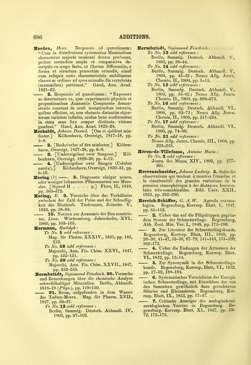 HerdeU) Henr. Responsio ad qusestionem:  Cum in distributione systematica Mammalium characteres majoris momenti dentes prabeant, petitur eorundem ampla et comparativa de- scriptio eo scopo facta, ut illorum differentiis, e forma et structura prjesertim oriundis, siraul cum reliquis notis characteristicis stabiliantur classes ac ordines ad quos animalia ilia vertebrata (mammifera) pertinent. Gand, Ann, Acad. 1821-22. 2. Responsio ad quffistionem :  Exponere ac determinare ea, quae experimentis physicis et propositionibus Anatomic Comparatae demon- stratis constant de oculi mntationibus internis, quibus efficitur, ut, non obstante distantly objec- torum varietate infinita, oculus bene conformatus in statu sano fere semper distincta visione gaudeat. Gand, Ann. Acad. 1823-24. Herholdt) Johann Daniel. [Om et sjeldent mis- foster.] Kiobenhavn, Oversigt, 1817-18, pp. 5- 8. 2. [Beskrivelse af fire misfoster.] Kioben- havn, Oversigt, 1827-28, pp. 6-9. 3. [Undersogelser over Snogene.] Kio- benhavn, Oversigt, 1829-30, pp. 4-12. . 4. [Undersogelser over Snogen (Coluber natrix).]. Kiobenhavn, Oversigt, 1830-31, pp. 6- 16. Hering (?) . 3. Diagnosen einiger neuen, oder weniger bekannten Pflanzenarten aus Moes- sler. ISigtiedH . . . . g.] Flora, II., 1819, pp. 563-572. Hering, E. 9. Versiiche iiber das Verhaltniss zwischen der Zahl der Pulse und der Schnellig- keit des Blutlaufs. Tiedemann, Zeitschr. V., 1833, pp. 58-93. 10. Notizen zur Anatomie der Boa consti-ic- tor, Linn. Wiirttemberg, Jahreshefte, XVI., 1860, pp. 103-105. Hermann, Rudolph : To No. 5 add reference: Mag. fiir Pharm. XXXIV., 1831, pp. 181, 212. To No. 58 add reference : Majocchi, Ann. Fis. Chim. XXVI., 1847, pp. 122-131. To No. 59 add reference: Majocchi, Ann. Fis. Chim. XXVII., 1847, pp. 252-253. Hermbstadt, Sigismund Friednch. 90. Versuche und Bemerkungen iiber die chemische Analyse schwefelhaltiger Mineralien. Berlin, Abhandl. 1818-19 {Phys.), pp. 119-130. ~— 91. Brom, aufgefunden in dem Wasser des Todten-Meers. Mag. fiir Pharm. XVII., 1827, pp. 56-57. To No. 12 add reference : Berlin, Sammlg. Deutsch. Abhandl. IV., 1803, pp. 97-102. Hermbstadt, Sigismund Friedrich : To No. 13 add reference : Berlin, Sammlg. Deutsch. Abhandl. V., 1805, pp. 38-44. To No. 14 add references : Berlin, Sammlg. Deutsch. Abhandl. V., 1805, pp. 45-52 ; Neues AUg. Jouin. Chemie, II., 1804, pp. 3-15. To No. 15 add references : Berlin, Sammlg. Deutsch. Abhandl. V., 1805, pp. 53-62 ; Neues Allg. Journ. Chemie, II., 1804, pp. 668-673. To No. 16 add references : Berlin, Sammlg. Deutsch. Abhandl. VI., 1806, pp. 63-73; Neues Allg. Journ. Chemie, II., 1804, pp. 317-334. To No. 17 add reference: Berlin, Sammlg. Deutsch. Abhandl. VI., 1806, pp. 74-90. To No. 21 add reference: Neues Allg. Journ. Chemie, III., 1804, pp. 223-243. Heron-de-Villefosse, Antoine Marie: To No. 2 add reference: Journ. des Mines, XIV., 1803, pp. 277- 301. Herrenschneider, Johann Ludwig. 5. Suite des observations qui tendent a montrer I'etendue et la simultaneite des grandes variations de la pression atmospherique a des distances horizon- tales tres-considerablee. Bibl. Univ. XXII., 1823, pp. 282-290. Herrich-Schaffer, G. A. W. Agenda entomo- logica. Eegensburg, Korresp. Blatt, I., 1847, pp.81-112. 2. Ueber das auf die Fliigelrippen gegriin- dete System der Schmetterlinge. Regensburg, Abh. Zool. Min. Ver. I., 1849, pp. 175-196. 3. Zur Literatur der Schmetterlingskunde. Regensburg, Korresp. Blatt, III., 1849, pp. 26-30, 41-47,53-56, 67-79, 141-144, 151-160, 162-173. 4. Ueber die Endungen der Artnamen der Schmetterlinge. Regensburg, Korresp. Blatt, VI., 1852, pp. 12-14. 5. Zur Synonymik in der Schmetterlings- kunde. Regensbm-g, Korresp. Blatt, VI., 1852, pp. 17-32, 188-194. 6. Systematisches Verzeichniss der Europa- ischen Schmetterlinge, mit Einschluss der von den Sammlern gewohnlich dazu gerechneten Sibirier und Kleinasiaten. Regensburg, Kor- resp. Blatt, IX., 1855, pp. 17-47. . 7. Critische Anzeiger des zoologisch-mi- neralogischen Vereins in Regensburg. Re- gensburg, Korresp. Blatt, XL, 1857, pp. 33- 72, 172-173.