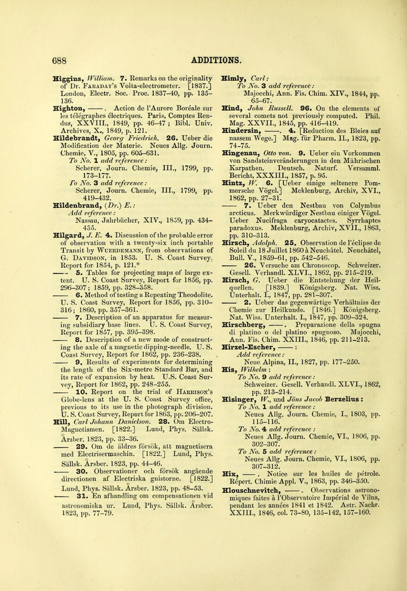 Higgins, William. 7. Remarks on the originality of Dr. Faraday's Volta-electrometer. [1837.] London, Electr. Soc. Proc. 1837-40, pp. 135- 136. Highton, . Action de I'Aurore Boreale sur les telegraphes electriques. Paris, Comptes Ren- du?, XXVIII., 1849, pp. 46-47; Bibl. Univ. Archives, X., 1849, p. 121. Hildebrandt, Georg Friedrich. 26. Ueber die Modification der Materie. Neues Allg. Journ. Chemie, V., 1805, pp. 605-631. To No. 1 add reference: Scherer, Journ. Chemie, III., 1799, pp. 173-177. To No. 3 add reference: Scherer, Journ. Chemie, III., 1799, pp. 419-432. Hildenbrand, (Z>r.) Add reference : Nassau, Jahrbiicher, XIV., 1859, pp. 434- 435. Hilgard, J. E. 4, Discussion of the probable error of observation with a twenty-six inch portable Transit by Wuerdemann, from observations of G. Davidson, in 1853. U. S. Coast Survey. Report for 1854, p. 121.* —~ 5. Tables for projecting maps of large ex- tent. U. S. Coast Survey, Report for 1856, pp. 296-307; 1859, pp. 328-358. 6. Method of testing a Repeating Theodolite. U. S. Coast Survey, Report for 1856, pp. 310- 316; 1860, pp.357-361. 7. Description of an apparatus for measur- ing subsidiary base lines. U. S. Coast Survey, Report for 1857, pp. 395-398. 8. Description of a new mode of construct- ing the axle of a magnetic dipping-needle. U. S. Coast Survey, Report for 1862, pp. 236-238. 9. Results of experiments for determining the length of the Six-metre Standard Bar, and its rate of expansion by heat. U.S. Coast Sur- vey, Report for 1862, pp. 248-255. 10. Report on the trial of Harkisok's Globe-lens at the U. S. Coast Survey office, previous to its use in the photograph division. U. S. Coast Siu-vey, Report for 1863, pp. 206-207. Hill, Carl Johann Danielson. 28. Om Electro- Maguetismen. [1822.] Lund, Phys, Siillsk. Arsber. 1823, pp. 33-36. 29. Om de aldres forsok, att magnetisera med Electrisermaschin. [1822.] Lund, Phys. Sallsk. Arsber. 1823, pp. 44-46. ■ 30. Observationer och forsok ang&ende directionen af Electriska gnistorne. [1822.] Lund, Phys. Sallsk. Arsber. 1823, pp. 48-53. ■ 31. En afhandling om compensationen vid o astronomiska ur. Lund, Phys. Sallsk. Arsber. 1823, pp. 77-79. Himly, Carl: To No. 3 add reference : Majocchi, Ann. Fis. Chim. XIV., 1844, pp. 65-67. Hind, John Russell. 96. On the elements of several comets not previously computed. Phil. Mag. XXVII., 1845, pp. 416-419. Hindersin, . 4. [Reduction des Bleies auf nassem Wege.] Mag. fiir Pharm. II., 1823, pp. 74-75. Hiugenau, Otto von. 9. Ueber ein Vorkommen von Sandsteinveranderungen in den Mahrischen Karpathen. Deutsch. Naturf. Versamml. Bericht, XXXIII., 1857, p. 95. Hintz, W. 6. [Ueber einige seltenere Pom- mersche Vogel.] Meklenburg, Archiv, XVI., 1862, pp. 27-31. 7. Ueber den Nestbau von Colymbus arcticus. Merkwiirdiger Nestbau einiger Vogel. Ueber Nucifraga caryocatactes. Syrrhaptes paradoxus. Meklenbure, Archiv, XVIL, 1863, pp. 310-313. H-irsch., Adolph. 25. Observation de I'eclipse de Soleildu 18 Juillet 1860aNeuchatel. Neuchatel, Bull, v., 1859-61, pp. 542-546. 26. Versuche am Chronoscop. Schweizer^ Gesell. Verhandl. XLVL, 1862, pp. 215-219. Hirsch, G. Ueber die Entstehung der Heil- quellen. [1839.] Konigsberg. Nat. Wiss. Unterhalt. I., 1847, pp. 281-307. 2. Ueber das gegenwartige Verhaltniss der Chemie zur Heilkunde. [1846.] Konigsberg. Nat. Wiss. Unterhalt. I., 1847, pp. 309-324. Hirschberg, . Preparazione della spugna di platino o del platino spugnoso. Majocchi, Ann. Fis. Chim. XXIII., 1846, pp. 211-213. Hirzel-Escher, : Add reference: Neue Alpina, TL, 1827, pp. 177-250. His, Wilhelm : To No. 9 add reference: Schweizer. Gesell. Verhandl. XLVL, 1862, pp. 213-214. Hisinger, W., und Jons Jacob Berzelius : To No. 1 add reference: Neues Allg. Journ. Chemie, I., 1803, pp. 115-116. To No. 4 add reference : Neues Allg. Journ. Chemie, VI., 1806, pp. 302-307. To No. 5 add reference : Neues Allg. Journ. Chemie, VI., 1806, pp. 307-312. Hix, . Notice sur les huiles de petrole. Repert. Chimie Appl. V., 1863, pp. 346-350. Hlouschnevitch, . Observations astrono- miques faites a I'Observatoire Imperial de Vilna, pendant les annees 1841 et 1842. Astr. Nachr. XXJIL, 1846, col. 73-80, 135-142, 157-160.