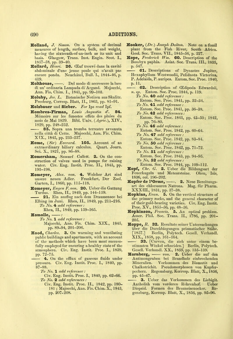 Holland, J. Simon. On a system of decimal measures of length, surface, bulk, and weight, having the sixteenth-of-an-inch as its unit and basis. Glasgow, Trans. Inst. Engin. Scot. I., 1857-58, pp. 39-40. KoUard, Henri. 26. OEuf trouve dans la cavite abdominale d'une jeune poule qui n'avait pas encore pondu. Neuchatel, Bull. 1., 1844-46, p. 419. Holthouse, . Del modo di accrescere la luce di un' ordinaria Lampada di Argand. Majocchi, Ann. Fis. Chim. I., 1841, pp. 99-103. Holuby, Jos. L. Eotanische Notizen aus Skalitz. Presburg, Corresp. Blatt, II., 1863, pp. 81-91. Holzbauer und Sieber. Foi- Ips read Ipf. Hombres-Firmas, Louis Augustin d\ 84. Memoire sur les funestes efFets des pluies du mois de Mai 1829. Bibl. Univ. (Agric), XIV., 1829, pp. 248-252. 85. Sopra una tromba terrestre avvenuta nella citta di Cette. Majocchi, Ann. Fis. Chim. XIX., 1845, pp. 233-237. Home, (Sir) Everard. 105. Account of an extraordinary biliary calculus. Quart. Journ. Sci. X., 1821, pp. 86-88. Homersham, Samuel Collett. 2. On the con- struction of valves used in pumps for raising water. Civ. Eng. Instit. Proc. II., 1843, pp. 195-198. Homeyer} Alex. von. 4. Welcher Art sind unsere neuen Adler. Frankfui't, Der Zool. Garten, I., 1860, pp. 115-118. Homeyer, Eugen F. von. 20. Ueber die Gattung Turdus. Rhea, II., 1849, pp. 144-159. 21. Ein ausflug nach dem Draussensee bei Elbing im Juni. Rhea, II., 1849, pp. 211-216. To No. 4 add reference : Rhea, II., 1849, pp. 159-165. HomoUe, : To No. 1 add reference : Majocchi, Ann. Fis. Chim. XIX., 1845, pp. 89-94, 201-206. Hood, Charles. 3. On warming and ventilating public buildings and apartments, with an account of the methods which ha,ve been most success- fully employed for ensuring a healthy state of the atmosphere. Civ. Eng. Instit. Proc. I., 1839, pp. 72-75. 4. On the efSux of gaseous fluids under pressure. Civ. Eng. Instit. Proc. I., 1840, pp. 87-88. To No. 1 add reference : Civ. Eng. Instit. Proc. I., 1840, pp. 62-66. To No. 2 add references : Civ. Eng. Instit. Proc. II., 1842, pp. 180- 181 ; Majocchi, Ann. Fis. Chim.X., 1843, pp. 207-208. Hooker, (Dr.) Joseph Dalton. Note on a fossil plant from the Fish River, South Africa. Geol. Soc. Trans. VII., 1845-56, p. 227. Hope, Frederick Whi. 60. Description of the Bombyx paphia. Asiat. Soc. Trans. III., 1835, p. 547. 61. Descriptions of Dynastes Jupiter, Hexaphyllum Westwoodii, Pelidnota Victorina, P. Adelaida, P. auripes. Entom. Soc. Proc. 1840, p. 11. 62. Description of Q^dipoda Edwardsii, 71. sp. Entom. Soc. Proc. 1844, p. 119. To No. 40 add reference : Entom. Soc. Proc. 1841, pp. 32-34. To No. 41 add reference : Entom. Soc. Proc. 1841, pp. 36-38. To No. 42 add references : Entom. Soc. Proc. 1841, pp. 43-50; 1842, pp. 76-80. To No. 46 add reference : Entom. Soc. Proc. 1842, pp. 60-64. To No. 47 add reference : Entom. Soc. Proc. 1842, pp. 83-84. To No. 50 add reference : Entom. Soc. Proc. 1842, pp. 71-72. To No. 51 add reference : Entom. Soc. Proc. 1843, pp. 94-95. To No. 52 add reference : Entom. Soc. Proc. 1844, pp. 109-112. Hopf, Chr. G. 2. Ueber die Bildungsart der Feuerkugeln und Meteorsteine. Oken, Isis, 1836, col. 196-202. Hopfer de I'Orme, . 2. Neue Bereitungs- art des chlorsauren Nati'ons. Mag. fiir Pharm. XXX III., 1831, pp. 37-38. Hopkins, Evan. 5. On the vertical structure of the primary rocks, and the general character of of their gold-bearing varieties. Civ. Eng. Instit. Proc. XV., 1855-56, pp. 48-56. Hopkinson, Francis. 5. An optical problem. Amer. Phil. Soc. Trans. II., 1786, pp. 201- 205. Hoppe, R. 32. Resultate seiner Untersuchungen iiber die Durchbiegungen prismatischer Stabe. [1857.] Berlin, Polytech. Gesell. Verhandl. XIX., 1858, pp. 161-164. 33. [Curven, die sich unter einem be- stimmten Winkel schneiden.] Berlin, Polytech. Gesell. Verhandl. XX., 1859, pp. 135-139. Hornberg, ■ von. 2. Ueber die auf den Antimongruben bei Brandholz einbrechenden Mineralien. Vorkommen des Bismutit und Chalkotrichit. Pseudomorphosen von Kupfer- pecherz. Regensburg, Korresp. Blatt, X., 1856, pp. 45-47. 3. Ueber das Vorkommen des Liebigit. Antholith vom vorderen R5hrenhof. Ueber Diopsid. Formen des Brauneisenocker. Re- gensburg, Korresp. Blatt, X., 1856, pp. 95-96.