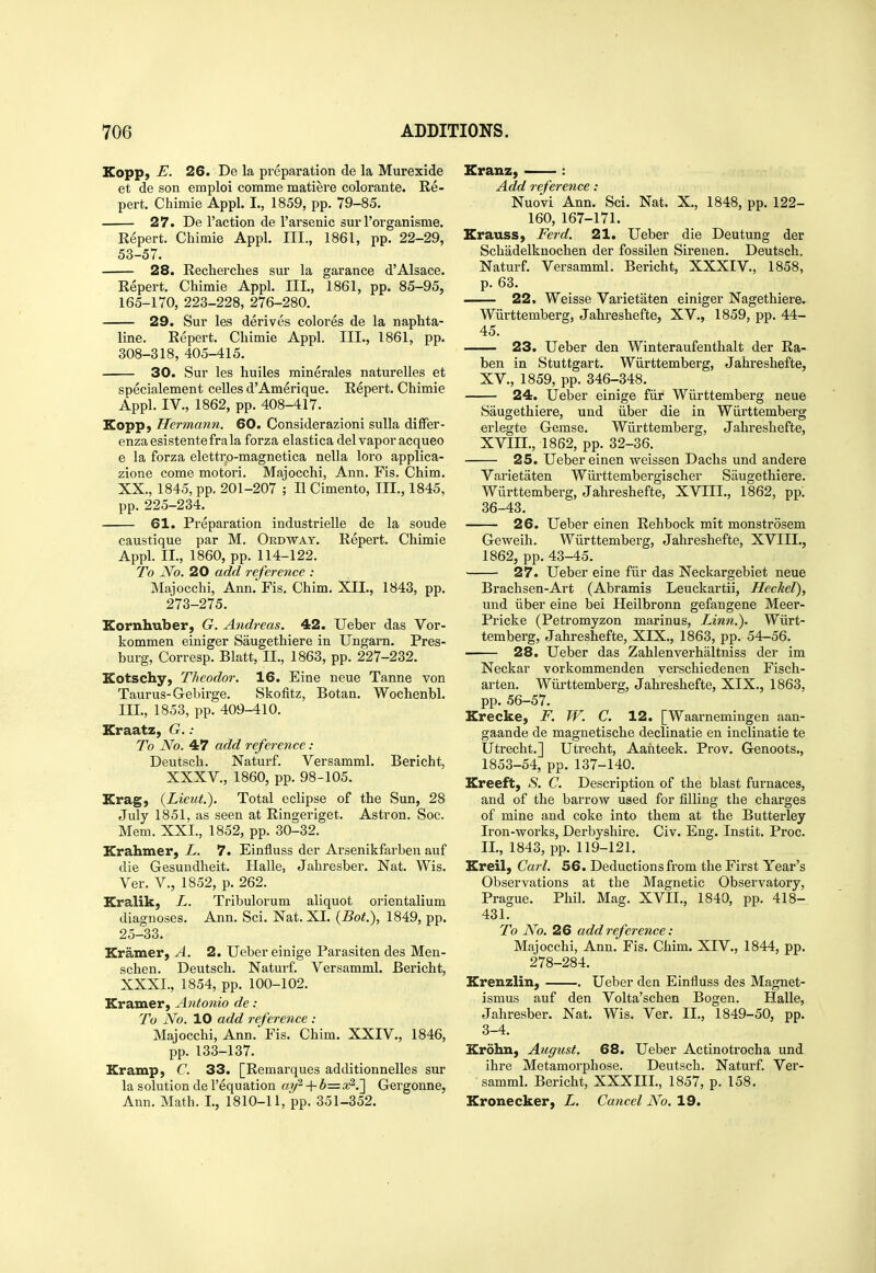 Kopp, E. 26. De la preparation de la Murexide et de son emploi comme matiere colorante. Re- pert. Chimie Appl. I., 1859, pp. 79-85. 27. De Taction de I'arsenic sur I'organisme. Repert. Chimie Appl. III., 1861, pp. 22-29, 53-57. 28. Reclierches sur la garance d'Alsace. Repert. Chimie Appl. III., 1861, pp. 85-95, 165-170, 223-228, 276-280. 29. Sur les derives colores de la naphta- line. Repert. Chimie Appl. III., 1861, pp. 308-318, 405-415. 30. Sur les huiles minerales naturelles et specialement celles d'Amerique. Repert. Chimie Appl. IV., 1862, pp. 408-417. Kopp; Hermann. 60. Considerazioni suUa differ- enzaesistentefrala forza elastica del vapor acqueo e la forza elettro-magnetica nella loro applica- zione come motori. Majocchi, Ann. Fis. Chim. XX., 1845, pp. 201-207 ; II Cimento, III., 1845, pp. 225-234. 61. Preparation industrielle de la sonde caustique par M. Ordway. Repert. Chimie Appl. II., 1860, pp. 114-122. To No. 20 add reference : Majocchi, Ann. Fis. Chim. XII., 1843, pp. 273-275. Kornhuber, G. Andreas. 42. Ueber das Vor- kommen einiger Saugethiere in Ungarn. Pres- burg, Corresp. Blatt, II., 1863, pp. 227-232. Kotschy, Theodor. 16. Eine neue Tanne von Taurus-Gebirge. Skofitz, Botan. Wochenbl. III., 1853, pp. 409-410. Kraatz, G.: To No. 47 add reference : Deutsch. Naturf. Versamml. Bericht, XXXV., 1860, pp. 98-105. Krag, (Lieut). Total eclipse of the Sun, 28 July 1851, as seen at Ringeriget. Astron. Soc. Mem. XXI., 1852, pp. 30-32. Xrahmer, L. 7. Einfluss der Arsenikfarben auf die Gesuudheit. Halle, Jahresber. Nat. Wis. Ver. v., 1852, p. 262. Kralik, L. Tribulorum aliquot orientalium diagnoses. Ann. Sci. Nat. XL (Bot.), 1849, pp. 25-33. Kramer, A. 2. Ueber einige Parasiten des Men- schen. Deutsch. Naturf. Versamml. Bericht, XXXL, 1854, pp. 100-102. Kramer, Antonio de: To No. 10 add reference : Majocchi, Ann. Fis. Chim. XXIV., 1846, pp. 133-137. Kramp, C. 33. [Remarques additionnelles sur la solution de I'equation at/^ + b=x^.2 Gergonne, Ann. Math. I., 1810-11, pp. 351-352. Kranz, : Add reference: Nuovi Ann. Sci. Nat. X., 1848, pp. 122- 160, 167-171. Krauss, Ferd. 21. Ueber die Deutung der Schadelknochen der fossilen Sirenen. Deutsch. Naturf. Versamml. Bericht, XXXIV., 1858, p. 63. 22. Weisse Varietaten einiger Nagethiere. Wiirttemberg, Jabreshefte, XV., 1859, pp. 44- 45. 23. Ueber den Winteraufenthalt der Ra- ben in Stuttgart. Wiirttemberg, Jahreshefte, XV., 1859, pp. 346-348. 24. Ueber einige fiir Wiirttemberg neue Saugethiere, und iiber die in Wiirttemberg erlegte Gemse. Wiirttemberg, Jahreshefte, XVIII., 1862, pp. 32-36. 25. Ueber einen weissen Dachs und andere Varietaten Wiii'ttembergiscber Saugethiere. Wiirttemberg, Jahreshefte, XVIII., 1862, ppl 36-43. 26. Ueber einen Rehbock mit monstrosem Geweih. Wiirttemberg, Jahreshefte, XVIII., 1862, pp. 43-45. 27. Ueber eine fiir das Neckargebiet neue Brachsen-Art (Abramis Leuckartii, Heckel), und iiber eine bei Heilbronn gefangene Meer- Pricke (Petromyzon marinus. Linn.), Wiirt- temberg, Jahreshefte, XIX., 1863, pp. 54-56. 28. Ueber das Zahlenverhaltniss der im Neckar vorkommenden verschiedenen Fisch- arten. Wiirttemberg, Jahreshefte, XIX., 1863, pp. 56-57. Krecke, F. W. C. 12. [Waarnemingen aan- gaande de magnetische declinatie en inclinatie te Utrecht.] Utrecht, Aanteek. Prov. Genoots., 1853-54, pp.137-140. Ereeft, S. C. Description of the blast furnaces, and of the barrow used for filling the charges of mine and coke into them at the Butterley Iron-works, Derbyshire. Civ. Eng. Instit. Proc. II., 1843, pp. 119-121. Kreil, Carl. 56. Deductions from the First Year's Observations at the Magnetic Observatory, Prague. Phil. Mag. XVII., 1840, pp. 418- 431. To No. 26 add reference : Majocchi, Ann. Fis. Chim. XIV., 1844, pp. 278-284. Krenzlin, . Ueber den Einfluss des Magnet- ismus auf den Volta'schen Bogen. Halle, Jahresber. Nat. Wis. Ver. II., 1849-50, pp. 3-4. Erohn, August. 68. Ueber Actinotrocha und ihre Metamorphose. Deutsch. Naturf. Ver- samml. Bericht, XXXIIL, 1857, p. 158. Kronecker, L. Cancel No. 19.