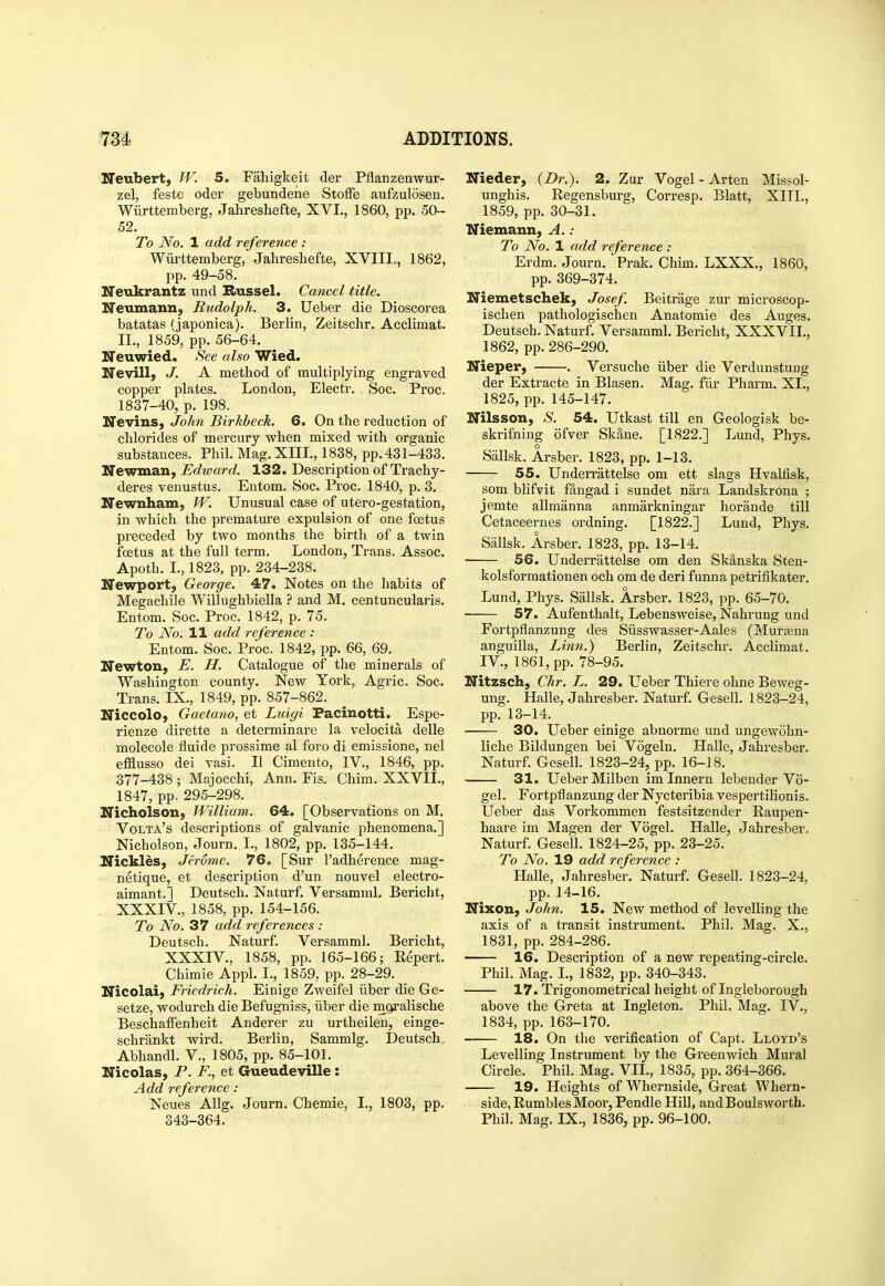 Neubert, W. 5. Faliigkeit der Pflanzenwur- zel, feste oder gebundene Stoffe aufzulosen. Wiirttemberg, Jahreshefte, XVI., 1860, pp. 50- 52. To No. 1 add reference : Wiirttemberg, Jahreshefte, XVIII.., 1862, pp. 49-58. Neukrantz und Russel. Cancel title. Neumann, Rudolph. 3. Ueber die Dioscorea batatas (japonica). Berlin, Zeitschr. Acclimat. II., 1859, pp. 56-64. Neuwied. See also Wied. Nevill, J. A method of multiplying engraved copper plates. London, Electr. Soc. Proc. 1837-40, p. 198. Nevins, John Birhbeck. 6. On the reduction of chlorides of mercury when mixed with organic substances. Phil. Mag. XIII., 1838, pp. 431-433. Newman, Edward. 132. Description of Trachy- deres venustus. Entom. Soc. Proc. 1840, p. 3. Newnham, W. Unusual case of utero-gestation, in which the premature expulsion of one foetus preceded by two months the birth of a twin foetus at the full term. London, Trans. Assoc. Apoth. L, 1823, pp. 234-238. Newport, George. 47. Notes on the habits of Megachile Willughbiella and M. centuncularis. Entom. Soc. Proc. 1842, p. 75. To No. 11 add reference : Entom. Soc. Proc. 1842, pp. 66, 69. Newton, E. H. Catalogue of the minerals of Washington county. New York, Agric. Soc. Trans. IX., 1849, pp. 857-862. Niccolo, Gaetano, et Luigi Facinotti. Espe- rienze dirette a determinare la velocita delle molecole fluide prossime al foro di emissione, nel efflusso dei vasi. II Cimento, IV., 1846, pp. 377-438 ; Majocchi, Ann. Fis. Chim. XXVII., 1847, pp. 295-298. Nicholson, William. 64. [Observations on M. Volta's descriptions of galvanic phenomena.] Nicholson, Journ. I., 1802, pp. 135-144. Nickles, Jerome. 76. [Sur I'adherence mag- netique, et description d'un nouvel electro- aimant.] Deutsch. Naturf. Versamml. Bericht, XXXIV., 1858, pp. 154-156. To No. 37 add references : Deutsch. Naturf. Versamml. Bericht, XXXIV., 1858, pp. 165-166; Repert. Chimie Appl. I., 1859, pp. 28-29. Nicolai, Friedrich. Einige Zweifel iiber die Ge- setze, wodurch die Befugniss, uber die mgi'alische BeschalFenheit Anderer zu urtheilen, einge- schrankt wird. Berlin, Sammlg. Deutsch. Abhandl. V., 1805, pp. 85-101. Nicolas, P. F., et Gueudeville: Add reference : Neues Allg. Journ. Chemie, I., 1803, pp. 343-364. Nieder, (Dr.). 2. Zur Vogel - Arten Missol- unghis. Regensburg, Corresp. Blatt, XITL, 1859, pp. 30-31. Niemann, A. : To No. 1 add reference : Erdm. Journ. Prak. Chim. LXXX., 1860, pp. 369-374. Niemetschek, Josef Beitrage zur microscop- ischen pathologischen Anatomie des Auges. Deutsch. Naturf. Versamml. Bericht, XXXVIL, 1862, pp. 286-290. Nieper, . Versuche iiber die Verdunstung der Extracte in Blasen. Mag. fiir Pharm. XL, 1825, pp. 145-147. Nilsson, .S*. 54. Utkast till en Geologisk be- skrifning ofver Sk3,ne. [1822.] Lund, Phys. Sallsk. Arsber. 1823, pp. 1-13. 55. Underrattelse om ett slags Hvalfisk, som blifvit fangad i sundet nara Landskrona ; jemte allmanna anmarkningar horande till Cetaceernes ordning. [1822.] Lund, Phys. Sallsk. Arsber. 1823, pp. 13-14. 56. Underrattelse om den Skanska Sten- kolsformationen och om de deri funna petrifikater. Lund, Phys. Sallsk. Arsber. 1823, pp. 65-70. 57. Aufenthalt, Lebensweise, Nahrung und Fortpflanzung des Siisswasser-Aales (Mursena anguilla. Linn.) Berlin, Zeitschr. Acclimat. IV., 1861, pp. 78-95. Nitzsch, Chr. L. 29. Ueber Thiere ohne Beweg- ung. Halle, Jahresber. Naturf. Gesell. 1823-24, pp. 13-14. 30. Ueber einige abnorme und ungewohn- liche Bildungen bei Vogeln. Halle, Jahresber. Naturf. Gesell. 1823-24, pp. 16-18. 31. Ueber Milben im Innern lebender Vo- gel. Fortpflanzung der Nycteribia vespertilionis. Ueber das Vorkommen festsitzender Eaupen- haare im Magen der Vogel. Halle, Jahresber. Naturf. Gesell. 1824-25, pp. 23-25. To No. 19 add reference : Halle, Jahresber. Naturf. Gesell. 1823-24, pp. 14-16. Nixon, John. 15. New method of levelling the axis of a transit instrument. Phil. Mag. X., 1831, pp. 284-286. —• 16. Description of a new repeating-circle. Phil. Mag. I., 1832, pp. 340-343. 17. Trigonometrical height of Ingleborough above the Greta at Ingleton. Phil. Mag. IV., 1834, pp. 163-170. 18. On the verification of Capt. Lloyd's Levelling Instrument by the Gi'eenwich Mural Circle. Phil. Mag. VIL, 1835, pp. 364-366. 19. Heights of Whernside, Great Whern- side, Rumbles Moor, Pendle Hill, andBoulsworth. Phil. Mag. IX., 1836, pp. 96-100.