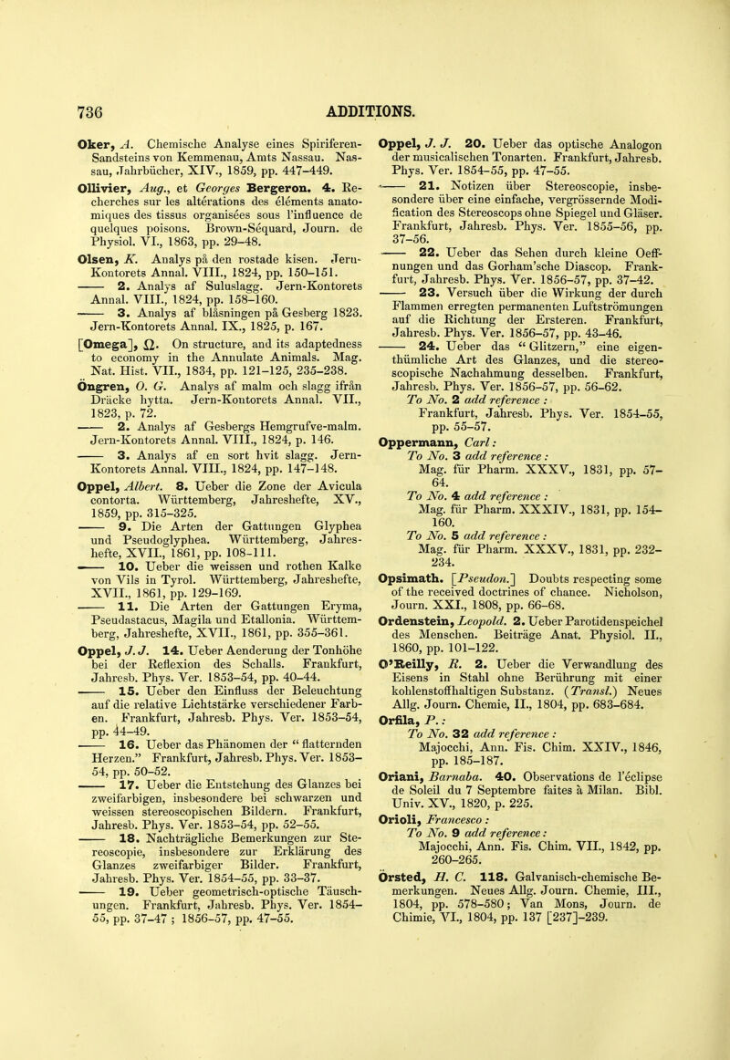 Oker, A. Chemische Analyse eines Spiriferen- Sandsteins von Kemmenau, Amts Nassau. Nas- sau, Jahrbiicher, XIV., 1859, pp. 447-449. Ollivier, Aug., et Georges Bergeron. 4. Re- cherches sur les alterations des elements anato- miques des tissus organisees sous I'influence de quelques poisons, Brown-Sequard, Journ. de Physiol. VI., 1863, pp. 29-48. Olsen, K. Analys p§, den rostade kisen. Jeru- Kontorets Annal. VIII., 1824, pp. 150-151. 2. Analys af Suluslagg. Jern-Kontorets Annal. VIIL, 1824, pp. 158-160. 3. Analys af bllsningen pa Gesberg 1823. Jern-Kontorets Annal, IX., 1825, p. 167. [Omega]) Q,. On structure, and its adaptedness to economy in the Annulate Animals, Mag. Nat. Hist. VII., 1834, pp. 121-125, 235-238. bngren, 0. G. Analys af malm och slagg ifran Dracke hytta. Jern-Kontorets Annal, VIL, 1823, p. 72. 2. Analys af Gesbergs Hemgrufve-malm. Jern-Kontorets Annal. VIII., 1824, p. 146, 3. Analys af en sort hvit slagg. Jern- Kontorets Annal, VIH., 1824, pp, 147-148. Oppel, Albert. 8. Ueber die Zone der Avicula contorta. Wiirttemberg, Jahreshefte, XV., 1859, pp, 315-325. 9. Die Arten der Gattungen Glyphea und Pseudoglyphea. Wiirttemberg, Jahres- hefte, XVIL, 1861, pp. 108-111. —— 10. Ueber die weissen und rothen Kalke von Vils in Tyrol. Wiirttemberg, Jahreshefte, XVIL, 1861, pp. 129-169. 11. Die Arten der Gattungen Eryma, Pseudastacus, Magila und Etallonia, Wiirttem- berg, Jahreshefte, XVII., 1861, pp. 355-361. Oppel} J. J. 14. Ueber Aenderung der Tonhohe bei der Reflexion des Schalls. Frankfurt, Jahresb. Phys. Ver. 1853-54, pp. 40-44. IS. Ueber den Einfluss der Beleuchtung auf die relative Lichtstarke verschiedener Farb- en. Frankfurt, Jahresb. Phys. Ver. 1853-54, pp. 44-49, ■ 16. Ueber das Phanomen der  flatternden Herzen, Frankfurt, Jahresb, Phys. Ver. 1853- 54, pp. 50-52. 17. Ueber die Entstehung des Glanzes bei zweifarbigen, insbesondere bei schwarzen und weissen stereoscopischen Bildern. Frankfurt, Jahresb, Phys. Ver. 1853-54, pp. 52-55. 18. Nachtragliche Bemerkungen zur Ste- reoscopie, insbesondere zur Erklarung des Glanzes zweifarbiger Bilder. Frankfurt, Jahresb. Phys. Ver. 1854-55, pp. 33-37. 19. Ueber geometrisch-optische Tausch- ungen. Frankfurt, Jahresb, Phys, Ver. 1854- 55, pp, 37-47 ; 1856-57, pp. 47-55, Oppel) J. J. 20. Ueber das optische Analogon der musicalischen Tonarten, Frankfurt, Jahresb, Phys. Ver. 1854-55, pp. 47-55. ' 21. Notizen iiber Stereoscopic, insbe- sondere iiber eine einfache, vergrossernde Modi- flcation des Stereoscops ohne Spiegel und Glaser. Frankfurt, Jahresb. Phys. Ver. 1855-56, pp. 37-56. 22. Ueber das Sehen durch kleine Oeff- nungen und das Gorham'sche Diascop. Frank- furt, Jahresb. Phys. Ver. 1856-57, pp. 37-42. 23. Versuch iiber die Wirkung der durch Flammen erregten permanenten Luftstromungen auf die Richtung der Ersteren. Frankfurt, Jahresb, Phys, Ver, 1856-57, pp. 43-46. 24. Ueber das  Glitzern, eine eigen- thiimliche Art des Glanzes, und die stereo- scopische Nachahmung desselben, Frankfurt, Jahresb. Phys. Ver. 1856-57, pp. 56-62. To No. 2 add reference : Frankfurt, Jahresb. Phys, Ver. 1854-55, pp. 55-57. Oppermann, Carl: To No. 3 add reference : Mag. fiir Pharm. XXXV,, 1831, pp. 57- 64, To No. 4 add reference : Mag. fiir Pharm. XXXIV., 1831, pp. 154- 160. To No. 5 add reference : Mag, fiir Pharm, XXXV,, 1831, pp, 232- 234, Opsimath. \_Pseudon.'] Doubts respecting some of the received doctrines of chance. Nicholson, Journ. XXI., 1808, pp. 66-68. OrdensteiU) Leopold. 2. Ueber Parotidenspeichel des Menschen. Beitrage Anat. Physiol, II,, 1860, pp.101-122. O'Keilly, R. 2. Ueber die Verwandlung des Eisens in Stahl ohne Beriihrung mit einer kohlenstofi^haltigen Substanz. (Transl.) Neues Allg. Journ. Chemie, II,, 1804, pp. 683-684. Orfila, P. : To No. 32 add reference : Majocchi, Ann, Fis, Chim, XXIV., 1846, pp. 185-187. Oriani, Barnaba. 40. Observations de I'eclipse de Soleil du 7 Septembre faites a Milan. Bibl. Univ. XV,, 1820, p, 225. Orioli) Francesco: To No. 9 add reference : Majocchi, Ann. Fis. Chim. VII., 1842, pp. 260-265, brsted, U. C. 118. Galvanisch-chemische Be- merkungen, Neues Allg. Journ. Chemie, III., 1804, pp. 578-580; Van Mons, Journ. de Chimie, VI., 1804, pp. 137 [237]-239,