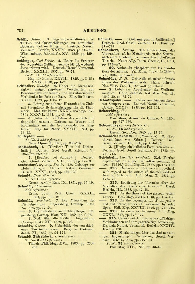 Schill, Julius. 6. Lagerungsverhaltnisse der Tertiiir- und Quartarbildungen am n5rdlichen Bodeusee und im Hohgau. Deutsch. Naturf. Versamml. Bericht, XXXIV., 1858, pp. 90-93 ; Wiirttemburg, Jahreshefte, XV., 1859, pp. 129- 254. Schimper, Carl Fricdr. 8. Ueber die Structur der vegetabilen Zellhaut, und die Mittel, wodurch diese erkannt wird. Deutsch. Naturf. Versamml. Bericht, XXXIII., 1857, pp. 70-71. To No. 3 add references : Mag. fur Pharm. XXVIII., 1829, pp. 3-49 ; XXIX., 1830, pp. 1-71. Schindler, Rudolph. 4. Ueber die Zweckmas- sigkeit, einiger gegebenen Vorschriften, zur Bereitung des Jodkaliums und das abweichende Verhaltniss des Jods zur Base. Mag. fur Pharm. XXIII., 1828, pp. 100-117. 5. Beitrag zurniiheren Kenntniss des Zinks mit besonderer Beriicksichtigung fiir die Phar- macie. Mag. fiir Pharm. XXXI., 1830, pp. 167- 186; XXXVI., 1831, pp. 43-86. 6. Ueber das Verhalten des einfach und doppeltkohlensauren Natrons zu Wasser und Kohlensaure und die Sedlitzpowder der Eng- liinder. Mag. fiir Pharm. XXXIII., 1831, pp. 13-32. ScMapfer, —— : To A^o. 1 add 7-eference : Neue Alpina, I., 1821, pp. 268-287. Schlonbach, A. [Tertiarer Thon bei Lieben- halle.] Deutsch. Geol. Gesell. Zeitschr. V., 1853, pp. 669-671. 2. [Bonebed bei Seinstedt.] Deutsch. Geol. Gesell. Zeitschr. XIII., 1861, pp. 17-18. Schlotthauber, Atic^. Friedr. 10. Beitrage zur Helminthologie. Deutsch. Naturf. Versamml. Bericht, XXXI., 1854, pp. 121-133. Schmid, Ernst Erhard: To No. 8 add reference : Erman, Archiv Russ. IX., 1851, pp. 15-19. Schmidl, Maximilian: Add reference: Erdm. Journ. Prak. Chem. LXXXII., 1861, pp. 189-195. Schmidt, Friedrich. 7. Die Mineralien des Fichtelgebirges. Regensburg, Corresp, Blatt, X., 1856, pp. 17-24. . 8. Die Kalksteine im Fichtelgebirge. Re- gensburg, Corresp. Blatt, XII., 1858, pp. 9-16. 9. Notiz iiber die Krahe. Regensburg, Corresp. Blatt, XII., 1858, p. 172. Schmidt, Gustav. 9. Ueberblick der verschied- enen Turbinentheorien. Berg. u. Hiittenm. Jahrb. XI., 1862, pp. 94-124. Schmidt-Fhiseldeck, Ludxoig von : To No. 2 add reference : Tilloch, Phil. Mag. XVI., 1803, pp. 230- Schmitz, . [Goldamalgam in Californien.] Deutsch. Geol. Gesell. Zeitschr. IV., 1852, pp. 712-714. Schnaubert, Ludwig. 19. Untersuchung der Verwandtschaft der Metalloxyde zu den Sauren ; nach einer Priifung der neuen Berthollet'schen Theorie. Neues AUg. Journ. Chemie, II., 1804, pp. 475-497. 20. Action du phosphore sur les dissolu- tions des metaux. Van Mons, Journ. de Chimie, VI., 1804, pp. 95-99. Schneider, E. H. Ueber die chemische Consti- tution des Wolfram minerals. Halle, Jahresb. Nat. Wiss. Ver. II., 1849-50, pp. 60-72. 2. Ueber das Aequivalent des Wolfram- metalles. Halle, Jahresb. Nat. Wiss. Ver. II., 1849-50, pp. 72-77. Schnittspahn, . Ueber verschiedene Arten von Sempervivum. Deutsch. Naturf. Versamml. Bericht, XXXIV., 1858, pp. 103-104. Schoerbing, C.: Add reference: Van Mons, Journ. de Chimie, V., 1804, pp. 327-336. Schomburgk, ((Sr) Robert H.: To No. 16 add reference : Entom. Soc. Proc. 1840, pp. 15-16. Schdnaich-Carolath, A. {Prinz von). 2. [Ter- tiarschichten von Zabrze.] Deutsch. Geol. Gesell. Zeitschr. II., 1850, pp. 184-185. 3. [Honigsteinahnliches Fossil von Zabrze.] Deutsch. Geol. Gesell. Zeitschr. IV., 1852, pp. 714-715. Schdnbein, Christian Friedrich. 314. Further experiments on a peculiar voltaic condition of iron. [1836.] Phil. Mag. X., 1837, pp. 133-135. 315. Remarks on Faraday's hypothesis with regard to the causes of the neutrality of iron in nitric acid. Phil. Mag. X., 1837, pp. 172-174. 316. Erklarung der Versuche iiber das Verhalten des Eisens zum Sauerstoff. Basel, Bericht, III., 1838, pp. 47-48. 317. On the theory of the gaseous voltaic battery. Phil. Mag. XXII., 1843, pp. 165-166. 318. On the decomposition of the yellow and red ferrocyanides of potassium by solar light. Phil. Mag. XXVIIL, 1846, pp. 211-212. 319. On a new te.st for ozone. Phil. Mao-. XXXI., 1847, pp. 176-177. 320. Ueber zwei Gruppen sauerstoff haltiger Verbindungen und ihre gegenseitige Zersetzuug. Deutsch. Naturf. Versamml. Bericht, XXXIV., 1858, p. 170. 321. Mittheilungen iiber das Jod mit ein- igen Erganzungen. Schweizer. Gesell. Ver- handl. XLVI., 1862, pp. 127-131. To No. 38 add reference :