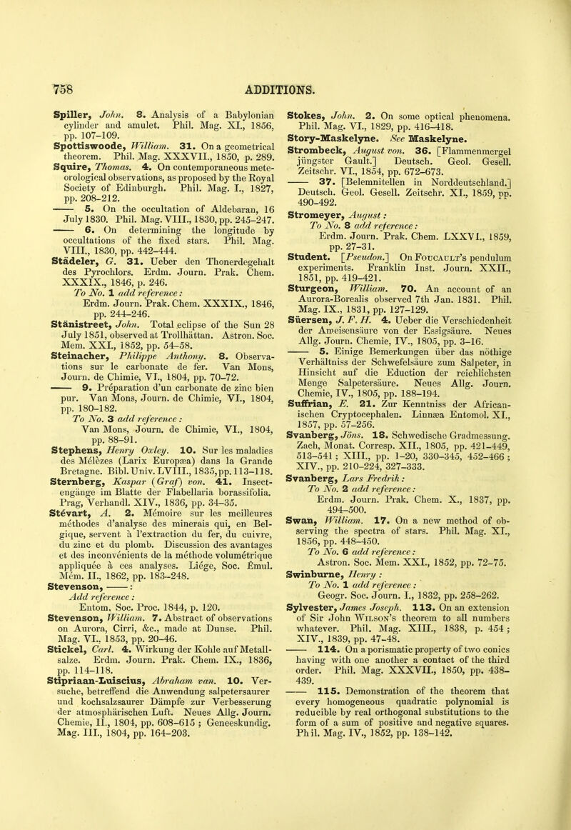 Spiller, John. 8. Analysis of a Babylonian cylinder and amulet. Phil. Mag. XI., 1856, pp. 107-109. Spottiswoode, William. 31. On a geometrical theorem. Phil. Mag. XXXVII., 1850, p. 289. Squire, Thomas. 4. On contemporaneous mete- orological observations, as proposed by the Royal Society of Edinburgh. Phil. Mag. I., 1827, pp. 208-212. 5. On the occultation of Aldebaran, 16 July 1830. Phil. Mag. VIII., 1830, pp. 245-247. 6. On determining the longitude by occultations of the fixed stars. Phil. Mag. VIII., 1830, pp. 442-444. Stadeler, G. 31. Ueber den Thonerdegehalt des Pyrochlors. Erdm. Journ. Prak. Cbem. XXXIX., 1846, p. 246. To No. 1 add reference : Erdm. Journ. Prak. Chem. XXXIX., 1846, pp. 244-246. Stanistreet, John. Total eclipse of the Sun 28 July 1851, observed at Trollhattan. Astron. Soc. Mem. XXL, 1852, pp. 54-58. Steinacher, Philippe Anthony. 8. Observa- tions sur le carbonate de fer. Van Mons, Journ. de Chimie, VI., 1804, pp. 70-72. 9. Preparation d'un carbonate de zinc bien pur. Van Mons, Journ. de Chimie, VI., 1804, pp. 180-182. To No. 3 add reference : Van Mons, Journ. de Chimie, VI., 1804, pp. 88-91. Stephens, Henry Oxley. 10. Sur les maladies des Melezes (Larix Europaa) dans la Grande Bretagne. Bibl.Univ. LVIIL, 1835,pp. 113-118. Sternberg, Kaspar {Graf) von. 41. Insect- engange im Blatte der Flabellai-ia borassifolia. Prag, Verhandl. XIV., 1836, pp. 34-35. Stevart, A. 2. Memoire sur les meilleures methodes d'analyse des minerals qui, en Bel- gique, servent a I'extraction du fer, du cuivre, du zinc et du plomb. Discussion des avantages et des inconvenients de la methode volumetrique appliquee a ces analyses. Liege, Soc. Emul. Mem. II., 1862, pp. 183-248. Stevenson, : Add reference: Entom, Soc. Proc. 1844, p. 120. Stevenson, William. 7. Abstract of observations on Aurora, Cirri, &c., made at Dunse. Phil, Mag. VI., 1853, pp. 20-46. Stickel, Carl. 4. Wirkung der Kohle auf Metall- salze. Erdm. Journ. Prak. Chem. IX., 1836, pp. 114-118. Stipriaan-Luiscius, Abraham van. 10. Ver- suche, betrelFend die Anwendung salpetersaurer und kochsalzsaurer Dampfe zur Verbesserung der atmospharischen Luft. Neues Allg. Journ. Chemie, IL, 1804, pp. 608-615 ; Geneeskundig. Mag. IIL, 1804, pp. 164-203. Stokes, Jolin. 2. On some optical phenomena. Phil. Mag. VL, 1829, pp. 416-418. Story-Maskelyne. See Maskelyne. Strombeck, August von. 36. [Flammenmergel jiingster Gault.] Deutsch. Geol. Gesell. Zeitschr. VL, 1854, pp. 672-673. 37. [Belemnitellen in Norddeutschland.] Deutsch. Geol. Gesell. Zeitschr. XL, 1859, pp. 490-492. Stromeyer, August: To No. 8 add rejerence : Erdm. Journ. Prak. Chem. LXXVL, 1859, pp. 27-31. Student. [Pseudon.'] On Foucault's pendulum experiments. Franklin Inst. Journ. XXII., 1851, pp. 419-421. Sturgeon, William. 70. An account of an Aurora-Borealis observed 7th Jan. 1831. Phil. Mag. IX., 1831, pp. 127-129. Siiersen, J. F. H. 4. Ueber die Verschiedenheit der Ameisensaure von der Essigsaure. Neues Allg. Journ. Chemie, IV., 1805, pp. 3-16. 5. Einige Bemerkungen iiber das nothige Verhaltniss der Schwefelsaure zum Salpeter, in Hinsicht auf die Eduction der reichlichsten Menge Salpetersaure. Neues Allg. Journ. Chemie, IV., 1805, pp. 188-194. SufFrian, E. 21. Zur Kenntniss der African- ischen Cryptocephalen. Linnsea Entomol. XL, 1857, pp. 57-256. Svanberg, Jons. 18. Schwedische Gradmessung. Zach, Monat. Corresp. XII., 1805, pp. 421-449, 513-541; XIIL, pp. 1-20, 330-345, 452-466 ; XIV., pp. 210-224, 327-333. Svanberg, Lars Fredrik: To No. 2 add reference : Erdm. Journ. Prak. Chem. X., 1837, pp. 494-500. Swan, William, 17. On a new method of ob- serving the spectra of stars. Phil. Mag. XL, 1856, pp. 448-450. To No. 6 add reference: Astron. Soc. Mem. XXL, 1852, pp. 72-75. Swinburne, Henry : To No. 1 add refereiice : Geogr. Soc. Journ. L, 1832, pp. 258-262. Sylvester, t7«me5 Joseph. 113. On an extension of Sir John Wilson's theorem to all numbers whatever. Phil. Mag. XIIL, 1838, p. 454 ; XIV., 1839, pp. 47-48. 114. On a porismatic property of two conies having with one another a contact of the third order. Phil. Mag. XXXVIL, 1850, pp. 438- 439. 115. Demonstration of the theorem that every homogeneous quadratic polynomial is reducible by real orthogonal substitutions to the form of a sum of positive and negative squares. Phil. Mag. IV., 1852, pp. 138-142.