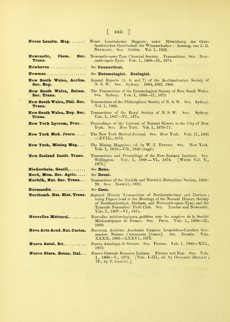 Neues Lausitz. Mag Newcastle, Chem. Soc. Trans. Newhaven Ifewman ITew South Wales, Acclim. Soc. Bep. New South Wales, Entom. Soc. Trans. New South Wales, Phil. Soc. Trans. New South Wales, Soy. Soc. Trans. New York Lyceum, Froc. ■ • New York Med. Journ New York, Mining Mag. ... New Zealand Instit. Trans. Niederrhein. Gesell Nord, Mem. Soc. Agric Norfolk, Nat. Soc. Trans. .. Normandie TTorthumb. Nat. Hist. Trans. Nouvelles Meteorol Nova Acta Acad. Nat. Curios. Nuova Antol. Sci NuoYO Giom. Botan. Ital.. . Neuffs Lausitzisches Magazin; unter Mitwirkung der Ober- lausitzischen Gesellschaft der Wisseuschaften ; herausg. von J. G. Neumann. 8vo. Gorlitz. Vol. I., 1822. Newcastle-upon-Tyne Chemical Society. Transactions. Svo. New- castle-upon-Tyne. Vols. I., 1868—11., 1874. See Connecticut. See Entomologist. Zoologist. Annual Reports (3, 6, and 7) of the Acclimatisation Society of N. S. W. 8vo. Sydney. 1864, 1867, 1868. The Transactions of the Entomological Society of New South Wales, Svo. Sydney. Vols. I., 1866—11., 1873. Transactions of the Philosophical Society of N. S. W. 8vo. Syduev. . Vol. I., ] 866. Transactions of the Eoyal Society of N. S. W. 8vo. Sydney. Vols. I., 1867—VI., 1873. Proceedinajs of the Lyceum of Natural History in the City of New York. ^8vo. New York. Vol. I., 1870-71. The New York Medical Journal. 8vo. New York. Vols. II., 1866 —XVIII., 1873. The Mining Magazine; ed. by W. J. Tenney. Svo. New York. Vols. I., 18.53—VII., 1856 [impf.) Transactions and Proceedings of the New Zealand Institute. Svo. Wellington. Vols. I., 1868 —VI., 1874. [Wdnts Vol. V., 1873.] See Botin. See Douai. Transactions of the Norfolk and Norwich Naturalists' Society, 1869- 70. Svo. Norwich, 1870. See Caen. •Natural History Transactions of Northumberland and Durham ; being Papers read at the Meetings of the Natural History Society of Northumberland, Durham, and Newcastle-upon-Tyne, and the Tyneside Naturalists' Field Club. Svo. London and Newcastle. Vols. L, 1867—VI., 1874. Nouvelles meteorologiques, publiees sous les auspices de la Societe Meteorologique de France. Svo. Paris. Vols. L, 1868—IL, 1869. Novorum Actorum Academije Csesarese Leopoldino-Carolinje Ger- manicae Naturse Curiosorum [tomus]. 4to. Dresd^. Vols. XXXII., 1865—XXXVL, 1873. Nuova Antologia di Scienze. Svo. Firenze. Vols. I., 1866—XXL, 1872. Nuovo Giornale Botanico Italiano. Firenze and Pisa. Svo. Vols. I., 1869—v., 1873. [Vols. I-IIL, ed. by Odoardo Beccari IV., by T. Caruel.]