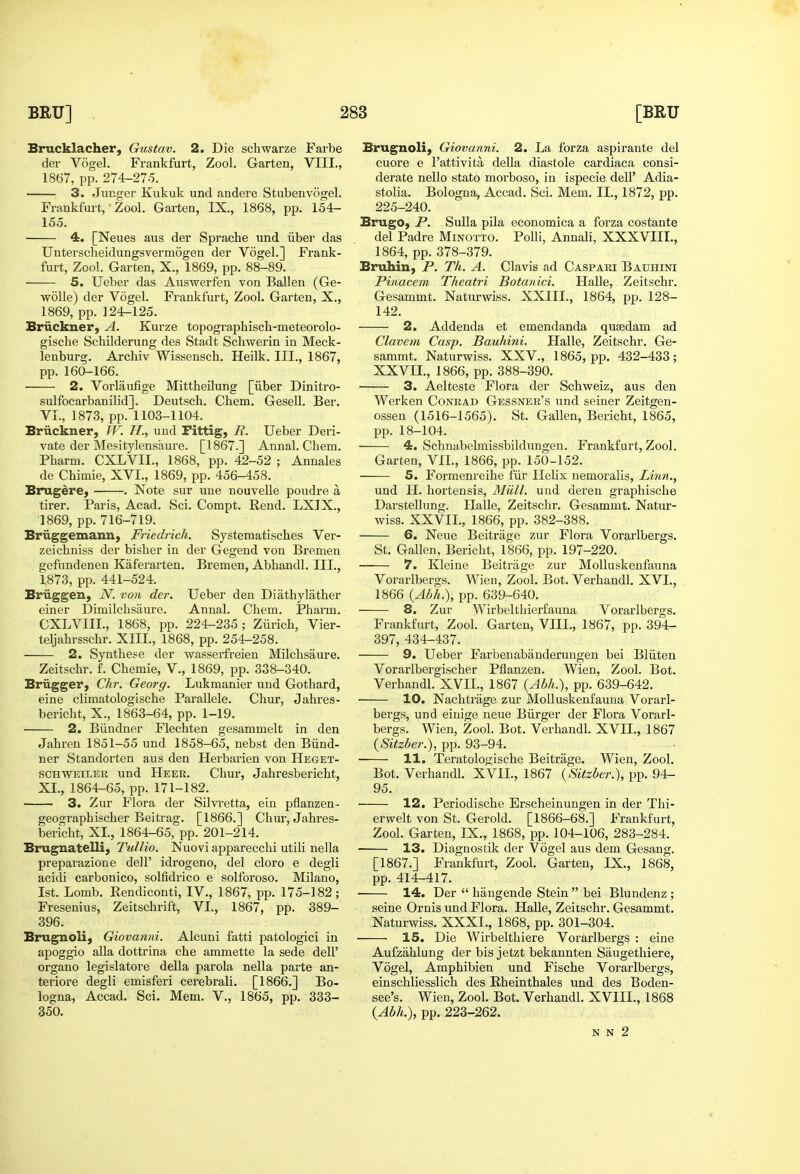 Brucklacher, Gustav. 2. Die schwarze Farbe der Vogel. Frankfurt, Zool. Garten, VIII., 3. Junger Kukuk und andere Stubenvogel. Frankfurt, • Zool. Garten, IX., 1868, pp. 154- 155. 4. [Neues aus der Sprache und iiber das 5. Ueber das Auswerfen von Ballen (Ge- woUe) der Vogel. Frankfurt, Zool. Garten, X., Bruckner, A. Kurze topographisch-meteorolo- gische Schilderung des Stadt Scliwerin in Meck- 2. Vorlaufige Mittheilung [iiber Dinitro- sulfocarbanilid]. Deutsch. Chem. Gesell. Ber. vate der Mesitylensaure. [1867.] Annal. Chem. Brugere, . Note sur une nouvelle poudre a tirer. Paris, Acad. 8ci. Compt. Rend. LXIX., Briiggemann, Friedrich. Systematisches Ver- zeichniss der bisher in der Gegend von Bremen gefundenen Kaferarten. Bremen, Abhandl. III., 1873, pp. 441-524. Briiggen, N. von der. Ueber den Diathylatber einer Dimilchsiiure. Annal. Chem. Phann. CXLVIIL, 1868, pp. 224-235; Zurich, Vier- 2. Synthese der wasserfreien Milchsaure. Zeitschr. f. Chemie, V., 1869, pp. 338-340. Briigger, Chr. Georg. Lukmanier und Gothard, eine climatologische Parallele. Chur, Jahres- bericht, X., 1863-64, pp. 1-19. 2. Biindner Flechten gesammelt in den Jahren 1851-55 und. 1858-65, nebst den Biind- SCHWEILER und Heer. Chur, Jahresbericht, XL, 1864-65, pp. 171-182. 3. Zur Flora der Silvretta, ein pflanzen- geographischer Beitrag. [1866.] Chm-, Jahres- bericht, XI., 1864-65, pp. 201-214. Brugnatelli, Tullio. Nuovi apparecchi utili nella preparazione dell' idrogeno, del cloro e degli acidi carbonico, solfidrico e solforoso, Milano, 1st. Lomb, Rendiconti, IV., 1867, pp. 175-182; Fresenius, Zeitschrift, VI., 1867, pp. 389- 396. Brugnoli, Giovanni. Alcuni fatti patologici in apoggio alia dottrina che ammette la sede dell' organo legislatore della parola nella parte an- teriore degli emisferi cerebrali. [1866.] Bo- logna, Accad. Sci. Mem. V., 1865, pp. 333- 350. Brugnoli, Giovanni. 2. La forza aspirante del cuore e I'attivita della diastole cardiaca consi- stolia. Bologna, Accad. Sci. Mem. II., 1872, pp. 225-240. Brugo, P. Sulla pila economica a forza costante del Padre Minotto. Polli, Annali, XXXVIIL, Pinacem Theatri Botanici. Halle, Zeitschr. Gesammt. Naturwiss. XXIII., 1864, pp. 128- 2. Addenda et emendanda qusedam ad Clavem Casp. Bauhitii. Halle, Zeitschr. Ge- 3. Aelteste Flora der Schweiz, aus den Werken Conrad Ges.sner's und seiner Zeitgen- 4. Schnabelmissbildungen. Frankfurt, Zool. und H. hortensis, Mull, und deren graphische Darstellung. Halle, Zeitschr. Gesammt. Natur- 6. Neue Beitriige zur Flora Vorarlbergs. St. Gallen, Bericht, 1866, pp. 197-220. 7. Kleine Beitrage zur MoUuskenfauna Vorarlbergs. Wien, Zool. Bot. Verhandl. XVI., 1866 {Abh.), pp. 639-640. 8. Zur Wirbelthierfauna Vorarlbergs. Frankfurt, Zool. Garten, VIII., 1867, pp. 394- 9. Ueber Farbenabanderungen bei Bliiten Vorarlbergischer Pflanzen. Wien, Zool. Bot. Verhandl. XVII., 1867 {Ah}i>i, pp. 639-642. 10. Nachtrage zur MoUuskenfauna Vorarl- bergs, und einige neue Biirger der Flora Vorarl- bergs. Wien, Zool. Bot. Verhandl. XVII., 1867 {Sitzber.), pp. 93-94. Bot. Verhandl. XVII., 1867 {Sitzber.), pp. 94- 95. 12. Periodische Erscheinungen in der Thi- erwelt von St. Gerold. [1866-68.] Frankfurt, Zool. Garten, IX., 1868, pp. 104-106, 283-284. 13. Diagnosfik der Vogel aus dem Gesang. [1867.] Frankfurt, Zool. Garten, IX., 1868, pp. 414-417. 14. Der  hangende Stein  bei Blundenz ; seine Ornis und Flora. Halle, Zeitschr. Gesammt. Naturwiss. XXXI., 1868, pp. 301-304. 15. Die Wirbelthiere Vorarlbergs : eine Aufzahlung der bis jetzt bekannten Saugethiere, Vogel, Amphibien und Fische Vorarlbergs, einschliesslich des Rheinthales und des Boden- see's. Wien, Zool. Bot. Verhandl. XVIII., 1868 {Abh.), pp. 223-262. N N 2