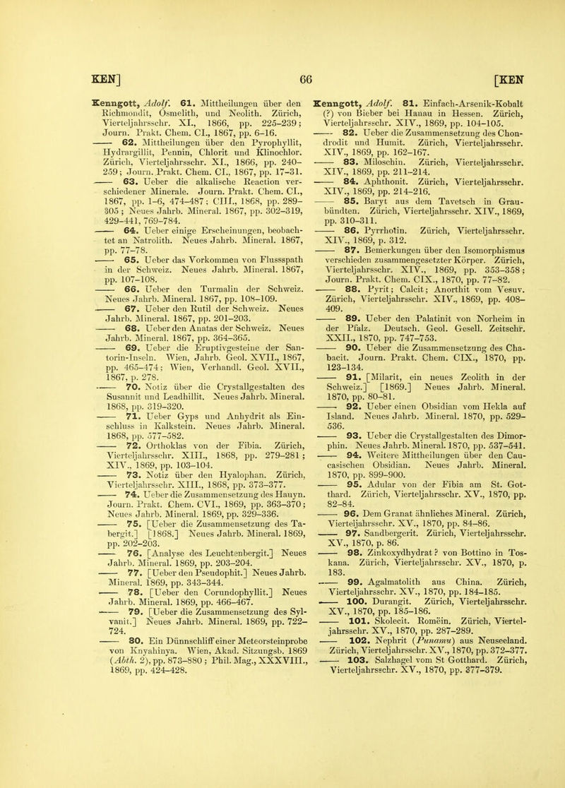 Eenngott, Adolf. 61. Mittlieilungen iiber den Richniondit, Osmelith, und Neolith. Ziirich, Vierteljahrsschr. XI., 1866, pp. 225-239; Journ. Piakt. Chem. CI., 1867, pp. 6-16. 62. Mittheilungeu iiber den Pyropliyllit, Hydrargillit, Pennin, Chlorit und Klinochlor. Ziirich, Vierteljahrsschr. XI., 1866, pp. 240- 259; Journ. .Prakt. Chem. CI., 1867, pp. 17-31. 63. Ueber die alkalische Reaction ver- schiedener Minerale. Journ. Prakt. Chem. CI., 1867, pp. 1-6, 474-487; CIII., 1868, pp. 289- 305 ; Neues Jahrb. Mineral. 1867, pp. 302-319, 429-441, 769-784. 64. Ueber einige Erscheinungen, beobach- tet an Natrolith. Neues Jahrb. Mineral. 1867, pp. 77-78. 65. Ueber das Vorkommea von Flussspath in der Schweiz. Neues Jahrb. Mineral. 1867, pp. 107-108. 66. Ueber den Turmalin der Schweiz. Neues Jahrb. Mineral. 1867, pp. 108-109. 67. Ueber den Rutil der Schweiz. Neues Jahrb. Mineral. 1867, pp. 201-203. 68. Ueber den Anatas der Schweiz. Neues Jahrb. Mineral. 1867, pp. 364-365. 69. Ueber die Eruptivgesteine der San- torin-Inseln. Wien, Jahrb. Geol. XVII., 1867, pp. 465-474; Wien, Verhandl. Geol. XVII., 1867, p. 278. 70. Notiz iibei' die Crystallgestalten des Susaunit und Leadhillit. Neues Jahrb. Mineral. 1868, pp. 319-320. 71. Ueber Gyps und Anhydrit als Ein- schluss in Kalkstein. Neues Jahrb. Mineral. 1868, pp. 577-582. 72. Orthoklas von der Fibia. Ziirich, Vierteljahrsschr. XIII., 1868, pp. 279-281 ; XIV., 1869, pp. 103-104. 73. Notiz iiber den Hyalophan. Ziirich, Vierteljahrsschr. XIII., 1868, pp. 373-377. 74. Ueber die Zusammensetzung des Hauyn. Journ. Prakt. Chem. CVL, 1869, pp. 363-370; Neues Jahrb. Mineral. 1869, pp. 329-336. 75. [Ueber die Zusammensetzung des Ta- bergit.] [1868.] Neues Jahrb. Mineral. 1869, pp.202-203. 76. [Analyse des Leuchtenbergit.] Neues Jahrb. Mineral. 1869, pp. 203-204. 77. [Ueber den Pseudophit.] Neues Jahrb. Mineral. 1869, pp. 343-344. • 78. [Ueber den Corundophyllit.] Neues Jahrb. Mineral. 1869, pp. 466-467. 79. [Ueber die Zusammensetzung des Syl- vanit.] Neues Jahrb. Mineral. 1869, pp. 722- 724. 80. Ein DiinnschlilFeiner Meteorsteinprobe von Knyahinya. Wien, Akad. Sitzungsb. 1869 {Abth. 2), pp. 873-880 ; Phil. Mag., XXXVIIL, 1869, pp. 424-428. Kenngott, Adolf. 81. Einfach-Arsenik-Kobalt (?) von Bieber bei Hanau in Hessen. Ziirich, Vierteljahrsschr. XIV., 1869, pp. 104-105. 82. Ueber die Zusammensetzung des Chon- drodit und Humit. Ziirich, Vierteljahrsschr. XIV., 1869, pp. 162-167. 83. Miloschin. Ziirich, Vierteljahrsschr. XIV., 1869, pp. 211-214. 84. Aphthonit. Ziirich, Vierteljahrsschr. XIV., 1869, pp. 214-216. 85. Baryt aus dem Tavetsch in Grau- biindten. Ziirich, Vierteljahrsschr. XIV., 1869, pp. 310-311. 86. Pyrrhotin. Ziirich, Vierteljahrsschr. XIV., 1869, p. 312. 87. Bemerkungeu iiber den Isomorphismus verschieden zusammengesetzter Korper. Ziirich, Vierteljahrsschr, XIV., 1869, pp. 353-358; Journ. Prakt. Chem. CIX., 1870, pp. 77-82. 88. Pyrit; Calcit; Anorthit vom Vesuv. Ziirich, Vierteljahrsschr. XIV., 1869, pp. 408- 409. 89. Ueber den Palatinit von Norheim in der Pfalz. Deutsch. Geol. Gesell. Zeitschr. XXII., 1870, pp. 747-753. 90. Ueber die Zusammensetzung des Cha- bacit. Journ. Prakt. Chem. CIX., 1870, pp. 123-134. 91. [Milarit, ein ueues Zeolith in der Schweiz.] [1869.] Neues Jahrb. Mineral. 1870, pp. 80-81. 92. Ueber ein en Obsidian vom Hekla auf Island. Neues Jahrb. Mineral. 1870, pp. 529- 536. 93. Ueber die Crystallgestalten des Dimor- phin. Neues Jahrb. Minerah 1870, pp. 537-541. — 94. Weitere Mittheilungen iiber den Cau- casischen Obsidian. Neues Jahrb. Mineral. 1870, pp. 899-900. 95. Adular von der Fibia am St. Got- thard. Ziirich, Vierteljahrsschr. XV., 1870, pp. 82-84. 96. Dem Granat ahnliches Mineral. Ziirich, Vierteljahrsschr. XV., 1870, pp. 84-86. 97. Sandbergerit. Ziirich, Vierteljahrsschr. XV., 1870, p. 86. 98. Zinkoxydhydrat} von Bottino in Tos- kana. Ziirich, Vierteljahrsschr. XV., 1870, p. 183. 99. Agalmatolith aus China. Ziirich, Vierteljahrsschr. XV., 1870, pp. 184-185. 100. Durangit. Ziirich, Vierteljahrsschr. XV., 1870, pp. 185-186. 101. Skolecit. Romein. Ziirich, Viertel- jahrsschr. XV., 1870, pp. 287-289. 102. Nephrit {Punamu) aus Neuseeland. Ziirich, Vierteljahrsschr. XV., 1870, pp. 372-377. ■ 103. Salzhagel vom St Gotthard. Ziirich, Vierteljahrsschr. XV., 1870, pp. 377-379.