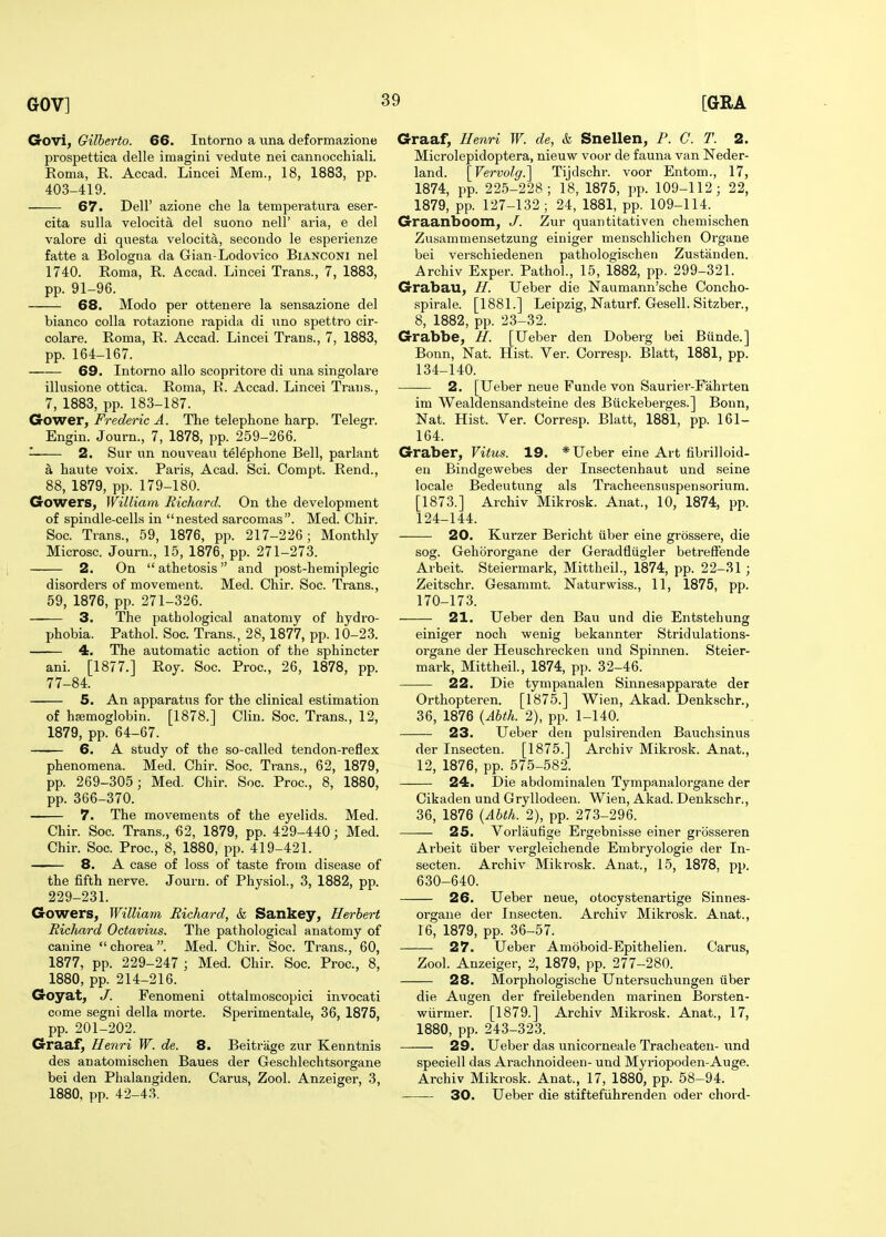 G-OVi, Gilherto. 66. Intorno a una deformazione prospettica delle imagini vedute nei cannoccliiali. Roma, R. Accad. Lincei Mem., 18, 1883, pp. 403-419. 67. Deir azione che la temperatura eser- cita sulla velocita del suono nell' aria, e del valore di questa velocita, secondo le esperienze fatte a Bologna da Gian-Lodovico Bianconi nel 1740. Roma, R. Accad. Lincei Trans., 7, 1883, pp. 91-96. 68. Modo per ottenere la sensazione del bianco colla rotazione rapida di nno spettro cir- colare. Roma, R. Accad. Lincei Trans., 7, 1883, pp. 164-167. 69. Intorno alio scopritore di una singolare illusione ottica. Roma, R. Accad. Lincei Trans., 7, 1883, pp. 183-187. Gower, Frederic A. The telephone harp. Telegr. Engin. Journ., 7, 1878, pp. 259-266. 2. Sur un nouveau telephone Bell, parlant ^ haute voix. Paris, Acad. Sci. Conipt. Rend., 88, 1879, pp. 179-180. Gowers, William Richard. On the development of spindle-cells in nested sarcomas. Med. Chir. Soc. Trans., 59, 1876, pp. 217-226; Monthly Microsc. Journ., 15, 1876, pp. 271-273. 2. On  athetosis and post-hemiplegic disorders of movement. Med. Chir. Soc. Trans., 59, 1876, pp. 271-326. 3. The pathological anatomy of hydro- phobia. Pathol. Soc. Trans., 28, 1877, pp. 10-23. 4. The automatic action of the sphincter ani. [1877.] Roy. Soc. Proc, 26, 1878, pp. 77-84. 5. An apparatus for the clinical estimation of haimoglobin. [1878.] Clin. Soc. Trans., 12, 1879, pp. 64-67. 6. A study of the so-called tendon-reflex phenomena. Med. Chir. Soc. Trans., 62, 1879, pp. 269-305; Med. Chir. Soc. Proc, 8, 1880, pp. 366-370. 7. The movements of the eyelids. Med. Chir. Soc. Trans., 62, 1879, pp. 429-440; Med. Chir. Soc. Proc, 8, 1880, pp. 419-421. 8. A case of loss of taste from disease of the fifth nerve. Jouru. of Physiol., 3, 1882, pp. 229-231. Gowers, William Richard, & Sankey, Herbert Richard Octavius. The pathological anatomy of canine  chorea. Med. Chir. Soc. Trans., 60, 1877, pp. 229-247 ; Med. Chir. Soc Proc, 8, 1880, pp. 214-216. Goyat, J. Fenomeni ottalmoscopici invocati come segni della morte. Sperimentale, 36, 1875, pp. 201-202. Graaf, Henri W. de. 8. Beitrage zur Kenntnis des anatomischen Baues der Geschlechtsorgane bei den Phalangiden. Carus, Zool. Anzeiger, 3, 1880, pp. 42-43. Graaf, Henri W. de, & Snellen, F. C. T. 2. Microlepidoptera, nieuw voor de fauna van Neder- land. [Vervolg.] Tijdschr. voor Entom., 17, 1874, pp. 225-228; 18, 1875, pp. 109-112; 22, 1879, pp. 127-132 ; 24, 1881, pp. 109-114. Graanboom, J. Zur quantitativen chemischen Zusammensetzung einiger menschlichen Organe bei verschiedenen pathologischen Zustiinden. Archiv Exper. Pathol., 15, 1882, pp. 299-321. Grabau, H. Ueber die Naumann'sche Concho- spirale. [1881.] Leipzig, Naturf. Gesell. Sitzber., 8, 1882, pp. 23-32. Grabbe, H. [Ueber den Doberg bei Bunde.] Bonn, Nat. Hist. Ver. Corresp. Blatt, 1881, pp. 134-140. 2. [Ueber neue Funds von Saurier-Fahrten im Wealdensandsteine des Biickeberges.] Bonn, Nat. Hist. Ver. Corresp. Blatt, 1881, pp. 161- 164. Graber, Vitus. 19. * Ueber eine Art fibrilloid- en Bindgewebes der Insectenhaut und seine locale Bedeutung als Tracheensuspensorium. [1873.] Archiv Mikrosk. Anat., 10, 1874, pp. 124-144. 20. Kurzer Bericht iiber eine grossere, die sog. Gehororgane der Geradfliigler betreffende Arbeit. Steiermark, Mittheil., 1874, pp. 22-31; Zeitschr. Gesammt. Naturwiss., 11, 1875, pp. 170-173. 21. Ueber den Bau und die Entstehung einiger noch wenig bekannter Stridulations- organe der Heuschrecken und Spinnen. Steier- mark, Mittheil., 1874, pp. 32-46. 22. Die tympanalen Sinnesapparate der Orthopteren. [1875.] Wien, Akad. Denkschr., 36, 1876 {Abth. 2), pp. 1-140. 23. Ueber den pulsirenden Bauchsinus der Insecten. [1875.] Archiv Miki'osk. Anat., 12, 1876, pp. 575-582. 24. Die abdominalen Tympanalorgane der Cikaden und Gryllodeen. Wien, Akad. Denkschr., 36, 1876 {Abth. 2), pp. 273-296. 25. Vorlaufige Ergebnisse einer grosseren Arbeit iiber vergleichende Embryologie der In- secten. Archiv Mikrosk. Anat., 15, 1878, pp. 630-640. 26. Ueber neue, otocystenartige Sinnes- organe der Insecten. Archiv Mikrosk. Anat., 16, 1879, pp. 36-57. 27. Ueber Amoboid-Epithelien. Carus, Zool. Anzeiger, 2, 1879, pp. 277-280. 28. Morphologische Untersuchungen iiber die Augen der freilebenden marinen Borsten- wiirmer. [1879.] Archiv Mikrosk. Anat., 17, 1880, pp. 243-323. 29. Ueber das unicorneale Tracheaten- \md speciell das Arachnoideen- und Myriopoden-Auge. Archiv Mikrosk. Anat., 17, 1880, pp. 58-94. 30. Ueber die stiftefiihrenden oder chord-