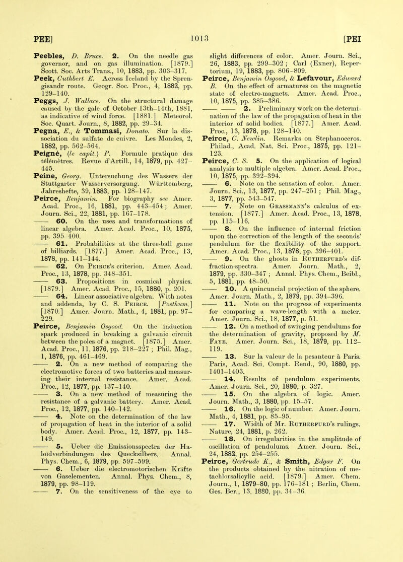 Peebles, D. Bruce. 2. On the needle gas governor, and on gas illumination. [1879.] Scott. Soc. Arts Trans., 10, 1883, pp. 303-317. Peek, Guthbert E. Across Iceland by the Spren- gisandr route. Geogr. Soc. Proc, 4, 1882, pp. 129-140. Peggs, J. Wallace. On the structural damage caused by the gale of October 13th-14th, 1881, as indicative of wind force. [1881.] Meteorol. Soc. Quart. Journ., 8, 1882, pp. 29-34. Pegna, E., & Tommasi, Donato. Sur la dis- sociation du sulfate de cuivre. Les Mondes, 2, 1882, pp. 562-564. Peigne, {le capit.) P. Formule pratique des telemetres. Revue d'Artill., 14, 1879, pp. 427- 445. Peine, Georg. Untersuchung des Wassers der Stuttgarter Wasserversorgung. Wiirttemberg, Jahreshefte, 39, 1883, pp. 128-147. Peirce, Benjamin. For biography see Amer. Acad. Proc, 16, 1881, pp. 443-454; Amer. Journ. Sci., 22, 1881, pp. 167-178. 60. On the uses and transformations of linear algebra. Amer. Acad. Proc, 10, 1875, pp. 395-400. 61. Probabilities at the three-ball game of billiards. [1877.] Amer. Acad. Proc, 13, 1878, pp. 141-144. 62. On Peirce's criterion. Amer. Acad. Proc, 13, 1878, pp. 348-351. 63. Propositions in cosmical physics. [1879.] Amer. Acad. Proc, 15, 1880, p. 201. 64. Linear associative algebra. With notes and addenda, by 0. S. Peirce. [Posi/mm.] [1870.] Amer. Journ. Math., 4, 1881, pp. 97- 229. Peirce, Benjamin Osgood. On the induction spark produced in breaking a galvanic circxxit between the poles of a magnet. [1875.] Amer. Acad. Proc, 11,1876, pp. 218-227 ; Phil. Mag., 1, 1876, pp. 461-469. 2. On a new method of comparing the electromotive forces of two batteries and measur- ing their internal resistance. Amer. Acad. Proc, 12, 1877, pp. 137-140. 3. On a new method of measuring the resistance of a galvanic battei-y. Amer. Acad. Proc, 12, 1877, pp. 140-142. 4. Note on the determination of the law of propagation of heat in the interior of a solid body. Amer. Acad. Proc, 12, 1877, pp. US- HQ. 5. Ueber die Emissionsspectra der Ha- loidverbindungen des Quecksilbers. Annal. Phys. Chem., 6, 1879, pp. 597-599. 6. TJeber die electromotorischen Kriifte von Gaselementen. Annal. Phys. Ohem., 8, 1879, pp. 98-119. 7. On the sensitiveness of the eye to slight differences of color. Amer. Journ. Sci., 26, 1883, pp. 299-302 ; Carl (Exner), Reper- torium, 19, 1883, pp. 806-809. Peirce, Benjamin, Osgood, &l Lefavour, Edward B. On the effect of armatures on the magnetic state of electro-magnets. Amer. Acad. Proc, 10, 1875, pp. 385-386. —— 2. Preliminary work on the determi- nation of the law of the propagation of heat in the intei'ior of solid bodies. [1877.] Amer. Acad. Proc, 13, 1878, pp. 128-140. Peirce, C. NeivUn. Remarks on Stephanoceros. Philad., Acad. Nat. Sci. Proc, 1875, pp. 121- 123. Peirce, C. S. 5. On the application of logical analysis to multiple algebra. Amer. Acad. Proc, 10, 1875, pp. 392-394. 6. Note on the sensation of color. Amei. Journ. Sci., 13, 1877, pp. 247-251 ; Phil. Mag., 3, 1877, pp. 543-547. 7. Note on Grassmann's calculus of ex- tension. [1877.] Amer. Acad. Proc, 13, 1878, pp. 115-116. 8. On the influence of internal friction upon the correction of the length of the seconds' pendulum for the flexibility of the support. Amer. Acad. Proc, 13, 1878, pp. 396-401. 9. On the ghosts in Rutherfurd's dif- fraction-spectra. Amer. Journ. Math., 2, 1879, pp. 330-347 ; Annal. Phys. Chem., Beibl., 5, 1881, pp. 48-50. 10. A quincuncial projection of the sphere. Amer. Journ. Math., 2, 1879, pp. 394-396. 11. Note on the progress of experiments for comparing a wave-length with a meter. Amer. Journ. Sci., 18, 1877, p. 51. 12. On a method of swinging pendulums for the determination of gravity, proposed by M. Faye. Amer. Journ. Sci., 18, 1879, pp. 112- 119. 13. Sur la valeur de la pesanteur a Paris. Paris, Acad. Sci. Compt. Rend., 90, 1880, pp. 1401-1403. 14. Results of pendulum experiments. Amer. Journ. Sci., 20, 1880, p. 327. 15. On the algebra of logic. Amer. Journ. Math., 3, 1880, pp. 15-57. 16. On the logic of number. Amer. Journ. Math., 4, 1881, pp. 85-95. 17. Width of Mr. Rutherfurd's rulings. Nature, 24, 1881, p. 262. 18. On irregularities in the amplitude of oscillation of pendulums. Amer. Journ. Sci., 24, 1882, i^p. 254-255. Peirce, Gertrude K., <fe Smith, Edga,r F. On the products obtained by the nitration of me- tachlorsalicylic acid. [1879.] Amer. Chem. Journ., 1, 1879-80, pp. 176-181 ; Berlin, Chem. Ges. Ber., 13, 1880, pp. 34-36.