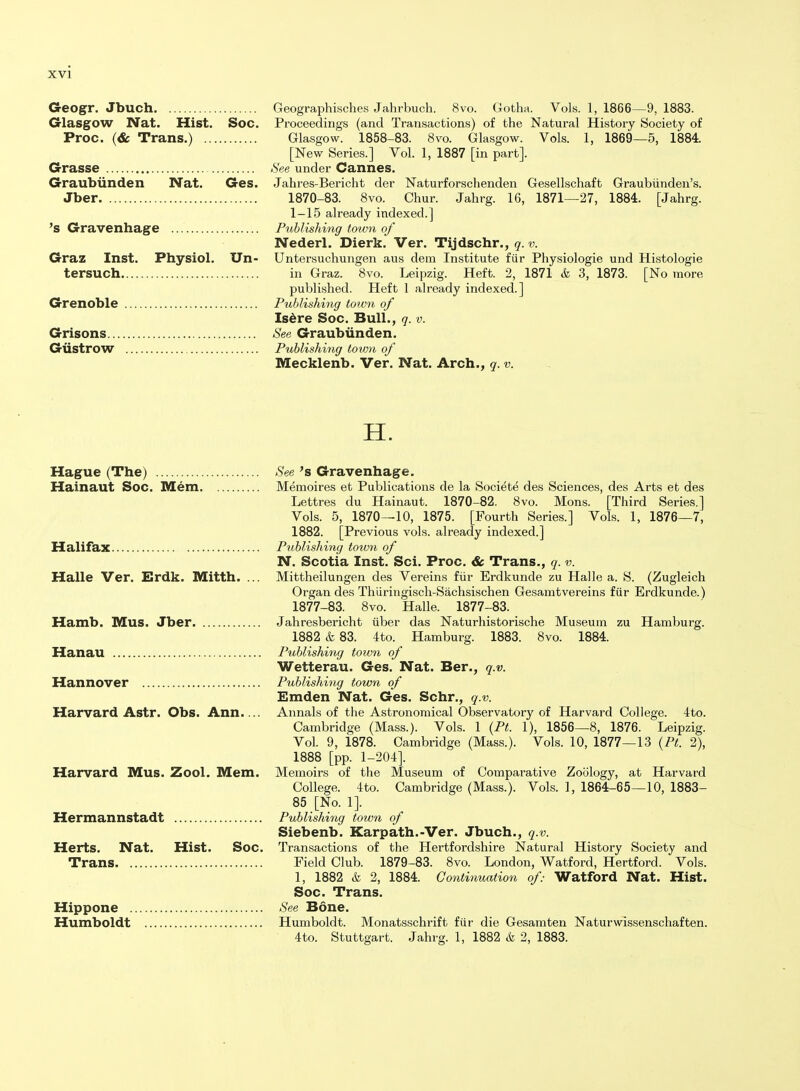 Geogr. Jbuch Geographisches Jahrbuch. 8vo. Gotha. Vols. 1, 1866—9, 1883. Glasgow Nat. Hist. Soc. Proceedings (and Transactions) of the Natural History Society of Proc. (& Trans.) Glasgow. 1858-83. 8vo. Glasgow. Vols. 1, 1869—5, 1884. [New Series.] Vol. 1, 1887 [in part]. Grasse See under Cannes. Graubiinden Nat. Ges. Jahres-Bericht der Naturforschenden Gesellschaft Graubiinden's. Jber 1870-83. 8vo. Chur. Jahrg. 16, 1871—27, 1884. [Jahrg. 1—15 already indexed.] 's Gravenhage Publishing town of Nederl. Dierk. Ver. Tijdschr., q. v. Graz Inst. Physiol. Un- Untersuchungen aus dem Institute fiir Physiologie und Histologie tersuch in Graz. 8vo. Leipzig. Heft. 2, 1871 & 3, 1873. [No more published. Heft 1 already indexed.] Grenoble Publishing tow7i of Isdre Soc. Bull., q. v. Grisons See Graubiinden. Giistrow Publishing town of Mecklenb. Ver. Nat. Arch., q. v. H. Hague (The) See^s Gravenhage. Hainaut Soc. Mem Memoires et Publications de la Societe des Sciences, des Arts et des Lettres du Hainaut. 1870-82. 8vo. Mons. [Third Series.] Vols. 5, 1870—10, 1875. [Fourth Series.] Vols. 1, 1876—7, 1882. [Previous vols, already indexed.] Halifax Publishing totmi of N. Scotia Inst. Sci. Proc. & Trans., q. v. Halle Ver. Erdk. Mitth. ... Mittheilungen des Vereins fiir Erdkunde zu Halle a. S. (Zugleich Organ des Thiiringisch-Sachsischen Gesamtvereins fiir Erdkunde.) 1877-83. 8vo. Halle. 1877-83. Hamb. Mus. Jber Jahresbericht viber das Naturhistorische Museum zu Hamburg. 1882 & 83. 4to. Hamburg. 1883. 8vo. 1884. Hanau Publishing town of Wetterau. Ges. Nat. Ber., q.v. Hannover Publishing town of Emden Nat. Ges. Schr., q.v. Harvard Astr. Obs. Ann.... Annals of the Astronomical Observatory of Harvard College. 4to. Cambridge (Mass.). Vols. 1 (Pi!. 1), 1856—8, 1876. Leipzig. Vol. 9, 1878. Cambridge (Mass.). Vols. 10, 1877—13 {Pt. 2), 1888 [pp. 1-204]. Harvard Mus. Zool. Mem. Memoirs of the Museum of Comparative Zoology, at Harvard College. 4to. Cambridge (Mass.). Vols. ], 1864-65—10, 1883- 85 [No. 1]. Hermannstadt Publishing town of Siebenb. Karpath.-Ver. Jbuch., q.v. Herts. Nat. Hist. Soc. Transactions of the Hertfordshire Natural History Society and Trans Field Club. 1879-83. 8vo. London, Watford, Hertford. Vols. 1, 1882 & 2, 1884. Continuation of- Watford Nat. Hist. Soc. Trans. Hippone See Bdne. Humboldt Humboldt. Monatsschrift fiir die Gesamten Naturwissenschaften. 4to. Stuttgart. Jahrg. 1, 1882 & 2, 1883.