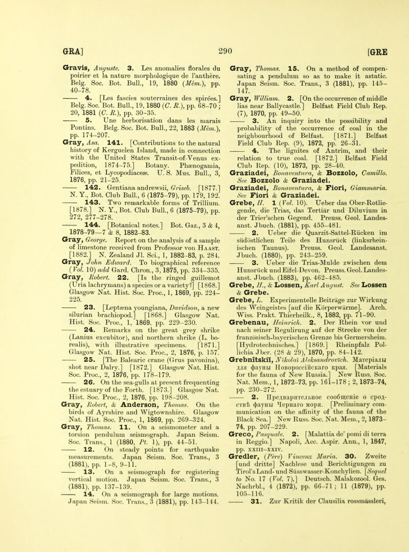 Gravis, Auguste. 3. Les anomalies florales du poirier et la nature morphologique de I'anthere. Belg. Soc. Bot. Bull., 19, 1880 {Mem.), pp. 40-78. 4. [Les fascies souterraines des spirees.] Belg. Soc. Bot. Bull., 19,1880 (C. R.), pp. 68-70 ; 20, 1881 {C.R.), pp. 30-35. 5. Une herborisation dans les niarais Pontins. Belg. Soc. Bot. Bull., 22, 1883 (Mem.), pp. 174-207. Gray, ^sa. 141. [Contributions to the natural history of Kerguelen Island, made in connection with the United States Transit-of-Venus ex- pedition, 1874-75.] Botany. Phsenogamia, Filices, et Lycopodiaceae. U. S. Mus. Bull, 3, 1876, pp. 21-25. 142. Gentiana andrewsii, (rrise^. [1877.1 N. Y., Bot. Club Bull., 6 (1875-79), pp. 179, 192. 143. Two remarkable forms of Trillium. [1878.] N. Y., Bot. Club Bull., 6 (1875-79), pp. 272, 277-278. 144. [Botanical notes.] Bot. Gaz., 3 & 4, 1878-79—7 & 8, 1882-83. Gray, George. Report on the analysis of a sample of limestone received from Professor von Haast. [1882.] N. Zealand Jl. Sci., 1, 1882-83, p. 284. Gray, John Edward. To biographical reference (Vol. 10) add Gard. Chron., 3,1875, pp. 334-335. Gray, Robert. 22. [Is the ringed guillemot (Uria lachrymans) a species or a variety?] [1868.] Glasgow Nat. Hist. Soc. Proc, 1, 1869, pp. 224- 225. 23. [Leptiena youngiana, Davidson, a new Silurian brachiopod.] [1868.] Glasgow Nat. Hist. Soc. Proc, 1, 1869, pp. 229-230. 24. Remarks on the great grey shrike (Lanius excubitor), and northern shrike (L. bo- realis), with illustrative specimens. [1871.] Glasgow Nat. Hist. Soc. Proc, 2, 1876, p. 157. 25. [The Balearic crane (Grus pavonina), shot near Dairy.] [1872.] Glasgow Nat. Hist. Soc Proc, 2, 1876, pp. 178-179. 26. On the sea-gulls at present frequenting the estuary of the Forth. [1873.] Glasgow Nat. Hist. Soc Proc, 2, 1876, pp. 198-208. Gray, Robert, cfe Anderson, Thomas. On the birds of Ayrshire and Wigtownshire. Glasgow Nat. Hist. Soc Proc, 1, 1869, pp. 2G9-324. Gray, Thomas. 11. On a seismometer and a torsion pendulum seismograph. Japan Seism. Soc Trans., 1 (1880, Pt. 1), pp. 44-51. 12. On steady points for earthquake measurements. Japan Seism. Soc. Trans., 3 (1881), pp. 1-8, 9-11. 13. On a seismograph for registering vertical motion. Japan Seism. Soc. Trans., 3 (1881), pp. 137-139. 14. On a seismograph for large motions. Japan Seism. Soc. 'I'rans., 3 (1881), pp. 143-144. Gray, Thomas. 15. On a method of compen- sating a pendulum so as to make it astatic. Japan Seism. Soc. Trans., 3 (1881), pp. 145- 147. Gray, William. 2. [On the occurrence of middle Jias near Ballycastle.J Belfast Field Club Rep. (7), 1870, pp. 49-50. 3. An inquiiy into the possibility and probability of the occurrence of coal in the neighbourhood of Belfast. [1871.] Belfast Field Club Rep. (9), 1872, pp. 26-31. 4. The lignites of Antrim, and their relation to true coal. [1872.] Belfast Field Club Rep. (10), 1873, pp. 28-40. Graziadei, Bonaventura, & Bozzolo, CamUlo. See Bozzolo & Graziadei. Graziadei, Bonaventura, & Fiori, Giammaria. See Fiori & Graziadei. Grebe, //. 1 {Vol. 10). TJeber das Ober-Rotlie- gende, die Trias, das Tertiar und Diluvium in der Trier'schen Gegend. Preuss. Geol. Landes- anst. Jbuch. (1881), pp. 455-481. 2. Ueber die Quarzit-Sattel-Rucken im siidostlichen Telle des Hunsriick (linksrhein- ischen Taunus). Preuss. Geol. Landesanst. Jbuch. (1880), pp. 243-259. 3. Ueber die Trias-Mulde zwischen dem Hunsriick und Eifel-Devon. Preuss. Geol. Landes- anst. Jbuch. (1883), pp. 462-485. Grebe, H., & Lossen, Karl August. See Lossen & Grebe. Grebe, L. Experimentelle Beitriige zur Wirkung des Weingeistes [auf die Korperwiirme]. Arch. Wiss. Prakt. Thierheilk., 8, 1882, pp. 71-90. Grebenau, Heinrich. 2. Der Rhein vor und nach seiner Reguliruno; auf der Strecke von der franzosisch-bayerischen Grenze bis Germersheim. [Hydrotechnisches.] [1869.] Rheinpfalz Pol- lichia Jber. (28 & 29), 1870, pp. 84-142. Grebnitskii, Nikolai Aleksandrovjch. Maxepia.iH AM{ (l)aynH IIoBopocciriCKaro itpaa. [Materials for the fauna of New Russia.] New Russ. Soc. Nat. Mem., 1, 1872-73, pp. 161-178; 2,1873-74, pp. 230-272. 2. npejtBapHTe.ii>noe coo6in,eHie o epoA- CTB'I; t|)ayuiJ ^lepiiaro Mopa. [Preliminary com- munication on the affinity of the fauna of the Black Sea.] New Russ. Soc. Nat. Mem., 2,1873- 74, pp. 207-229. Greco, I'asquale. 2. [Malattia de' pomi di terra in Reggio.] Napoli, Acc. Aspir. Ann., 1, 1847, pp. XXIII-XXIV. Gredler, {Pere) Vincenz Maria. 30. Zweite [und dritte] Nachlese und Bericlitigungen zu Tirol's Land-und Siisswasser-Konchylien. [Sequel to No. 17 {Vol. 7).] Deutsch. Malakozool. Ges. Nachrbl., 4 (1872), pp. 66-71; 11 (1879), pp. 105-116. 31. Zui- Kritik der Clausilia ros-smassleri,