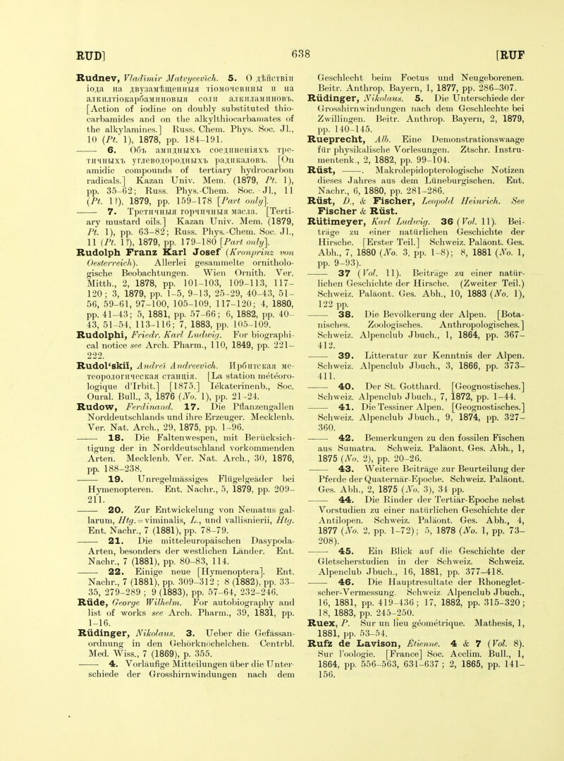 Rudnev, Vladimir Matvyeevlch. 5. 0 ji,1>iiCTBin iojta na jiBy3aMi5U],eHHi.iH TioMO»ieBiiHi.i ii na a.iiKii.iTioKap6aMiiHOBHfl co.iii ajKiLiaMiiiiOBi,. [Action of iodine on doubly substituted thio- carbamides and on tlie alkylthiocarbamates of the alkylamines.] Russ. Chem. Pl)ys. Boc. Jl., 10 {PL 1), 1878, pp. 184-191. 6. OCt aMiijiHHix'b coejuiHciiiHX'h rpo- TiniHUXT) yr.ireBoji,opoji;HHX'i. pajuritajiOB't. [On amidic compounds of tertiary hydrocarbon radicals.] Kazan Univ. Mem. (1879, Pt. 1), pp. 35-62; Russ. Phys.-Chem. Soc. ■ Jl., 11 {Pt. 1?), 1879, pp. 159-178 {Part only]. 7. TpexiiHHHfl rop'iiniHHH Macia. [Terti- ary mustard oils.] Kazan Univ. Mem. (1879, Pt. 1), pp. 63-82; Russ. Phys.-Chem. Soc. Jl., 11 (Pt. 1879, pp. 179-180 [Part onlyy Rudolph Franz Karl Josef {Kronprinz iK>n Oesterreich). AUerlei gesammelte ornitliolo- gische Beobachtungen. Wien Ornith. Ver. Mitth., 2, 1878, pp. 101-103, 109-113, 117- 120; 3, 1879, pp. 1-5, 9-13, 25-29, 40-43, 51- 56, 59-61, 97-100, 105-109, 117-120; 4, 1880, pp. 41-43; 5, 1881, pp. 57-66; 6, 1882, pp. 40- 43, 51-54, 113-116; 7, 1883, pp. 10.5-109. Rudolphi, Friedr. Karl Ludwig. For biographi- cal notice see Arch. Pharm., 110, 1849, pp. 221- 222. Rudol'skii, Andrei Andreevich. HpoincKaji iie- Teopo.iont'iecKaa c/raHuia. [La station meteoro- logique d'Irbit.] [1875.] lekaterinenb., Soc. Oural. Bull., 3, 1876 {JVo. 1), pp. 21-24. Rudow, Ferdhiand. 17. Die Ptlanzengallen Norddeutschlands und ihre Erzeuger. Mecklenb. Ver. Nat. Arch., 29, 1875, pp. 1-96. 18. Die Faltenwespen, mit Beriicksich- tigung der in Norddeutschland vorkommenden Arten. Mecklenb. Ver. Nat. Arch., 30, 1876, pp. 188-238. 19. Unregelmassiges Fliigelgeader bei Hymenopteren. Ent. Nachr., 5, 1879, pp. 209- 211. 20. Zur Entwickelung von Neniatus gal- laruni, //<(/. = viminalis, L., und vallisnierii, Hty. Ent. Nachr., 7 (1881), pp. 78-79. 21. Die mitteleuropaischen Dasypoda- Arten, besonders der westlichen Lander. Ent. Nachr., 7 (1881), pp. 80-83, 114. 22. Einige neue [Hynienoptera]. Ent. Nachr., 7 (1881), pp. 309-312 ; 8 (1882), pp. 33- 35, 279-289 ; 9 (1883), pp. 57-64, 232-246. Riide, George Wilhelm. For autobiography and list of works see Arch. Pharm., 39, 1831, pp. 1-16. Riidinger, Nikolaus. 3. Ueber die Gefassan- ordnung in den Oehorknochelchen. Centrbl. Med. Wiss., 7 (1869), p. 355. 4. Vorlaufige Mitteilungen iiber die Untei'- schiede der Grosshirnwindungen nach dem Geschlecht beini Foetus und Neugeborenen. Beitr. Anthrop. Bayern, 1, 1877, pp. 286-307. Riidinger, Nikolaus. 5. Die Unterschiede der Grosshirnwindungen nach dem Geschlechte bei Zwillingen. Beitr. Anthrop. Bayern, 2, 1879, pp. 140-145. Rueprecht, Alh. Eine Demonstrationswaage fiir physikalische Vorlesungen. Ztschr. Instru- mentenk., 2, 1882, pp. 99-104. Riist, . Makrolepidopterologische Notizen dieses Jahres aus dem Luneburgischen. Ent. Nachr., 6, 1880, pp. 281-286. Riist, Z>., & Fischer, Leopold Hehirich. See Fischer k Riist. RUtimeyer, Karl Ludwig. 36 (Vol. 11). Bei- triige zu einer natiirlichen Geschichte der Hirsche. [Erster Teil.] Schweiz. Palaont. Ges. Abh., 7, 1880 {JVo. 3, pp. 1-8); 8, 1881 {No. 1, pp. 9-93). 37 {Vol. 11). Beitriige zu einer natiir- lichen Geschichte der Hirsche. (Zweiter Teil.) Schweiz. Palaont. Ges. Abh., 10, 1883 {No. 1), 122 pp. 38. Die Bevolkerung der Alpen. [Bota- nisches. Zoologisches. Anthropologisches.] Schweiz. Alpenclub -Jbuch., 1, 1864, pp. 367- 412. 39. Litteratur zur Kenntnis der Alpen. Schweiz. Alpenclub Jbuch., 3, 1866, pp. 373- 411. 40. Der St. Gotthard. [Geognostisches.] Schweiz. Alpenclub Jbuch., 7, 1872, pp. 1-44. 41. Die Tessiner Alpen. [Geognosti.sches.] Schweiz. Alpenclub Jbuch., 9, 1874, pp. 327- 360. 42. Bemerkungen zu den fossilen Fischen aus Sumatra. Schweiz. Palaont. Ges. Abh., 1, 1875 (No. 2), pp. 20-26. 43. Weitere Beitrage zur Beurteilung der Pferde der Quaternar-Epoclie. Schweiz. Palaont. Ges. Abh., 2, 1875 {No. 3), 34 pp. 44. Die Binder der Tertiar-Epoche nebst Vorstudien zu einer natiirlichen Geschichte der Antilopen. Schweiz. Palaont. Ges. Abh., 4, 1877 {No. 2, pp. 1-72); 5, 1878 {No. 1, pp. 73- 208). 45. Ein Blick auf die Geschichte der Gletscherstudien in der Schweiz. Schweiz. Alpenclub Jbuch., 16, 1881, pp. 377-418. 46. Die Hauptresultate der Rhoneglet- scher-Vermessung. Schweiz. Alpenclub Jbuch., 16, 1881, pp. 419-436; 17, 1882, pp. 315-320; 18, 1883, pp. 245-250. RueX; 7^. Sur un lieu geometrique. Mathesis, 1, 1881, pp. 53-54. Rufz de Lavison, Ktienne. 4 & 7 {Vol. 8). Sur I'oologie. [France] Soc. Acclim. Bull., 1, 1864, pp. 556-563, 631-637; 2, 1865, pp. 141- 156.