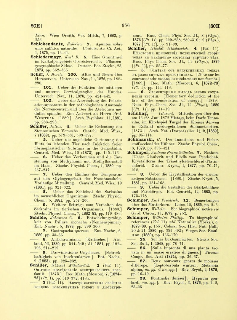 Linn. Wien Ornith. Ver. Mitth., 7, 1883, p. 253. Schickendantz, Federico. 7. Apuntes sobre unos sulfates naturales. Cordoba Ac. Ci. Act., 1, 1875, pp. 13-41. Schiedermayr, Karl B. 5. Eine Granitinsel im Kalkalpengebiete Oberosterreichs. Pflanzen- geographische Skizze. Oesterr. Bot. Ztsclir., 23, 1873, pp. 362-366. Schiif, J. Moritz. 100. Altes und Neues iiber Herznerven. Untersuch. Nat., 11, 1876, pp. 188- 290. 101. Ueber die Funktion der mittleren und unteren Cervicalganglieu des Hundes. Untersuch. Nat., 11, 1876, pp. 424-442. 102. Ueber die Anwendung des Polaris- ationsapparates in der pathologischen Anatomie der Nervencentren und iiber die Atelectasis uie- dullae spinalis. Eine Antwort an Herrn Prof. Westphal. [1880.] Arch. P,sychiatr., 11,1881, pp. 283-293. Schififer, Julius. 4. Ueber die Bedeutung des Stenson'schen Versuchs. Oentrbl. Med. Wiss., 7 (1869), pp. 579-581, 593-597. 5. Ueber die angebliche Gerinnung des Bluts im lebenden Tier nach Injektion freier fibrinoplastischer Substanz in die Gefassbahn. Centrbl. Med. Wiss., 10 (1872), pp. 145-146. 6. Ueber das Vorkonimen und die Ent- stehung von Methylamin und Methylharnstofl im Harn. Ztschr. Physiol. Chem., 4, 1880, pp. 237-247. 7. Ueber den Einfluss der Temperatur auf den Glykogengehalt der Froschmuskeln. Vorlaufige Mitteilung. Centrbl. Med. Wiss., 19 (1881), pp. 321-322. — 8. Ueber das Schicksal des Sarkosins im menschlichen Organismus. Ztschr. Physiol. Chem., 5, 1881, pp. 257-266. — 9. Weitere Beitrage zum Verbal ten des Sarkosins im tierischen Organismus. [1883.] Ztschr. Physiol. Chem., 7, 1882-83, pp. 479-486. Schilde, Johannes G. 6. Entwicklungszahig- keit von Psilura monacha (Nonnenspinner). Ent. Nachr., 5, 1879, pp. 299-300. 7. Gastropacha quercus. Ent. Nachr., 6, 1880, pp. 35-36. 8. Antidarwiniana. [Kritisches.] Aus- land, 53, 1880, pp. 544-549; 54, 1881, pp. 192- 196, 214-219. 9. Darwinistische Ungeheuer. [Schreck- haftigkeit von Insektenlarven.] Ent. Nachr., 9 (1883), pp. 225-232. Schiller, Nikolai Nlkolaevich. 1 {Vol. 11). OnuTHoe ii3CJi'fe;i;oBaHie 9.iieKTpiiiecKirxi KCie- SaHiR. [1875.] Rec. Math. (Moscou), 7, [1874- 75] {PL 1), pp. 319-372, 418 a. Z {Vol. 11). 3.ieKTpoMarHHTHHJi CBoncTBa KOHii,eBi> pasoMKHyTHX'i. TOKOB'f> u ;i;i9JieKTpn- KOBi>. Russ. Chem. Phys. Soc. Jl., 8 {Phys.), 1876 \{Pt. 1)], pp. 229-258, 289-310; 9 {Phys.), 1877 [{PL 1)], pp. 91-93. Schiller, NlkoM Nlkolaevich. 4 {Vol. 11). HfeitOToptiH iipii.iio!K,eHia MexaHHiecKori Teopiu 'lenjia K'b iiajrhHeHiio cocTOflHia yiipyraro T'bjia. Russ. Phys.-Chem. Soc. Jl., 11 {Phys.), 1879 [{PL 1)], pp. 55-77. 5. 3aM'{;TKa Ofi-b IIHJI.yKTIIBHHX'B TOKaxi Bi> pa.30MKHyTHX7> iipoBOji,HiiKax7,. [Note sur les courants induitsdans les conducteurs non fermes. [1869.] Rec. Math. (Moscou), 6, [1872-73 {PL 1), pp. 111-118. 6. 3.iieMeHTapHHii bhboji aaitoHa coxpa- HeHia anepriir. [Elementary deduction of the law of the conservation of energy.] [1879.] Russ. Phys.-Chem. Soc. Jl., 12 {Phys.), 1880 [{PL 1)], pp. 14-19. Schilling, {Baron). Mitteilungen iiber den am 16./28. Juni 1872 Mittags, beim Dorfe Tenna- silm, im Kirchspiel Turgel des Kreises Jerwen in Estland niedergefallenen Steinmeteoriten. [1873.] Arch. Nat. (Dorpat) {Ser. 1), 9, [1889], pp. 95-114. Schimanski, H. Der Inanitions- und Fieber- stoffwechsel der Hiihner. Ztschr. Physiol. Chem., 3, 1879, pp. 396-421. Schimper, Andreas Franz Wilhelm. 7. Notizen. [Ueber Glauberit und Blodit vom Pendschab. Krystallform des Triaetliylselenchlorid-Platin- chlorid.] Ztschr. Kryst., 1, 1877, pp. 70-71, 218. 8. Ueber die Krystallisation der eiweiss- artigen Substanzen. [1880.] Ztschr. Kryst., 5, 1881, pp. 131-168. 9. Ueber die Gestalten der Starkebildner und Farbkorper. Bot. Centrbl., 12, 1882, pp. 175-178. Schimper, Karl Friedrich. 11. Bemerkungen iiber das Mutterkorn. Lotos, 15, 1865, pp. 2-6. Schimper, Wilhelm. For biographical notice see Card. Chron., 11, 1879, p. 752. Schimper, Wilhelm Philipp. To biographical references {Vol. 11) add Naturalist (Yorks.), 5, 1879-80, p. 155; Colmar Soc. Hist. Nat. Bull., 20 & 21, 1880, pp. 351-392; Vosges Soc. Emul. Ann. (1880), pp. 166-170. 25. Sur les buxbaumiacees. Strasb. Soc. Sci. Bull., 1, 1868, pp. 70-71. 26. [Sulla impronta di una pianta tro- vata in un masso erratico di gneiss.] Firenze Congr. Bot. Atti (1874), pp. 36-37. — 27. Deux nouveaux genres de mousses d'Europe. [Leptobarbula winteri; Metzleria alpina, nn. gq. et nn. spp.'\ Rev. BryoL, 2, 1875, pp. 16-19. — 28. Fontinalis duriaei[; Hypnum gou- lardi, nn. spp.]. Rev. Bryol., 3, 1876, pp. 1-2, 25-26.