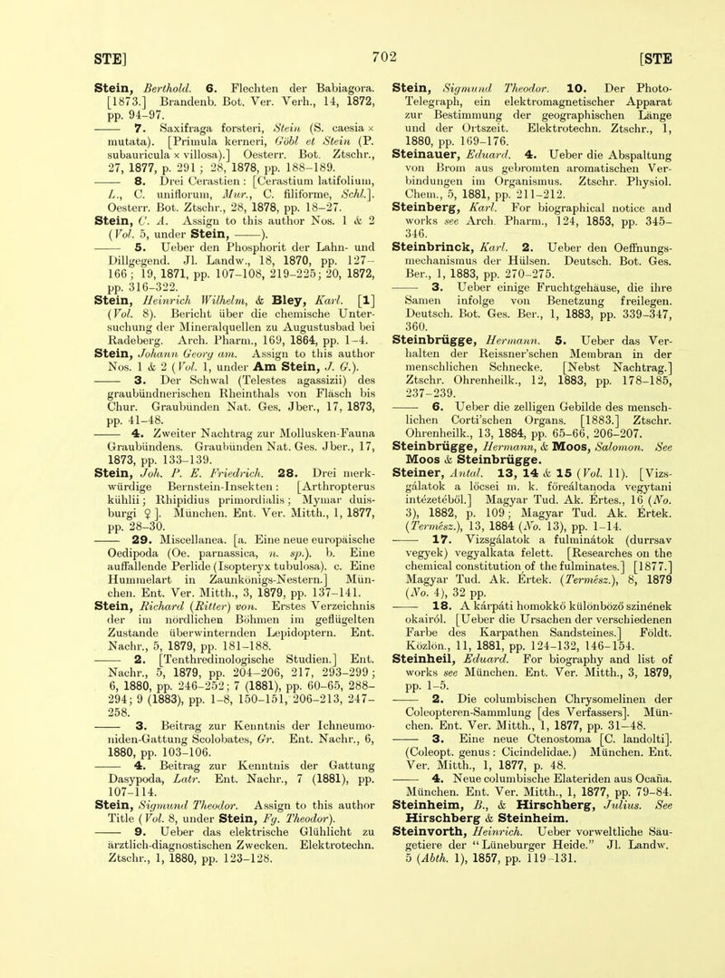 Stein, Berthold. 6. Flechten der Babiagora. [1873.] Brandenb. Bot. Ver. Verb., U, 1872, pp. 94-97. —— 7. Saxifraga forsteri, Steiit (S. caesia x mutata). [Primula kerneri, Gohl et Stein (P. subauricula x villosa).] Oesterr. Bot. Ztschr., 27, 1877, p. 291 ; 28, 1878, pp. 188-189. ■—— 8. Drei Cerastien : [Cerastium latifoliuiii, L., C. uniflorum, Mur., C. filiforme, Schl.\ Oesterr. Bot. Ztschr., 28, 1878, pp. 18-27. Stein, C. A. Assign to this author Nos. 1 & 2 (Vol. 5, under Stein, ——). 5. Ueber den Phosphorit der Lahn- und Dillgegend. Jl. Landw., 18, 1870, pp. 127- 166; 19, 1871, pp. 107-108, 219-225; 20, 1872, pp. 316-322. Stein, Heinrich Wilhelm, & Bley, Karl. [1] (Vol. 8). Bericht iiber die chemische Unter- suchung der Mineralquellen zu Augustusbad bei Radeberg. Arch. Pharm., 169, 1864, pp. 1-4. Stein, Johann Geory am. Assign to this author Nos. I k2{Vol.\, under Am Stein, J. G.). 3. Der Schwal (Telestes agassizii) des graubiindnerischen Rheinthals von Flasch bis Chur. Graubiinden Nat. Ges. Jber., 17, 1873, pp. 41-48. 4. Zweiter Nachtrag zur MoUusken-Fauna Graubiindens. Graubiinden Nat. Ges. Jber., 17, 1873, pp. 133-139. Stein, Joh. P. E. Friedrich. 28. Drei nierk- wiirdige Bernstein-Insekten: [Arthropterus kiihlii; Rhipidius primordialis ; Myuiar duis- burgi ?]. Miinchen. Ent. Ver. Mitth., 1, 1877, pp. 28-30. 29. Miscellanea, [a. Eine neue europaische Oedipoda (Oe. parnassica, m. sp.). b. Eine auffallende Perlide (Isopteryx tubulosa). c. Eine Humiuelart in Zaunkonigs-Nestern.] Miin- chen. Ent. Ver. Mitth., 3, 1879, pp. 137-141. Stein, Richard {Bitter) von. Erstes Verzeichnis der im nordlichen Bohmen im gefliigelten Zustande iiberwinternden Lepidoptern. Ent. Nachr., 5, 1879, pp. 181-188. 2. [Tenthredinologische Studien.] Ent. Nachr., 5, 1879, pp. 204-206, 217, 293-299; 6, 1880, pp. 246-252; 7 (1881), pp. 60-65, 288- 294; 9 (1883), pp. 1-8, 150-151, 206-213, 247- 258. 3. Beitrag zur Kenntnis der Ichneumo- niden-Gattung Scolobates, Gr. Ent. Nachr., 6, 1880, pp. 103-106. 4. Beitrag zur Kenntnis der Gattung Dasypoda, Latr. Ent. Nachr., 7 (1881), pp. 107-114. Stein, Sigmimd Theodor. Assign to this author Title (Vol. 8, under Stein, Fy. Theodor). 9. Ueber das elektrische Gliihlicht zu arztlich-diagnostischen Zwecken. Elektrotechn. Ztschr., 1, 1880, pp. 123-128. Stein, SiyntiDid Theodor. 10. Der Photo- Telegraph, ein elektromagnetischer Apparat zur Bestimmung der geographischen Lange und der Ortszeit. Elektrotechn. Ztschr., 1, 1880, pp. 169-176. Steinauer, Eduard. 4. Ueber die Abspaltung von Brom aus gebr-ointen aromatischen Ver- bindungen im Organismus. Ztschr. Physiol. Chem., 5, 1881, pp. 211-212. Steinberg;, Karl. For biographical notice and works see Arch. Pharm., 124, 1853, pp. 345- 346. Steinbrinck, Karl. 2. Ueber den Oeffnungs- mechanismus der Hiilsen. Deutsch. Bot. Ges. Ber., 1, 1883, pp. 270-275. 3. Ueber einige Fruchtgehause, die ihre Samen infolge von Benetzung freilegen. Deutsch. Bot. Ges. Ber., 1, 1883, pp. 339-347, 360. Steinbrugge, Hermann. 5. Ueber das Ver- halten der Reissner'schen Membran in der menschlichen Schnecke. [Nebst Nachtrag.] Ztschr. Ohrenheilk., 12, 1883, pp. 178-185, 237-239. 6. Ueber die zelligen Gebilde des mensch- lichen Corti'schen Organs. [1883.] Ztschr. Ohrenheilk., 13, 1884, pp. 65-66, 206-207. Steinbriigge, Hermann, & Moos, Salomon. See Moos k Steinbriigge. Steiner, Antal. 13, 14 & 15 {Vol. 11). [Vizs- galatok a locsei ni. k. forealtanoda vegytani intezetebol.] Magyar Tud. Ak. Ertes., 16 {No. 3), 1882, p. 109; Magyar Tud. Ak. Ertek. {Termesz.), 13, 1884 {No. 13), pp. 1-14. 17. Vizsgalatok a fulminatok (durrsav vegyek) vegyalkata felett. [Researches on the chemical constitution of the fulminates.] [1877.] Magyar Tud. Ak. Ertek. {Termesz.), 8, 1879 {No. 4), 32 pp. 18. A karpati homokko kiilonbozo szinenek okairdl. [Ueber die Ursachen der verschiedenen Farbe des Karpathen Sandsteines.] Foldt. Kozlon., 11, 1881, pp. 124-132, 146-154. Steinheil, Eduard. For biography and list of works see Munchen. Ent. Ver. Mitth., 3, 1879, pp. 1-5. 2. Die columbischen Chrysomelinen der Coleopteren-Sammlung [des Verfassers]. Miin- chen. Ent. Ver. Mitth., 1, 1877, pp. 31-48. 3. Eine neue Ctenostoma [C. landolti]. (Coleopt. genus : Cioindelidae.) Munchen. Ent. Ver. Mitth., 1, 1877, p. 48. 4. Neue columbische Elateriden aus Ocafia. Munchen. Ent. Ver. Mitth., 1, 1877, pp. 79-84. Steinheim, B., & Hirschberg, Jidius. See Hirschberg & Steinheim. Steinvorth, Heinrich. Ueber vorweltliche Sau- getiere der  Liineburger Heide. Jl. Landw. 5 {Abth. 1), 1857, pp. 119-131.