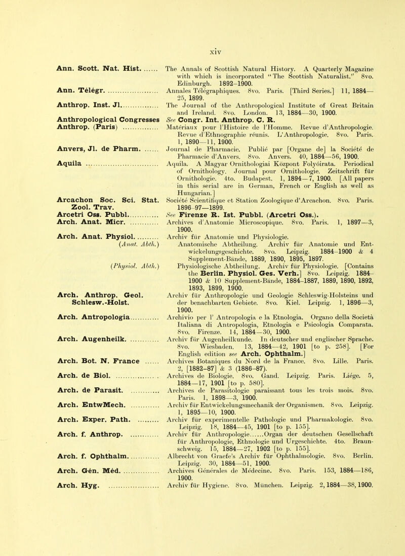 Ann. Scott. Nat. Hist The Annals of Scottish Natural History. A Quarterly Magazine with which is incorporated  The Scottish Naturalist. 8vo. Edinburgh. 1892-1900. Ann. Telegr Annales Telegraphiques. 8vo. Paris. [Third Series.] 11,1884— 25, 1899. Anthrop. Inst. Jl The Journal of the Anthropological Institute of Great Britain and Ireland. 8vo. London. 13, 1884—30, 1900. Anthropological Congresses See Congr. Int. Anthrop. C. R. Anthrop. (Paris) Materiaux pour l'Histoire de l'Homme. Revue dAnthropologie. Revue d'Ethnographie reunis. L'Anthropologic. 8vo. Paris. 1, 1890—11, 1900. Anvers, Jl. de Pharm Journal de Pharmacie. Public par [Organe de] la Societe de Pharmacie dAnvers. 8vo. Anvers. 40, 1884—56, 1900. Aquila Aquila. A Magyar Ornithologiai Kozpont Foly6irata. Periodical of Ornithology. Journal pour Ornithologie. Zeitschrift fur Ornithologie. 4to. Budapest. 1, 1894—7, 1900. [All papers in this serial are in German, French or English as well as Hungarian. ] Arcachon Soc. Sci. Stat. Societe Scientihque et Station Zoologique d'Arcachon. 8vo. Paris. Zool. Trav. 1896-97—1899. Arcetri Oss. Pubbl See Firenze R. 1st. Pubbl. (Arcetri Oss.). Arch. Anat. Micr Archives dAnatomie Microscopique. 8vo. Paris. 1, 1897—3, 1900. Arch. Anat. Physiol Archiv fur Anatomie und Physiologic (Anat, Abth.) Anatomische Abtheilung. Archiv fiir Anatomie und Ent- wickelungsgeschichte. 8vo. Leipzig. 1884—1900 & 4 Supplement -Bande, 1889, 1890, 1895, 1897. (Physiol. Abth.) Physiologische Abtheilung. Archiv fiir Physiologie. [Contains the Berlin. Physiol. Ges. Verh.] 8vo. Leipzig. 1884- 1900 & 10 Supplement-Bande, 1884-1887, 1889, 1890, 1892, 1893, 1899, 1900. Arch. Anthrop. Geol. Archiv fiir Anthropologic und Geologie Schleswig-Holsteins und Schlesw.-Hoist. der benachbarten Gebiete. 8vo. Kiel. Leipzig. 1, 1896—3, 1900. Arch. Antropologia Archivio per 1' Antropologia e la Etnologia. Organo della Societa Italiana di Antropologia, Etnologia e Psicologia Comparata. 8vo. Firenze. 14, 1884—30, 1900. Arch. Augenheilk Archiv fiir Augenheilkunde. In deutscher und englischer Sprache. 8vo. Wiesbaden. 13, 1884—42, 1901 [to p. 258]. [For English edition see Arch. Ophthalm. j Arch. Bot. N. France Archives Botaniques du Nord de la France. 8vo. Lille. Paris. 2, [1882-87] & 3 (1886-87). Arch, de Biol Archives de Biologie. 8vo. Gand. Leipzig. Paris. Liege. 5, 1884—17, 1901 [to p. 580]. Arch, de Parasit Archives de Parasitologic paraissant tous les trois mois. 8vo. Paris. 1, 1898—3, 1900. Arch. EntwMech Archiv fiir Entwickelungsmechanik der Organismen. 8vo. Leipzig. 1, 1895—10, 1900. Arch. Exper. Path Archiv fiir experimentelle Pathologie und Pharmakologie. 8vo. Leipzig. 18, 1884—45, 1901 [to p. 155]. Arch. f. Anthrop Archiv fiir Anthropologic Organ der deutschen Gesellschaft fiir Anthropologie, Ethnologic und Urgeschichte. 4to. Braun- schweig. 15, 1884—27, 1902 [to p. 155]. Arch. f. Ophthalm Albrecht von Graefe's Archiv fur Ophthalmologic. 8vo. Berlin. Leipzig. 30, 1884—51, 1900. Arch. Gen. Med Archives Generates de Medecine. 8vo. Paris. 153, 1884—186, 1900. Arch. Hyg Archiv fur Hygiene. 8vo. Miinchen. Leipzig. 2,1884—38,1900.