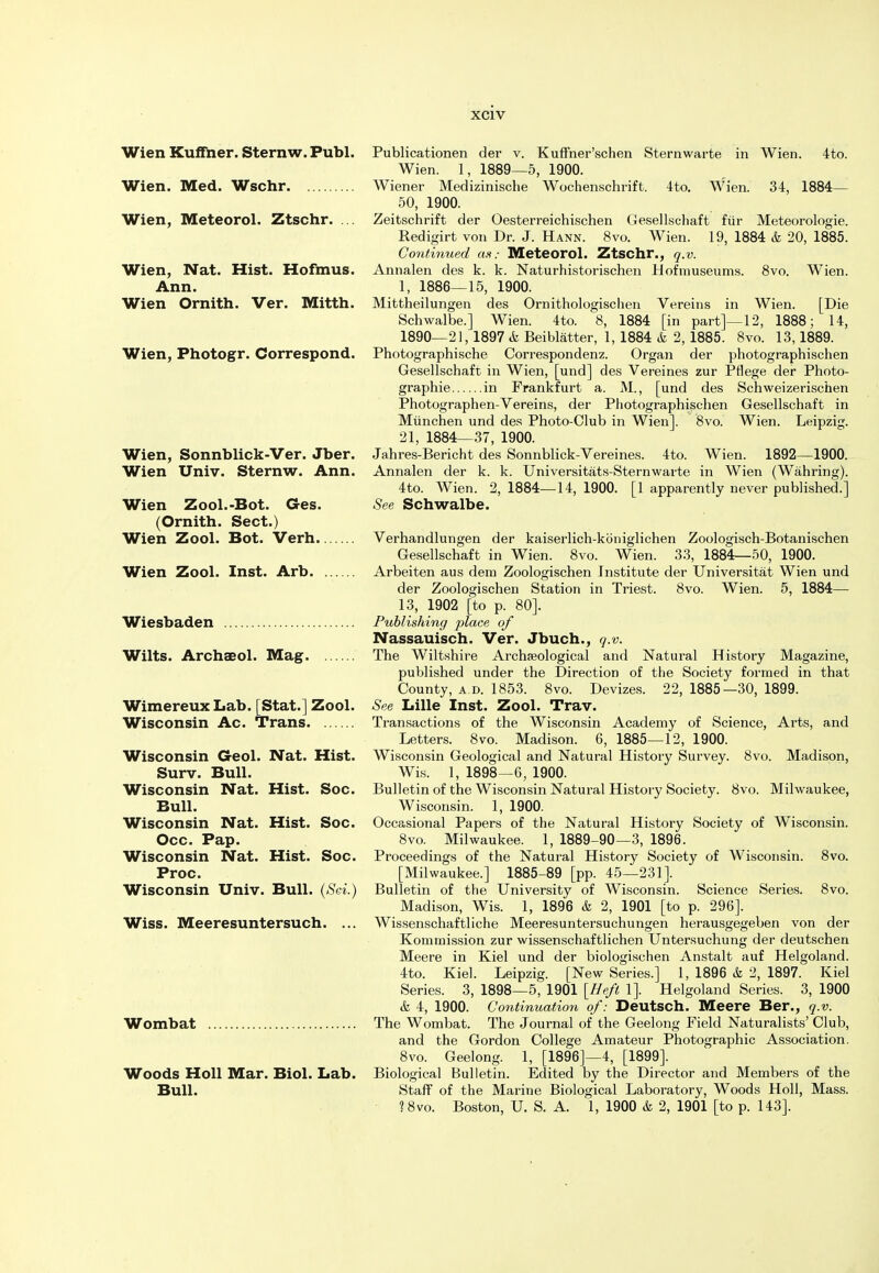 Wien Kuffner. Sternw. Publ Wien. Med. Wschr Wien, Meteorol. Ztschr. Wien, Nat. Hist. Hofmus Ann. Wien Ornith. Ver. Mitth Wien, Photogr. Correspond Wien, Sonnblick-Ver. Jber. Wien Univ. Sternw. Ann. Publicationen der v. Kuffner'schen Sternwarte in Wien. 4to. Wien. 1, 1889—5, 1900. Wiener Medizinische Wochenschrift. 4to. Wien. 34, 1884— 50, 1900. Zeitschrift der Oesterreichischen Gesellschaft fur Meteorologie. Redigirt von Dr. J. Hann. 8vo. Wien. 19, 1884 & 20, 1885. Continued as: Meteorol. Ztschr., q.v. Annalen des k. k. Naturhistorischen H of museums. 8vo. Wien. 1, 1886—15, 1900. Mittheilungen des Ornithologischen Vereins in Wien. [Die Schwalbe.] Wien. 4to. 8, 1884 [in part]—12, 1888; 14, 1890—21,1897 <k Beiblatter, 1, 1884 & 2,1885. 8vo. 13,1889. Photographische Correspondenz. Organ der photographischen Gesellschaft in Wien, [und] des Vereines zur Pflege der Photo- graphie in Frankfurt a. M., [und des Schweizerischen Photographen-Vereins, der Photographischen Gesellschaft in Munchen und des Photo-Club in Wien]. 8vo. Wien. Leipzig. 21, 1884—37, 1900. Jahres-Bericht des Sonnblick-Vereines. 4to. Wien. 1892—1900. Annalen der k. k. Universitats-Sternwarte in Wien (Wahring). 4to. Wien. 2, 1884—14, 1900. [1 apparently never published.] Wien Zool.-Bot. Ges. See Schwalbe. (Ornith. Sect.) Wien Zool. Bot. Verh Verhandlungen der kaiserlich-koniglichen Zoologisch-Botanischen Gesellschaft in Wien. 8vo. Wien. 33, 1884—50, 1900. Wien Zool. Inst. Arb Arbeiten aus dem Zoologischen Institute der Universitat Wien und der Zoologischen Station in Triest. 8vo. Wien. 5, 1884— 13, 1902 [to p. 80]. Wiesbaden Publishing place of Nassauisch. Ver. Jbuch., q.v. Wilts. Archaeol. Mag The Wiltshire Archaeological and Natural History Magazine, published under the Direction of the Society formed in that County, a d. 1853. 8vo. Devizes. 22, 1885—30, 1899. Wimereux Lab. [Stat.] Zool. See Lille Inst. Zool. Trav. Wisconsin Ac. Trans Transactions of the Wisconsin Academy of Science, Arts, and Letters. 8vo. Madison. 6, 1885—12, 1900. Wisconsin Geol. Nat. Hist. Wisconsin Geological and Natural History Survey. 8vo. Madison, Surv. Bull. Wis. 1, 1898—6, 1900. Wisconsin Nat. Hist. Soc. Bulletin of the Wisconsin Natural History Society. 8vo. Milwaukee, Bull. Wisconsin. 1, 1900. Wisconsin Nat. Hist. Soc. Occasional Papers of the Natural History Society of Wisconsin. Occ. Pap. 8vo. Milwaukee. 1, 1889-90—3, 1896. Wisconsin Nat. Hist. Soc. Proceedings of the Natural History Society of Wisconsin. 8vo. Proc. [Milwaukee.] 1885-89 [pp. 45—231]. Wisconsin Univ. Bull. (Sei.) Bulletin of the University of Wisconsin. Science Series. 8vo. Madison, Wis. 1, 1896 & 2, 1901 [to p. 296]. Wissenschaftliche Meeresuntersuchungen herausgegeben von der Kommission zur wissenschaftlichen Untersuchung der deutschen Meere in Kiel und der biologischen Anstalt auf Helgoland. 4to. Kiel. Leipzig. [New Series.] 1, 1896 & 2, 1897. Kiel Series. 3, 1898—5, 1901 [Heft 1]. Helgoland Series. 3, 1900 & 4, 1900. Continuation of: Deutsch. Meere Ber., q.v. The Wombat. The Journal of the Geelong Field Naturalists' Club, and the Gordon College Amateur Photographic Association. 8vo. Geelong. 1, [1896]—4, [1899]. Biological Bulletin. Edited by the Director and Members of the Staff of the Marine Biological Laboratory, Woods Holl, Mass. ?8vo. Boston, U. S. A. 1, 1900 & 2, 1901 [to p. 143]. Wiss. Meeresuntersuch. Wombat Woods Holl Mar. Biol. Lab. Bull.