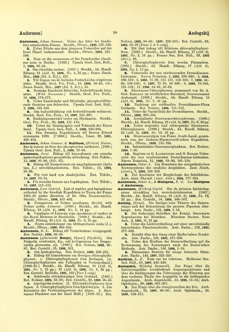 Andersson, Johan Gunnar. Ueber das Alter der Isochi- lina eanaliculata-Fauna. Stockh., Ofvers., 1893, 125-129. 2. Ueber Blocke aus deni jiingeren Untersilur auf der Insel Oland vorkommend. Stockh., Ofvers., 1893, 521- 540. 3. Note on the occurrence of the Paradoxides olandi- cus zone in Nerike. [1893.] Upsala Geol. Inst. Bull., 1, 1894, 82-83. 4. Om olandska raukar. [1895.] Stockh., Ak. Handl. Bihang, 21 (Afd. 2), 1896, No. 4, 25 pp.; Neues Jbuch. Min., 1898 (Bd. 2, Ref.), 427. 5. Till fragan om de baltiska Postarkaiska eruptivens alder. Stockh. Geol. For. Forh., 18, 1896, 58-64, viii; Neues Jbuch. Min., 1897 {Bd. 2, Ref.), 55. 6. Svenska Kambrisk-Siluriska, fosforitforande berg- arter. [With discussion.] Stockh. Geol. For. Forh., 18, 1896, 174-177. 7. Ueber Cambrische und Silurische, phosphoritfiihr- ende Gesteine aus Schweden. Upsala Geol. Inst. Bull., 2, 1896, 133-238. 8. Om fosforitbildning och fosforitforande sediment. Stockh. Geol. For. Forh., 19, 1897, 245-295. 9. Siinkningsomradet vester om Hjelmaren. Stockh. Geol. For. Forh., 20, 1898, 111-113. 10. Ueber die Stratigraphie und Tektonik der Biiren Insel. Upsala Geol. Inst. Bull., 4, 1900, 243-284. 11. Den Svenska Expeditionen till Beeren Eiland sommaren 1899. [? 1900.] Stockh., Ymer, 20, 1901, 423-454. Andersson, Johan Gunnar, & Sahlbom, (Froken) Naima. Sur la teneur en fluor des phosphorites suMoises. [1898.] Upsala Geol. Inst. Bull., 4, 1900, 79-88. Andersson, Josef. Bidrag till kannedomen om svenska makrolepidopterers geografiska utbredning. Ent. Tidskr., 11, 1890, 81-86, (Res. 87). 2. Bidrag till kannedomen om nagelspinnarens (Aglia tau, L.) utvecklingshistoria. Ent. Tidskr., 13, 1892, 93-96. 3. For vart land nya skadefjiirilar. Ent. Tidskr., 18, 1897, 72-74. 4. For svenska faunan nya Lepidoptera. Ent. Tidskr., 18, 1897, 111-112. Andersson, Lars Gabriel. List of reptiles and batrachians collected by the Swedish Expedition to Tierra del Fuego 1895-96 under direction of Dr. Otto Nordenskiold. Stockh., Ofvers., 1898, 457-462. 2. Comparison of Cottus pcecilopus, Heckel, with Cottus gobio, Linnaus. [1898.] Stockh., Ak. Handl. Bihang, 24 (Afd. 4), 1899, No. 3, 44 pp. 3. Catalogue of Linnean type specimens of snakes in the Royal Museum in Stockholm. [1898.] Stockh., Ak. Handl. Bihang, 24 (Afd. 4), 1899, No. 6, 35 pp. 4. Niigra anteckningar om Orthagoriscus mola (L.). Stockh., Ofvers., 1900, 603-633. Andersson, N. L. Bidrag till Vesterbottens vaxtgeografi. Bot. Notiser, 1890, 36-38. Andersson [afterwards Borge], 0[scar] Fr[edrik]. Om Palmella uveeformis, Kg., och hvilsporerna hos Drapar- naldia glomerata, Ag. [1887.] Bot. Notiser, 1888, 86- 87; Bot. Centrbl., 35, 1888, 351. 2. Om ljuskopiering. Bot. Notiser, 1889, 250-251. 3. Bidrag till kannedomen om Sveriges chlorophyllo- phyceer. I. Chlorophyllophyceer fran Roslagen. [n. Chlorophyllophyceen aus Falbygden in Vestergotland.] [1890-95.] Stockh., Ak. Handl. Bihang, 16 (Afd. 3), 1891, No. 5, 19 pp.; 21 (Afd. 3), 1896, No. 6, 26 pp.; Bot. Centrbl. Beihefte, 1891, 162 [Part I only]. 4. Subfossila sotvattensalger fran Gotland. [1891.] Bot. Notiser, 1892, 55-58; Bot. Centrbl., 63,1895, 56-58. 5. Algologiska notiser. [1. Chlorophyllophyceer fran Japan. 2. Chlorophyllophyceer fran Spetsbergen. 3. Zur Kenntniss der Verbreitungsweise der Algen. 4. Siiss- wasser-Plankton aus der Insel Mull.] [1891-97.] Bot. Notiser, 1892, 58-60; 1897,210-215; Bot. Centrbl., 63, 1895, 58-59 [Parts 1 <£• 2 only]. 6. Ett litet bidrag till Sibiriens chlorophyllophyc^- flora. [1891.] Stockh., Ak. Handl. Bihang, 17 (Afd. 3), 1892, No. 2, 16 pp.; France Soc. Bot. Bull., 39, 1892 (Rev.), 86. 7. Chlorophyllophyceer fran norska Finmarken. [1891.] Stockh., Ak. Handl. Bihang, 17 (Afd. 3), 1892, No. 4, 15 pp. 8. Uebersicbt der neu erscheinenden Desmidiaceen- Litteratur. Nuova Notarisia, 4, 1893, 389-398 ; 5, 1894, 490-519; 6, 1895, 15-29, 111-137, 150-193; 7, 1896, 44- 69, 109-130; 8, 1897, 71-78, 90-106; 9, 1898, 73-104, 121-142 ; 11, 1900, 34-43, 56-62. 9. Siisswasser-Chlorophyceen gesammelt von Dr. A. Osw. Kihlman im nordlichsten Russland, Gouvernement Archangel. [1893.] Stockh., Ak. Handl. Bihang, 19 (Afd. 3), 1894, No. 5, 41 pp. 10. Nachtrag zur subfossilen Desmidiaceen-Flora Gotlands. Bot. Notiser, 1896, 111-113. 11. Ueber die Variability der Desmidiaceen. Stockh., Ofvers., 1896, 289-294. 12. Australische Susswasserchlorophyceen. [1896.] Stockh., Ak. Handl. Bihang, 22 (Afd. 3), 1897, No. 9, 32 pp. 13. Ueber tropische und subtropische Siisswasser- Chlorophyceen. [1898.] Stockh., Ak. Handl. Bihang, 24 (Afd. 3), 1899, No. 12, 33 pp. 14. Siisswasseralgen von Franz Josefs-Land, gesam- melt von der Jackson-Harmsworth'schen Expedition. Stockh., Ofvers., 1899, 751-766. 15. Schwedisches Siisswasserplankton. Bot. Notiser, 1900, 1-26. 16. Register zu G. Lagerheims und O. Borges Ueber- sicht der neu erscheinenden Desmidiaceen-Litteratur. Nuova Notarisia, 11, 1900, 63-90, 101-118. Andersson, Oskar A. Zur Kenntniss des sympathetischen Nervensystems der urodelen Amphibien. Zool. Jbiich. (Anat.), 5, 1892, 184-210. 2. Zur Kenntniss der Morphologie der Schilddriise. Arch. Anat. Physiol. (Anat. Abth.), 1894, 177-224. Andersson, Oskar A., & Hultgren, E. O. See Hultgren & Andersson. Andersson, (Froken) Sigrid. Om de primara karlstrang- arnes utveckling hos monokotyledonerna. [1887.] Stockh., Ak. Handl. Bihang, 13 (Afd. 3), 1888, No. 12, 23 pp.; Bot. Centrbl., 38, 1889, 586-587. Anding, E[rnsi]. Die Seeliger'sche Theorie des Saturn- ringes und der Beleuchtung der grossen Planeten iiber- haupt. Astr. Nachr., 121, 1889, 1-16. 2. Die bisherigen Schriften der Konigl. Sternwarte Bogenhausen bei Miinchen. Miinchen Sternw. Neue Ann., 2, 1891, G, 21 pp. 3. Ueber die Lichtvertheilung auf einer unvollstandig beleuchteten Planetenscheibe. Astr. Nachr., 129, 1892, 377-388. 4. Bericht iiber den Gang einer Biefler'sehen Pendel- uhr. Astr. Nachr., 133, 1893, 217-236. 5. Ueber den Einfluss der Sternvertheilung auf die Bestimmung des Sonnenapex nach der Bessel'schen Methode. Astr. Nachr., 140, 1896, 1-18. 6. Elementare Beweise fur einige bekannte Satze. Astr. Nachr., 143,1897, 223-226. Andiran, L. <V. Note sur les indoines. Mulhouse Soc. Ind. Bull., 67, 1897, 245-248. Andogskij, N[ikolaj Ivanovic]. Zur Frage iiber die Infectionsgefahr verschiedener Augenoperationen und iiber die Bedingungen des Uebergangs der Eiterung aus dem vorderen Theile des Augapfels in die tiefliegenden Augenhaute. Arch. Augenheilk., 33, 1896, 11-34; Arch. Ophthalm., 28, 1899, 565-567. 2. Zur Frage iiber die Ganglienzellen der Iris. Arch. Augenheilk., 34, 1897, 86-98; Arch. Ophthalm., 28, 1899, 510-515.