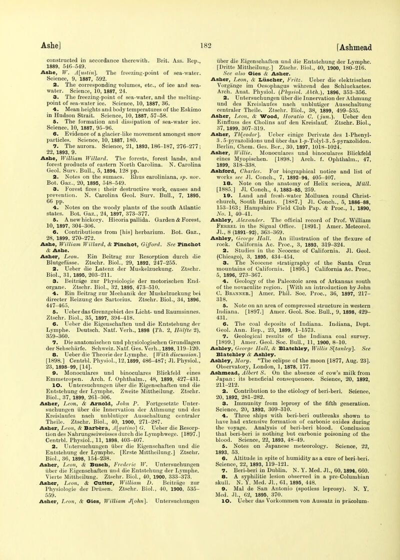 constructed in accordance therewith. Brit. Ass. Eep., 1889, 546-549. Ashe, W. A[ustiri\. The freezing-point of sea-water. Science, 9, 1887, 592. 2. The corresponding volumes, etc., of ice and sea- water. Science, 10, 1887, 24. 3. The freezing-point of sea-water, and the melting- point of sea-water ice. Science, 10, 1887, 36. 4. Mean heights and body temperatures of the Eskimo in Hudson Strait. Science, 10, 1887, 57-58. 5. The formation and dissipation of sea-water ice. Science, 10, 1887, 95-96. 6. Evidence of a glacier-like movement amongst snow particles. Science, 10, 1887, 180. 7. The aurora. Science, 21, 1893, 186-187, 276-277; 22, 1893, 9. Ashe, William Willard. The forests, forest lands, and forest products of eastern North Carolina. N. Carolina Geol. Surv. Bull., 5, 1894, 128 pp. 2. Notes on the sumacs. Rhus caroliniana, sp. nov. Bot. Gaz., 20, 1895, 548-549. 3. Forest fires : their destructive work, causes and prevention. N. Carolina Geol. Surv. Bull., 7, 1895, 66 pp. 4. Notes on the woody plants of the south Atlantic states. Bot. Gaz., 24, 1897, 373-377. 5. A new hickory. Hicoria pallida. Garden & Forest, 10, 1897, 304-306. ' 6. Contributions from [his] herbarium. Bot. Gaz., 28, 1899, 270-272. Ashe, William Willard, & Finchot, Gifford. See Finchot & Ashe. Asher, Leon. Ein Beitrag zur Resorption durch die Blutgefasse. Ztschr. Biol., 29, 1892, 247-255. 2. Ueber die Latenz der Muskelzuckung. Ztschr. Biol., 31, 1895, 203-211. 3. Beitrage zur Physiologie der motorischen End- organe. Ztschr. Biol., 32, 1895, 473-510. 4. Ein Beitrag zur Mechanik der Muskelzuckung bei directer Reizung des Sartorius. Ztschr. Biol., 34, 1896, 447-465. 5. Ueber das Grenzgebiet des Licht- und Raumsinnes. Ztschr. Biol., 35, 1897, 394-418. 6. Ueber die Eigenschaften und die Entstehung der Lymphe. Deutsch. Natf. Verh., 1898 [Th. 2, Hiilfte 2), 359-360. 7. Die anatomischen und physiologischen Grundlagen der Sehscharfe. Schweiz. Natf. Ges. Verh., 1898, 119-120. 8. Ueber die Theorie der Lymphe. [With discussion.] [1898.] Centrbl. Physiol., 12,1899, 486-487; Jl. Physiol., 23, 1898-99, [14]. 9. Monoculares und binoculares Blickfeld eines Emmetropen. Arch. f. Ophthalm., 48, 1899, 427-431. 10. Untersuchungen iiber die Eigenschaften und die Entstehung der Lymphe. Zweite Mittheilung. Ztschr. Biol., 37, 1899, 261-306. Asher, Leon, & Arnold, John P. Fortgesetzte Unter- suchungen iiber die Innervation der Athmung und des Kreislaufes nach unblutiger Ausschaltung centraler Theile. Ztschr. Biol., 40, 1900, 271-287. Asher, Leon, & Barbera, A[ffatino] G. Ueber die Resorp- tion des Nahrungseiweisses durch die Lymphwege. [1897.] Centrbl. Physiol., 11, 1898, 403-407. 2. Untersuchungen iiber die Eigenschaften und die Entstehung der Lymphe. [Erste Mittheilung.] Ztschr. Biol., 36, 1898, 154-238. Asher, Leon, & Busch, Frederic W. Untersuchungen iiber die Eigenschaften und die Entstehung der Lymphe. Vierte Mittheilung. Ztschr. Biol., 40, 1900, 333-373. Asher, Leon, & Cutter, William D. Beitrage zur Physiologie der Driisen. Ztschr. Biol., 40, 1900, 535- 559. Asher, Leon, & Gies, William J[ohn]. Untersuchungen iiber die Eigenschaften und die Entstehung der Lymphe. [Dritte Mittheilung.] Ztschr. Biol., 40, 1900, 180-216. See also Gies & Asher. Asher, Leon, & Liischer, Fritz. Ueber die elektrischen Vorgange im Oesophagus wiihrend des Schluckactes. Arch. Anat. Physiol. (Physiol. Abth.), 1896, 353-356. 2. Untersuchungen iiber die Innervation der Athmung und des Kreislaufes nach unhlutiger Ausschaltung centraler Theile. Ztschr. Biol., 38, 1899, 499-535. Asher, Leon, & Wood, Horatio C. {.jun.). Ueber den Einfluss des Cholins auf den Kreislauf. Ztschr. Biol., 37, 1899, 307-319. Asher, Th[eodor]. Ueber einige Derivate des 1-Phenyl- 3 .5-pyrazolidons und iiber das l-p-Tolyl-3.5-pyrazolidon. Berlin, Chem. Ges. Ber., 30, 1897, 1018-1024.' Asher, Willie. Monoculares und binoculares Blickfeld eines Myopischen. [1898.] Arch. f. Ophthalm., 47, 1899, 318-338. Ashford, Charles. For biographical notice and list of works see Jl. Conch., 7, 1892-94, 405-407. 18. Note on the anatomy of Helix sericea, Mttll. [1885.] Jl. Conch., 4, 1883-85, 259. 19. Land and fresh-water Mollusca round Christ- church, South Hants. [1887.] Jl. Conch., 5, 1886-88, 153-163; Hampshire Field Club Pap. & Proc, 1, 1890, No. 1, 40-41. Ashley, Alexander. The official record of Prof. William Ferrel in the Signal Office. [1891.] Amer. Meteorol. JL, 8 (1891-92), 363-369. Ashley, George Hall. An illustration of the flexure of rock. California Ac. Proc, 3, 1893, 319-324. 2. Studies in the Neocene of California. Jl. Geol. (Chicago), 3, 1895, 434-454. 3. The Neocene stratigraphy of the Santa Cruz mountains of California. [1895.] California Ac. Proc, 5, 1896, 273-367. 4. Geology of the Paleozoic area of Arkansas south of the novaculite region. [With an introduction by John C. Branner.] Amer. Phil. Soc. Proc, 36, 1897, 217- 318. 5. Note on an area of compressed structure in western Indiana. [1897.] Amer. Geol. Soc. Bull., 9, 1898, 429- 431. 6. The coal deposits of Indiana. Indiana, Dept. Geol. Ann. Rep., 23, 1899, 1-1573. 7. Geological results of the Indiana coal survey. [1899.] Amer. Geol. Soc. Bull., 11, 1900, 8-10. Ashley, George Hall, & Blatchley, Willis S[tanley]. See Blatchley & Ashley. Ashley, Mary. *The eclipse of the moon [1877, Aug. 23]. Observatory, London, 1, 1878, 177. Ashmead, Albert S. On the absence of cow's milk from Japan: its beneficial consequences. Science, 20, 1892, 211-212. 2. Contribution to the etiology of beri-beri. Science, 20, 1892, 281-282. 3. Immunity from leprosy of the fifth generation. Science, 20, 1892, 309-310. 4. Three ships with beri-beri outbreaks shown to have had extensive formation of carbonic oxides during the voyage. Analysis of beri-beri blood. Conclusion that beri-beri is nothing but carbonic poisoning of the blood. Science, 22, 1893, 48-49. 5. Notes on Japanese meteorology. Science, 22, 1893, 53. 6. Altitude in spite of humidity as a cure of beri-beri. Science, 22, 1893, 119-121. 7. Beri-beri in Dublin. N. Y. Med. JL, 60,1894, 660. 8. A syphilitic lesion observed in a pre-Columbian skull. N. Y. Med. JL, 61, 1895, 448. 9. Mai de San Antonio (spotless leprosy). N. Y. Med. JL, 62, 1895, 370. 10. Ueber das Vorkommen von Aussatz in pracolum-