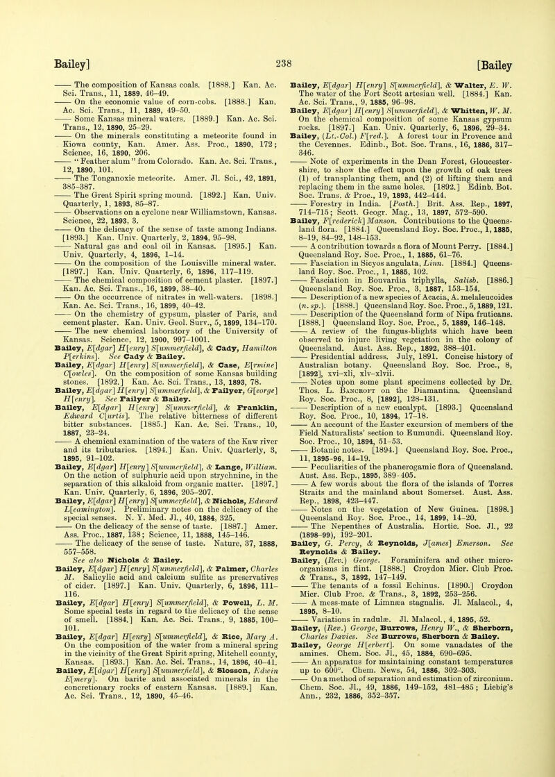 The composition of Kansas coals. [1888.] Kan. Ac. Sci. Trans., 11, 1889, 46-49. ■ On the economic value of corn-cobs. [1888.] Kan. Ac. Sci. Trans., 11, 1889, 49-50. Some Kansas mineral waters. [1889.] Kan. Ac. Sci. Trans., 12, 1890, 25-29. On the minerals constituting a meteorite found in Kiowa county, Kan. Amer. Ass. Proa, 1890, 172; Science, 16, 1890, 206.  Feather alum  from Colorado. Kan. Ac. Sci. Trans., 12, 1890, 101. The Tonganoxie meteorite. Amer. Jl. Sci., 42, 1891, 385-387. The Great Spirit spring mound. [1892.] Kan. Univ. Quarterly, 1, 1893, 85-87. Observations on a cyclone near Williamstown, Kansas. Science, 22, 1893, 3. On the delicacy of the sense of taste among Indians. [1893.] Kan. Univ. Quarterly, 2, 1894, 95-98. Natural gas and coal oil in Kansas. [1895.] Kan. Univ. Quarterly, 4, 1896, 1-14. On the composition of the Louisville mineral water, [1897.] Kan. Univ. Quarterly, 6, 1896, 117-119. The chemical composition of cement plaster. [1897.] Kan. Ac. Sci. Trans., 16, 1899, 38-40. On the occurrence of nitrates in well-waters. [1898.] Kan. Ac. Sci. Trans., 16, 1899, 40-42. On the chemistry of gypsum, plaster of Paris, and cement plaster. Kan. Univ. Geol. Surv., 5,1899, 134-170. The new chemical laboratory of the University of Kansas. Science, 12, 1900, 997-1001. Bailey, E[dgar] H[enry] S\ummerfield], & Cady, Hamilton P[erkins]. See Cady & Bailey. Bailey, E[dgar] H[enry] S[ummerjield], & Case, E[rmine] C[owles]. On the composition of some Kansas building stones. [1892.] Kan. Ac. Sci. Trans., 13, 1893, 78. Bailey, E[dgar] H[enry] S[ummerfield], & Failyer, G[eorge] H[enry~\. See Failyer & Bailey. Bailey, E[dgar] H[enry] S[ummrrfield], & Franklin, Edward C[urtis]. The relative bitterness of different bitter substances. [1885.] Kan. Ac. Sci. Trans., 10, 1887, 23-24. A chemical examination of the waters of the Kaw river and its tributaries. [1894.] Kan. Univ. Quarterly, 3, 1895, 91-102. Bailey, E[dgar] H[enry] S[ummerfield], & Lange, William. On the action of sulphuric acid upon strychnine, in the separation of this alkaloid from organic matter. [1897.] Kan. Univ. Quarterly, 6, 1896, 205-207. Bailey, E[dgar] H[enry~] S[umm,erfield], & Nichols, Edivard L[eamington]. Preliminary notes on the delicacy of the special senses. N. Y. Med. JL, 40, 1884, 325. On the delicacy of the sense of taste. [1887.] Amer. Ass. Proa, 1887, 138; Science, 11, 1888, 145-146. The delicacy of the sense of taste. Nature, 37, 1888, 557-558. Sre also Nichols & Bailey. Bailey, E[dgar~\ H[enry~\ S[ummerfield], & Palmer, Charles . M. Salicylic acid and calcium sulfite as preservatives of cider. [1897.] Kan. Univ. Quarterly, 6, 1896, 111- 116. Bailey, E\dgar\ H[enry] S[umnierjield\ & Powell, L. M. Some special tests in regard to the delicacy of the sense of smell. [1884.] Kan. Ac. Sci. Trans., 9, 1885, 100- 101. Bailey, E[dgar] H[enry] S[ummerfield~\, & Bice, Mary A. On the composition of the water from a mineral spring in the viciuity of the Great Spirit spring, Mitchell county, Kansas. [1893.] Kan. Ac. Sci. Trans., 14, 1896, 40-41. Bailey, E[dgar] H[enry] S[ummerfield'\, & Slosson, Edwin E[mery]. On barite and associated minerals in the concretionary rocks of eastern Kansas. [1889.] Kan. Ac. Sci. Trans., 12, 1890, 45-46. Bailey, E[dgar] H[enry] S\ummerfield], & Walter, E. W. The water of the Port Scott artesian well. [1884.] Kan. Ac. Sci. Trans., 9, 1885, 96-98. Bailey, E[dgar] H[enry] S[ummerfield'], & Whitten, W. M. On the chemical composition of some Kansas gypsum rocks. [1897.] Kan. Univ. Quarterly, 6, 1896, 29-34. Bailey, (Lt.-Col.) F[red.~\. A forest tour in Provence and the Cevennes. Edinb., Bot. Soc. Trans., 16, 1886, 317- 346. Note of experiments in the Dean Forest, Gloucester- shire, to show the effect upon the growth of oak trees (1) of transplanting them, and (2) of lifting them and replacing them in the same holes. [1892.] Edinb. Bot. Soc. Trans. & Proa, 19, 1893, 442-444. Forestry in India. [Posth.] Brit. Ass. Bep., 1897, 714-715; Scott. Geogr. Mag., 13, 1897, 572-590. Bailey, F[;redericK] Manson. Contributions to the Queens- land flora. [1884.] Queensland Boy. Soc. Proa, 1,1885, 8-19, 84-92, 148-153. A contribution towards a flora of Mount Perry. [1884.] Queensland Boy. Soc. Proa, 1, 1885, 61-76. Fasciation in Sicyos angulata, Linn. [1884.] Queens- land Boy. Soc. Proa, 1, 1885, 102. Fasciation in Bouvardia triphylla, Salisb. [1886.] Queensland Boy. Soc. Proa, 3, 1887, 153-154. Description of a new species of Acacia, A. melaleueoides (n.sp.). [1888.] Queensland Boy. Soc. Proa, 5,1889,121. Description of the Queensland form of Nipa fruticans. [1888.] Queensland Boy. Soc. Proa, 5, 1889, 146-148. A review of the fungus-blights which have been observed to injure living vegetation in the colony of Queensland. Aust. Ass. Bep., 1892, 388-401. Presidential address. July, 1891. Concise history of Australian botany. Queensland Boy. Soc. Proa, 8, [1892], xvi-xli, xlv-xlvii. Notes upon some plant specimens collected by Dr. Thos. L. Bancroft on the Diamantina. Queensland Boy. Soc. Proa, 8, [1892], 128-131. Description of a new eucalypt. [1893.] Queensland Boy. Soc. Proa, 10, 1894, 17-18. An account of the Easter excursion of members of the Field Naturalists' section to Eumundi. Queensland Boy. Soc. Proa, 10, 1894, 51-53. Botanic notes. [1894.] Queensland Boy. Soc. Proa, 11, 1895-96, 14-19. Peculiarities of the phanerogamic flora of Queensland. Aust. Ass. Bep., 1895, 389-405. A few words about the flora of the islands of Torres Straits and the mainland about Somerset. Aust. Ass. Bep., 1898, 423-447. Notes on the vegetation of New Guinea. [1898.] Queensland Boy. Soc. Proa, 14, 1899, 14-20. ' The Nepenthes of Australia. Hortic. Soc. Jl., 22 (1898-99), 192-201. Bailey, G. Percy, & Reynolds, J[ames~\ Emerson. See Reynolds & Bailey. Bailey, (Rev.) George. Foraminifera and other micro- organisms in flint. [1888.] Croydon Micr. Club Proc. & Trans., 3, 1892, 147-149. The tenants of a fossil Echinus. [1890.] Croydon Micr. Club Proa & Trans., 3, 1892, 253-256. A mess-mate of Limnaaa stagnalis. Jl. Malacol., 4, 1895, 8-10. ■ Variations in radulee. Jl. Malacol., 4, 1895, 52. Bailey, (Rev.) George, Burrows, Henry W., & Sherborn, Charles Davies. See Burrows, Sherborn & Bailey. Bailey, George H[erbert\. On some vanadates of the amines. Chem. Soc. Jl., 45, 1884, 690-695. An apparatus for maintaining constant temperatures up to 600°. Chem. News, 54, 1886, 302-303. On a method of separation and estimation of zirconium. Chem. Soc. Jl., 49, 1886, 149-152, 481-485; Liebig's Ann., 232, 1886, 352-357.