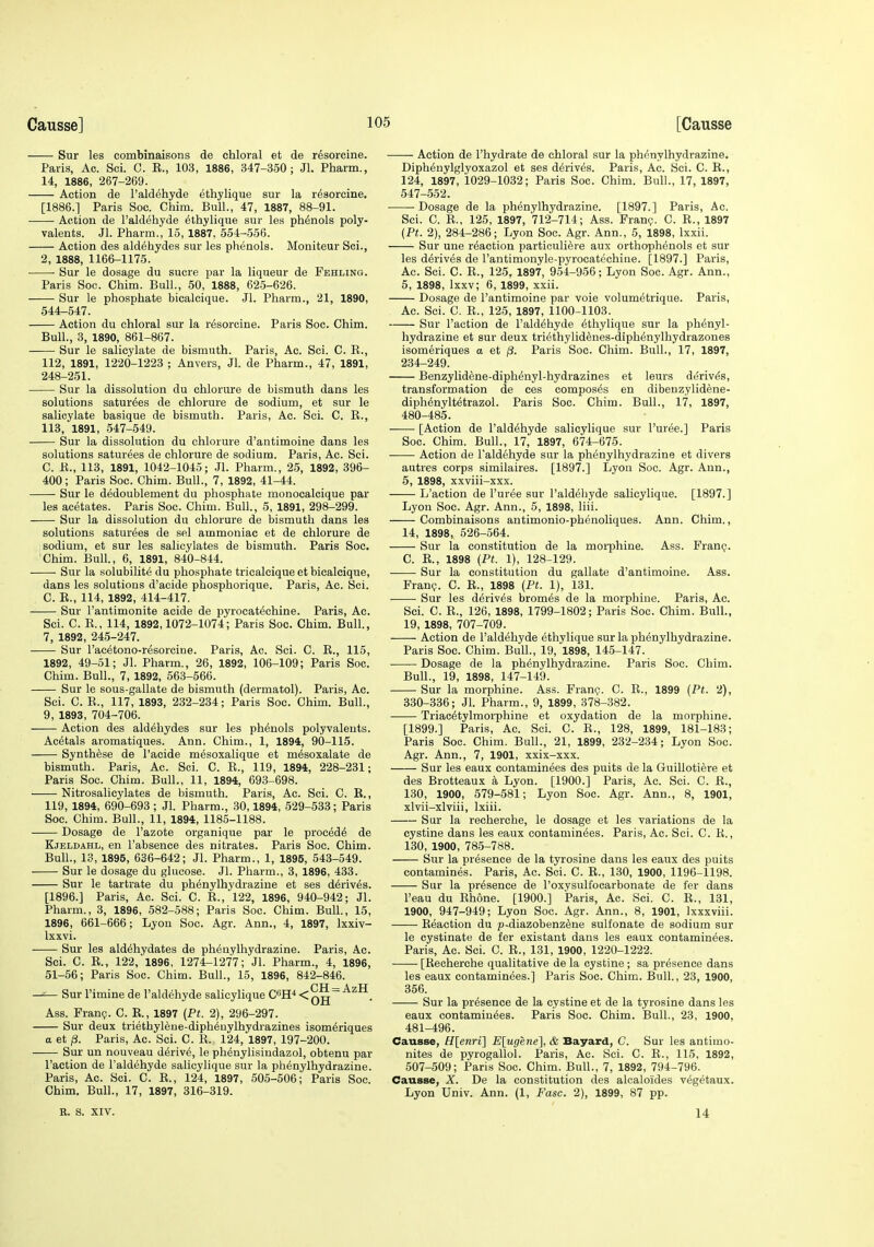 Sur les combinaisons de chloral et de resorcine. Paris, Ac. Sci. C. R., 103, 1886, 347-350; Jl. Pharm., 14, 1886, 267-269. Action de I'aldehyde ethylique sur la resorcine. [1886.] Paris Soc. Chim. Bull., 47, 1887, 88-91. Action de I'aldehyde Ethylique sur les phenols poly- valents. Jl. Pharm., 15, 1887, 554-556. Action des aldehydes sur les phenols. Moniteur Sci., 2, 1888, 1166-1175. Sur le dosage du sucre par la liqueur de Fehling. Paris Soc. Chim. Bull., 50, 1888, 625-626. Sur le phosphate bicalcique. Jl. Pharm., 21, 1890, 544-547. Action du chloral sur la resorcine. Paris Soc. Chim. Bull., 3, 1890, 861-867. Sur le salicylate de bismuth. Paris, Ac. Sci. C. R., 112, 1891, 1220-1223 ; Anvers, Jl. de Pharm., 47, 1891, 248-251. Sur la dissolution du chlorure de bismuth dans les solutions satur^es de chlorure de sodium, et sur le salicylate basique de bismuth. Paris, Ac. Sci. C. E., 113, 1891, 547-549. Sur la dissolution du chlorure d'antimoine dans les solutions saturees de chlorure de sodium. Paris, Ac. Sci. C. E., 113, 1891, 1042-1045; Jl. Pharm., 25, 1892, 396- 400; Paris Soc. Chim. Bull., 7, 1892, 41-44. Sur le dedoublement du phosphate monocalcique par les acetates. Paris Soc. Chim. Bull., 5, 1891, 298-299. Sur la dissolution du chlorure de bismuth dans les solutions saturees de sel ammoniac et de chlorure de sodium, et sur les salicylates de bismuth. Paris Soc. Chim. Bull., 6, 1891, 840-844. Sur la solubilite du phosphate tricalcique et bicalcique, dans les solutions d'acide pbosphorique. Paris, Ac. Sci. C. E., 114, 1892, 414-417. Sur I'antimonite acide de pyrocat^chine. Paris, Ac. Sci. C. E., 114, 1892,1072-1074; Paris Soc. Chim. Bull., 7, 1892, 245-247. • Sur I'acetono-resorcine. Paris, Ac. Sci. C. E., 115, 1892, 49-51; Jl. Pharm., 26, 1892, 106-109; Paris Soc. Chim. Bull., 7, 1892, 563-566. Sur le sous-gallate de bismuth (dermatol). Paris, Ac. Sci. C. E., 117, 1893, 232-234; Paris Soc. Chim. Bull., 9, 1893, 704-706. Action des aldehydes sur les phenols polyvaleuts. Ac6tals aromatiques. Ann. Chim., 1, 1894, 90-115. Synthase de I'acide mesoxalique et m6soxalate de bismuth. Paris, Ac. Sci. C. E., 119, 1894, 228-231; Paris Soc. Chim. Bull., 11, 1894, 693-698. Nitrosalicj'lates de bismuth. Paris, Ac. Sci. C. E., 119, 1894, 690-693; Jl. Pharm., 30,1894, 529-533; Paris Soc. Chim. Bull., 11, 1894, 1185-1188. Dosage de I'azote organique par le proced6 de Kjeldahl, en I'absence des nitrates. Paris Soc. Chim. Bull., 13, 1895, 636-642; Jl. Pharm., 1, 1895, 543-549. Sur le dosage du glucose. Jl. Pharm., 3, 1896, 433. Sur le tartrate du phenylhydrazine et ses derives. [1896.] Paris, Ac. Sci. C. E., 122, 1896, 940-942; Jl. Pharm., 3, 1896, 582-588; Paris Soc. Chim. Bull., 15, 1896, 661-666; Lyou Soc. Agr. Ann., 4, 1897, Ixxiv- Ixxvi. Sur les aldehydates de phenylhydrazine. Paris, Ac. Sci. C. E., 122, 1896, 1274-1277; Jl. Pharm., 4, 1896, 51-56; Paris Soc. Chim. Bull., 15, 1896, 842-846. —^ Sur I'imine de I'aldehyde salicylique C«H'» < qh Ass. Franp. C. E., 1897 (Pt. 2), 296-297. Sur deux triethyleue-dipheuylhydrazines isom^riques a et p. Paris, Ac. Sci. C. E. 124, 1897, 197-200. Sur un nouveau d6riv6, le ph^nylisiudazol, obtenu par Paction de I'aldehyde salicylique sur la phenylhydrazine. Paris, Ac. Sci. C. E., 124, 1897, 505-506; Paris Soc. Chim. Bull., 17, 1897, 316-319. R. S. XIV. Action de I'hydrate de chloral sur la phenylhydrazine. Diphenylglyoxazol et ses derives. Paris, Ac. Sci. C. E., 124, 1897, 1029-1032; Paris Soc. Chim. Bull., 17, 1897, 547-552. Dosage de la phenylhydrazine. [1897.] Paris, Ac. Sci. C. E., 125, 1897, 712-714; Ass. Fran?. C. E., 1897 {Pt. 2), 284-286; Lyon Soc. Agr. Ann., 5, 1898, Ixxii. Sur une reaction particuli^re aux orthoph^nols et sur les derives de I'antimonyle-pyrocatechine. [1897.] Paris, Ac. Sci. C. E., 125, 1897, 954-956; Lyon Soc. Agr. Ann., 5, 1898, Ixxv; 6, 1899, xxii. Dosage de I'antimoine par voie volumetrique. Paris, Ac. Sci. C. E., 125, 1897, 1100-1103. Sur Taction de I'aldehyde ethylique sur la phenyl- hydrazine et sur deux tri^thylid^nes-diph^nylhydrazones isomeriques a et (3. Paris Soc. Chim. Bull., 17, 1897, 234-249. Benzylidene-diphenyl-hydrazines et leurs di^rivds, transformation de ces composes en dibenzylidene- diph^nyltetrazol. Paris Soc. Chim. Bull., 17, 1897, 480- 485. [Action de I'aldehyde salicylique sur I'uree.] Paris Soc. Chim. Bull., 17, 1897, 674-675. Action de I'aldehyde sur la phenylhydrazine et divers autres corps similaires. [1897.] Lyon Soc. Agr. Ann., 5, 1898, xxviii-xxx. L'action de I'uree sur I'aldehyde salicylique. [1897.] Lyon Soc. Agr. Ann., 5, 1898, liii. Combinaisons antimonio-phenoliques. Ann. Chim., 14, 1898, 526-564. Sur la constitution de la morphine. Ass. Franp. C. E., 1898 {Pt. 1), 128-129. Sur la constitution du gallate d'antimoine. Ass. Fran?. C. E., 1898 {Pt. 1), 131. Sur les derives bromes de la morphine. Paris, Ac. Sci. C. R., 126, 1898, 1799-1802; Paris Soc. Chim. Bull., 19, 1898, 707-709. Action de I'aldehyde ethylique sur la phenylhydrazine. Paris Soc. Chim. Bull., 19, 1898, 145-147. Dosage de la phenylhydrazine. Paris Soc. Chim. Bull., 19, 1898, 147-149. Sur la morphine. Ass. Frang. C. E., 1899 {Pt. 2), 330-336; Jl. Pharm., 9, 1899, 378-382. Triacetylmorphine et oxydation de la morphine. [1899.] Paris, Ac. Sci. C. E., 128, 1899, 181-183; Paris Soc. Chim. Bull., 21, 1899, 232-234; Lyon Soc. Agr. Ann., 7, 1901, xxix-xxx. Sur les eaux contaminees des puits de la Guillotiere et des Brotteaux a Lyon. [1900.] Paris, Ac. Sci. C. R., 130, 1900, 579-581; Lyon Soc. Agr. Ann., 8, 1901, xlvii-xlviii, Ixiii. Sur la recherche, le dosage et les variations de la cystine dans les eaux contaminees. Paris, Ac. Sci. C. E., 130, 1900, 785-788. Sur la presence de la tyrosine dans les eaux des puits contamines. Paris, Ac. Sci. C. E., 130, 1900, 1196-1198. Sur la presence de I'oxysulfocarbonate de fer dans I'eau du Ehone. [1900.] Paris, Ac. Sci. C. E., 131, 1900, 947-949; Lyon Soc. Agr. Ann., 8, 1901, Ixxxviii. Eeaction du p-diazobenz^ne sulfonate de sodium sur le cystinate de fer existant dans les eaux contaminees. Paris, Ac. Sci. C. E., 131, 1900, 1220-1222. [Eecherche qualitative de la cystine ; sa presence dans les eaux contaminees.] Paris Soc. Chim. Bull., 23, 1900, 356. Sur la presence de la cystine et de la tyrosine dans les eaux contaminees. Paris Soc. Chim. Bull., 23, 1900, 481- 496. Causse, H[enri] Elugene], & Bayard, C. Sur les antimo- nites de pyrogallol. Paris, Ac. Sci. C. E., 115, 1892, 507-509; Paris Soc. Chim. Bull., 7, 1892, 794-796. Causse, X. De la constitution des alcaloides vegetaux. Lyon Univ. Ann. (1, Fasc. 2), 1899, 87 pp. 14