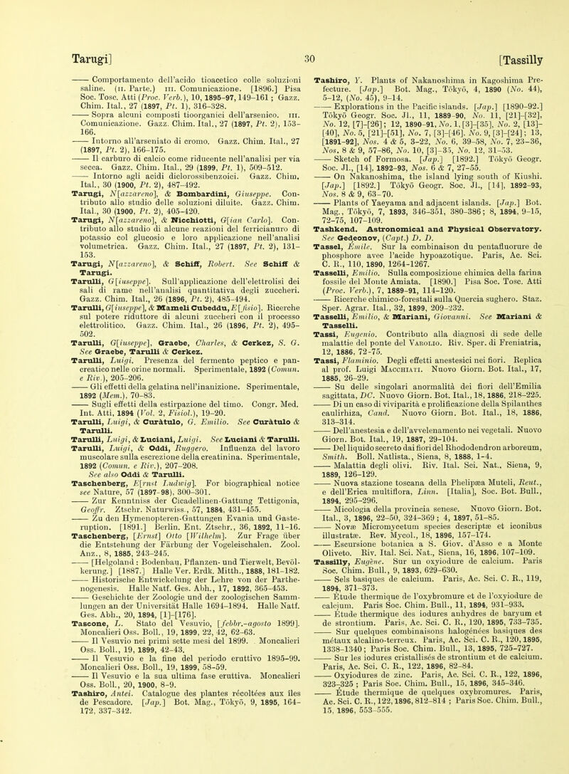 Coniportamento dell'acido tioaeetico colle soluzifmi saline, (ii. Parte.) iii. Comunicazione. [1896.] Pisa Soc. Tosc. Atti {Proc. Verb.), 10, 1895-97,149-161; Gazz. Chim. Ital., 27 (1897, Ft. 1), 316-328. Sopra alcuni composti tioorganici deH'arseiiico. iii. Comunicazione. Gazz. Chim. Ital,, 27 (1897, Pt. 2), 153- 166. Intorno all'arseniato di cromo. Gazz. Chim. Ital., 27 (1897, Pt. 2), 166-175. II carburo di calcic come riducente nell'analisi per via secea. Gazz. Chim. Ital., 29 (1899, Pt. 1), 509-512. Intorno agli acidi diclorossibenzoici. Gazz. Chim. Ital., 30 (1900, Pt. 2), 487-492. Tarugi, N[(izzareno], & Bombardini, Giuseppe. Con- tributo alio studio delle soluzioni diluite. Gazz. Chim. Ital., 30 (1900, Ft. 2), 405-420. Tarugi, N[azzareno], & Niccbiotti, G[iaii Carlo]. Con- tributo alio studio di alcune reazioni del ferricianuro di potassio col glucosio e loro applicazione nell'analisi volumetrica. Gazz. Chim. Ital., 27 (1897, Ft. 2), 131- 153. Tarugi, N[azzare)io], & Scbiff, Robert. See Schiif & Tarugi. TarulU, G[iuseppe]. Suirapplicazione dell'elettrolisi dei sali di rame neH'analisi quantitativa degli zuccheri. Gazz. Chim. Ital., 26 (1896, Pt. 2), 485-494. TaruUi, G[iuseppe], & Mameli Cubeddu, E[ fisio]. Kicerche sul potere riduttore di alcuni zuccheri con il processo elettrolitico. Gazz. Chim. Ital., 26 (1896, Pt. 2), 495- 502. TaruUi, G[iuseppe], Graebe, Charles, & Cerkez, S. G. See Graebe, TaruUi & Cerkez. TaruUi, Luigi. Presenza del fermento peptico e pan- creatico nelle orine normali. Sperimentale, 1892 [Comun. e Rlv.), 205-206. Gli effetti della gelatina nell'inanizione. Sperimentale, 1892 {Mem.), 70-83. Sugli effetti della estirpazione del timo. Congr. Med. Int. Atti, 1894 (Vol. 2, FisioL), 19-20. TaruUi, Luigi, & Cur^tulo, G. Emilia. See Cur^tulo & TaruUi. TaruUi, Luigi, & Ijuciani, Luigi. See Iiuciani & TaruUi. TaruUi, Luigi, & Oddi, Ruggero. Influenza del lavoro muscolare sulla escrezione della creatinina. Sperimentale, 1892 {Comun. e Riv.), 207-208. See aUo Oddi & TaruUi. TaBcbenberg, E\i-n^t Ludwig]. For biographical notice see Nature, 57 (1897-98), 300-301. Zur Kenntniss der Cicadellinen-Gattung Tettigonia, Geqffr. Ztschr. Naturwiss., 57, 1884, 431-455. Zu den Hymenopteren-Gattungen Evania und Gaste- ruption. [1891.] Berlin. Ent. Ztschr., 36, 1892, 11-16. Taschenberg, [Ernst] Otto [Wilhelm]. Zur Frage iiber die Entstehung der Farbung der Vogeleischalen. Zool. Auz., 8, 1885, 243-245. [Helgoland : Bodenbau, Pflanzen- und Tierwelt, Bevol- kerung.] [1887.] Halle Ver. Erdk. Mitth., 1888, 181-182. Historische Entwickelung der Lehre von der Parthe- nogenesis. Halle Natf. Ges. Abh., 17, 1892, 365-453. Geschichte der Zoologie und der zoologischen Samm- lungen an der Univeraitat Halle 1694-1894. Halle Natf. Ges. Abh., 20, 1894, [1]-[176]. TaBcone, L. State del Vesuvio, [ febbr.-agosto 1899]. Moncalieri Oss. Boll., 19, 1899, 22, 42, 62-63. —— II Vesuvio nei primi sette mesi del 1899. Moncalieri Oss. Boll., 19, 1899, 42-43. II Vesuvio e la fine del periodo eruttivo 1895-99. Moncalieri Oss. Boll., 19, 1899, 58-59. II Vesuvio e la sua ultima fase eruttiva. Moncalieri Oss. Boll., 20, 1900, 8-9. Tashiro, Antei. Catalogue des plantes r^coltees aux iles de Pescadore. [Jaj}.] Bot. Mag., Tokyo, 9, 1895, 164- 172, 337-342. Tashiro, Y. Plants of Nakanoshima in Kagoshima Pre- fecture. [Jap.] Bot. Mag., Tokyo, 4, 1890 (No. 44), 5-12, (No. 45), 9-14. Explorations in the Pacific islands. [Jap.] [1890-92.] Tokyo Geogr. Soc. Jl., 11, 1889-90, No. 11, [21]-[32], No. 12, [7]-[26]; 12, 1890-91, iVo. 1, [3]-[35], No. 2, [13]- [40], No. 5, [21]-[51], No. 7, [3]-[46], No. 9, [3]-[24]; 13, [1891-92], Nos. 4 & 5, 3-22, No. 6, 39-58, No. 7, 23-36, Nos. 8 & 9, 57-86, No. 10, [3]-35, No. 12, 31-53. Sketch of Formosa. [Jap.] [1892.] Tokyo Geogr. Soc. JL, [14], 1892-93, Nos. 6 & 7, 27-55. On Nakanoshima, the island lying south of Kiushi. [Jap.] [1892.] Tokyo Geogr. Soc. JL, [14], 1892-93, Nos. 8 & 9, 63-70. Plants of Yaeyama and adjacent islands. [Jap.] Bot. Mag., Tokyo, 7, 1893, 346-351, 380-386; 8, 1894,9-15, 72-75, 107-109. Tashkend. Astronomical and Fbysical Observatory. See Gedeonov, (Capt.) D. D. Tassel, Entile. Sur la combinaison du pentafluorure de phosphore avec I'acide hypoazotique. Paris, Ac. Sci. C. K., 110, 1890, 1264-1267. TasselU, Emilio. Sulla composizione chimica della farina fossile del Monte Amiata. [1890.] Pisa Soc. Tosc. Atti (Proc. Verb.), 7, 1889-91, 114-120. Kicerche chimico-forestali sulla Quercia sughero. Staz. Sper. Agrar. Ital., 32, 1899, 209-232. Tasselli, Emilio, & Kariani, Giovanni. See Mariani & Tasselli. Tassi, Eugenio. Contribute alia diagnosi di sede delle malattie del ponte del Vabolio. Kiv. Sper. di Freniatria, 12, 1886, 72-75. Tassi, Flaminio. Degli effetti anestesici nei fiori. Keplica al prof. Luigi Macchiati. Nuovo Giorn. Bot. Ital., 17, 1885, 26-29. Su delle singolari anormalita dei fiori dell'Emilia sagittata, BC. Nuovo Giorn. Bot. Ital., 18,1886, 218-225. Di un caso di viviparita e prolificazione della Spilanthes caulirhiza, Cand. Nuovo Giorn. Bot. Ital., 18, 1886, 313-314. Dell'anestesia e deU'avvelenaraento nei vegetali. Nuovo Giorn. Bot. Ital., 19, 1887, 29-104. Del liquido secreto dai fiori del Khododendron arboreum, Smith. Boll. Natlista., Siena, 8, 1888, 1-4. Malattia degli olivi. Eiv. Ital. Sci. Nat., Siena, 9, 1889, 126-129. Nuova stazione toscana della Phelipaea Muteli, Reut., e dell'Erica multiflora. Linn. [Italia], Soc. Bot. Bull., 1894, 295-296. Micologia della provincia senese. Nuovo Giorn. Bot. Ital., 3, 1896, 22-50, 324-369 ; 4, 1897, 51-85. Nov£e Micromycetum species descriptse et iconibus illustratse. Rev. MycoL, 18, 1896, 157-174. Escursione botanica a S. Giov. d'Asso e a Monte Ohveto. Riv. Ital. Sci. Nat., Siena, 16, 1896, 107-109. TassiUy, Eugene. Sur un oxyiodure de calcium. Paris Soc. Chim.'BulL, 9, 1893, 629-630. Sels basiques de calcium. Paris, Ac. Sci. C. E., 119, 1894, 371-373. ■ Etude thermique de I'Dxybromure et de I'oxyiodure de calcium. Paris Soc. Chim. Bull., 11, 1894, 931-933. Etude thermique des iodures anhydres de baryum et de strontium. Paris, Ac. Sci. C. R., 120, 1895, 733-735. Sur quelques combinaisons halog6n6es basiques des m^taux alcalino-terreux. Paris, Ac. Sci. C. R., 120,1895, 1338-1340; Paris Soc. Chim. Bull., 13, 1895, 725-727. Sur les iodures cristallis^s de strontium et de calcium. Paris, Ac. Sci. C. E., 122, 1896, 82-84. Oxyiodures de zinc. Paris, Ac. Sci. C. R., 122, 1896, 323-325 ; Paris Soc. Chim. Bull., 15, 1896, 345-346. Etude thermique de quelques oxybromures. Paris, Ac. Sci. C. R., 122,1896, 812-814 ; Paris Soc. Chim. Bull., 15, 1896, 553-555.