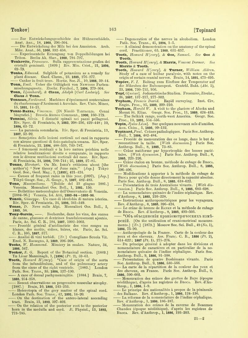 Zur Entwickelungsgeschichte des Hiihnerschadels. Anat. Anz., 18, 1900, 296-304. • Die Eutwickelung der Milz bei den Amnioten. Arch. Mikr. Anat., 56, 1900, 392-458. Experimentelle Erzeugung von Doppelbildungen bei Triton. Berlin Ak. Sber., 1900, 794-797. Tonkovitc, Francesco. Sulla rappresentazione grafica dei cristalli geminati. [1899.] Eiv. Min. Crist., 21, 1898, 69-79. Tonks, Edmund. Sulphide of potassium as a remedy for plant disease. Gard. Chron., 23, 1885, 276-277. ■ Canker in fruit trees. Hortic. See. Jl., 10,1888, 39-44. Tonn, Emil. Ueber die Giiltigkeit von Newtons Farben- mischungsgesetz. Ztschr, Psychol., 7, 1894, 279-304. Tonn, L[eonhard'\, & Claus, Adolph [Gwl Ludivig]. See Claus &. Tonn. TonneaxL, Ferdinand. Machines d'epuisement souterraines du eharl3onnage d'Arsimont a Auvelais. Eev. Univ. Mines, 15, 1891, 14-21. Tonni-Bazza, Vincenzo. [Di Nicolo Tastaqlia. Cenni biografici.] Brescia Ateneo Comment., 1900, 160-179. Tonnini, Silvio. I disturb! spinali nei pazzi pellagrosi. Eiv. Sper. di Freniatria, 9, 1883, 208-236, 429-448; 10, 1884, 63-72. La paranoia secondaria. Eiv. Sper. di Freniatria, 13, 1887, 52-92. -—- Semejotica delle lesioni corticali nei cani in rapporto con alcune questioni di fisio-patologia umana. Eiv. Sper. di Freniatria, 22, 1896, 488-539, 749-787. ■ ■ I fenomeni residuali e la loro natura psichica nelle relative localizzazioni dirette e comparate, in rapporto con le diverse mutilazioni corticali del cane. Eiv. Sper. di Freniatria, 24, 1898, 700-744 ; 25, 1899, 27-85. Tonno, Hirotaro. On Mr. Ishii's criticism about [the ; author's]  New theory of June rain. [Jap.] Tokyo Geol. Soc, Geol. Mag., 2, [1895], 421-424. Causes of frequent rains in this year, (1897). [Jap.] Tokyo Geogr. Soc, Jl. Geogr., 9, 1897, 482-483. Tono, Massimiliano. *[Bolide del 23 giugno 1881.] Venezia. Moncalieri Oss. Boll., 1, 1881, 150. Bollettino meteorologico dell'Osservatorio di Venezia. [1884-96.] Venezia, 1st. Atti, 1883-84—1895-96. Tonoli, Giuseppe. Un caso di idrofobia di natura isterica. Eiv. Sper. di Freniatria, 24, 1898, 341-349. Tonso, D. Neve sulle Alpi. Moncalieri Oss. Boll., 5, 1885, 58. Tony-Garcin, . Eecherche, dans les vins, des sucres de canne, glucoses et dextrines frauduleusement ajoutes. Paris, Ac. Sci. C. E., 104, 1887, 1002-1003. Proc^de general d'acidimetrie des vins rouges ou blancs, des mouts, cidres, bi^res, etc. Paris, Ac. Sci. C. E., 105, 1887, 577. Analisi di vini torbidi. [Tr.] Conegliano Scuola Vit. Enol. N. Eassegna, 3, 1889, 206-208. Tooke, W. Hammond. Mimicry in snakes. Nature, 34, 1886, 547. Tooker, E. G. Eeport of the Botanical section. [1889.] Yn Lioar Manninagh, 1, [1894] (Pt. 2), 59-61. Tootb, Howard H\enry']. *Case of origin of the aorta from the infundibulum, and of the pulmonary artery from the sinus of the right ventricle. [1883.] London Path. Soc. Trans., 35, 1884, 127-130. A case of dorsal pachymeningitis. [1884.] Brain, 7, 1885, 254-258. Eecent observations on progressive muscular atrophy. [1887.] Brain, 10, 1888, 243-253. Heterotopia of the grey matter of the spinal cord. London Path. Soc. Trans., 42, 1891, 14-20. On the destination of the antero-lateral ascending tract. Brain, 15, 1892, 397-402. —— On the relation of the posterior root to the posterior horn in the medulla and cord. Jl. Physiol., 13, 1892, 773-785. Degeneration of the nerves in alcoholism. London Path. Soc. Trans., 45, 1894, 1-5. A clinical demonstration on the anatomy of the spinal cord. Practitioner, 65, 1900, 651-657. Tooth, Howard H[enry], & Gee, Samuel. See Gee & Tooth. Tooth, Hoicard Hlennj], & Harris, Vincent Dormer. See Harris & Tooth. Tooth, Hoivard H\enry'], & Turner, William Aldren. Study of a case of bulbar paralysis, with notes on the origin of certain cranial nerves. IJrain, 14, 1891, 478-495. Topcev, F. I. Beitrag zum Einfluss der Temperatur auf die Mikroben der Bubonenpest. Centrbl. Bakt. {Abt. 1), 23, 1898, 730-735, 956. To-pf, Glustav]. Jodometrische Studien. Fresenius, Ztschr., 26, 1887, 137-217, 277-302. Topham, Francis David. Eapid surveying. Inst. Civ. Engin. Proc, 95, 1889, 209-210. Topham, Harold IF. A visit to the glaciers of Alaska and Mount St. Elias. Geogr. Soc. Proc, 11, 1889, 424-433. The Selkirk range, north-west America. Geogr. Soc. Proc, 13, 1891, 554-556. Topin, Jliiles Leon]. Sur quelques nouveaux sels d'amides. Ann. Chim., 5, 1895, 99-132. Topinard,Pai(Z. Cranes pathologiques. Paris Soc. Anthrop. Bull., 7, 1884, 482-484. Precede de mensuration des os longs, dans le but de reconstituer la taille. [With discussion.] Paris Soc. Anthrop. Bull., 8, 1885, 73-83. ■ Crane natiforme par hypertrophic des bosses pari6- tales. [With discussion.] Paris Soc. Anthrop. Bull., 8, 1885, 223-226. Crane 6talon en bronze, m^thode de cubage de Bboca. [With discussion.] Paris Soc. Anthrop. Bull., 8, 1885, 396-406. Modifications k apporter a la methode de cubage de Bhoca pour qu'elle donne directement la capacite absolue. Paris Soc. Anthrop. Bull., 8, 1885, 618-622. Presentation de trois Australiens vivants. [With dis- cussion.] Paris Soc. Anthrop. Bull., 8, 1885, 683-698. La nomenclature quinaire de I'indice c^phalique. Eev. d'Anthrop., 8, 1885, 210-228. Instructions anthropomdtriques pour les voyageurs. Eev. d'Anthrop., 8, 1885, 396-424. Le crane de bronze de Eanke et la m6thode de cubage de Beoca. Eev. d'Anthrop., 8, 1885, 493-503. *06'h o6ieji;iiHeHiii itpaHioMexpiiiecKHxi ii3Mi- penifi. [On the unification of craniometrical measure- ments.] [Tr.] [1879.] Moscow Soc. Sci. Bull., 49 (^'o. 1), 1886, 75-90. Anthropologic de la France. Carte de la couleur des yeux et des cheveux. Ass. Frani;. C. E., 1886 (Pt. 2), 614-622 ; 1887 (Pt. 1), 275-276. Du principe general a adopter dans les divisions et nomenclature de caracteres et en particulier de la no- menclature quinaire de I'indice c^phalique. Paris Soc. Anthrop. Bull., 9, 1886, 91-108. Presentation de quatre Boshimans vivants. Paris Soc. Anthrop. Bull., 9, 1886, 530-566. La carte de la repartition de la couleur des yeux et des cheveux, en France. Paris Soc. Anthrop. Bull., 9, 1886, 590-602. Mensuration des cranes des grottes de Baye (^poque neolithique), d'apres les registres de Beoca. Eev. d'An- throp., 1, 1886, 1-9. Le principe des nationalites k propos de la p^ninsule des Balkans. Eev. d'Anthrop., 1, 1886, 124-136. La reforme de la nomenclature de I'indice cephalique. Eev. d'Anthrop., 1, 1886, 186-187. Mensuration des cranes de la eaverne de Beaumes Chaudes (epoque neolithique), d'apres les registres de Beoca. Eev. d'Anthrop., 1, 1886, 193-203. 21—2