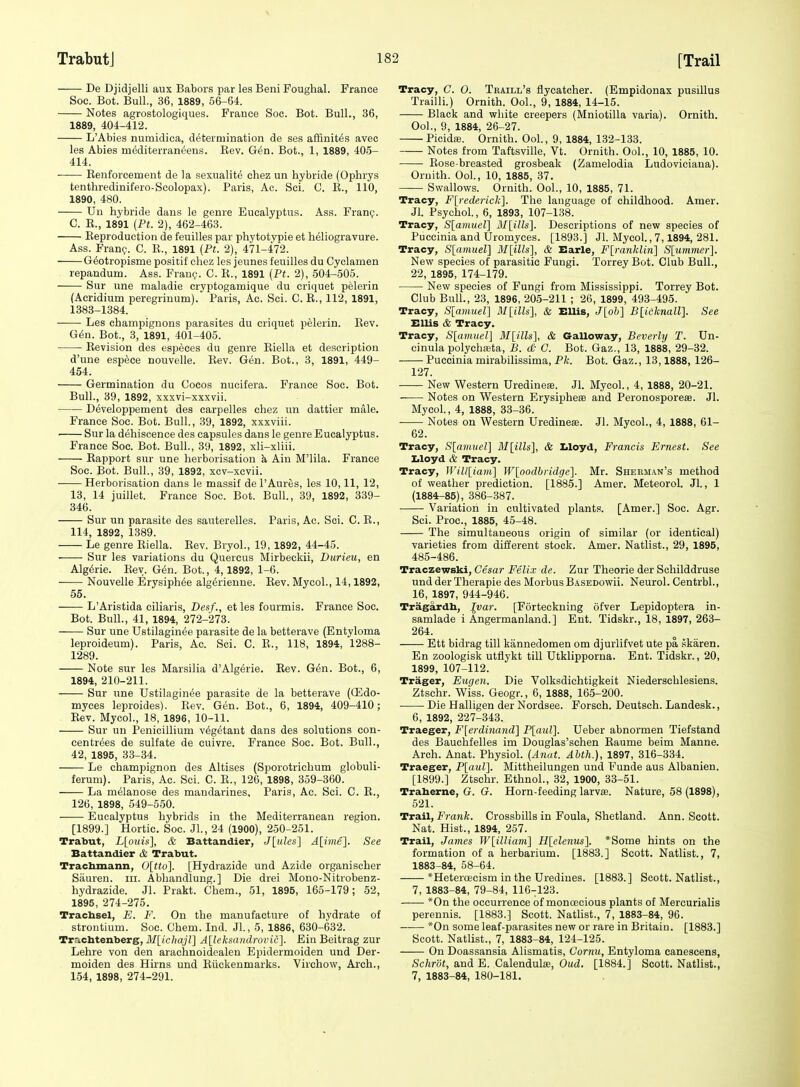 De Djidjelli aux Babors par les Beni Foughal. France Soc. Bot. Bull., 36, 1889, 56-64. Notes agrostologiques. France Soc. Bot. Bull., 36, 1889, 404-412. L'Abies numidica, determination de ses affinit^s avec les Abies m^diterran^ens. Eev. G6n. Bot., 1, 1889, 405- 414. Renforcement de la sexualite chez un hybride (Ophrys tenthredinifero-Scolopax). Paris, Ac. Sci. C. E., 110, 1890, 480. Uu hybride dans le genre Eucalyptus. Ass. Fran?. C. R., 1891 {PL 2), 462-463. Reproduction de feuilles par phytotypie et heliogravure. Ass. Franp. C. R., 1891 (Pt. 2), 471-472. Gtotropisme positif chez les jeunes feuilles du Cyclamen repandum. Ass. Franc;. C. R., 1891 {Pt. 2), 504-505. Sur une maladie cryptogamique du criquet pelerin (Acridium peregrinum). Paris, Ac. Sci. C. R., 112, 1891, 1383-1384. Les champignons parasites du criquet pelerin. Rev. G^n. Bot., 3, 1891, 401-405. ■ Revision des especes du genre Eiella et description d'une espece nouvelle. Rev. Gen. Bot., 3, 1891, 449- 454. Germination du Cocos nucifera. France Soc. Bot. Bull., 39, 1892, xxxvi-xxxvii. Developpement des carpelles chez un dattier male. France Soc. Bot. Bull., 39, 1892, xxxviii. Sur la dehiscence des capsules dans le genre Eucalyptus. France Soc. Bot. Bull., 39, 1892, xli-xliii. Rapport sur une herborisation k Ain M'lila. France Soc. Bot. Bull., 39, 1892, xcv-xcvii. Herborisation dans le massif de I'Aures, les 10,11, 12, 13, 14 juillet. France Soc. Bot. Bull., 39, 1892, 339- 346. Sur un parasite des sauterelles. Paris, Ac. Sci. C. R., 114, 1892, 1389. Le genre Riella. Rev. BryoL, 19, 1892, 44-45. Sur les variations du Quercus Mirbeckii, Durieu, en Alg6rie. Rev. G^n. Bot., 4,1892, 1-6. Nouvelle Erysiphee alg^rieune. Rev. Mycol., 14,1892, 55. L'Aristida ciliaris, Desf., et les fourmis. France Soc. Bot. Bull., 41, 1894, 272-273. Sur une Ustilaginee parasite de la betterave (Entyloma leproideum). Paris, Ac. Sci. C. E., 118, 1894, 1288- 1289. Note sur les Marsilia d'Algerie. Eev. G6n. Bot., 6, 1894, 210-211. Sur une Ustilaginee parasite de la betterave (Qildo- myces leproides). Eev. Gen. Bot., 6, 1894, 409-410; Rev. Mycol., 18, 1896, 10-11. Sur un Penicillium v6getant dans des solutions con- centr^es de sulfate de cuivre. France Soc. Bot. Bull., 42, 1895, 33-34. Le champignon des Altises (Sporotrichum globuli- ferum). Paris, Ac. Sci. C. E., 126, 1898, 859-360. La m61anose des mandarines, Paris, Ac. Sci. C. E., 126, 1898, 549-550. Eucalyptus hybrids in the Mediterranean region. [1899.] Hortic. Soc. Jl., 24 (1900), 250-251. Trabut, L[o«is], & Battandier, J[ules] A[ime]. See Battandier & Trabut. Trachmann, 0[tto]. [Hydrazide und Azide organischer Sauren. iii. Abhandlung.] Die drei Mono-Nitrobenz- hydrazide. Jl. Prakt. Chem., 51, 1895, 165-179; 52, 1895, 274-275. Tracbsel, E. F. On the manufacture of hydrate of strontium. Soc. Chem. Ind. JL, 5, 1886, 630-632. Trachtenberg, M[ichajl] A[leksandrovic]. Ein Beitrag zur Lehre von den arachnoidealen Epidermoiden und Der- moiden des Hirns und Euckenmarks. Virchow, Arch., 154, 1898, 274-291. Tracy, C. 0. Teaill's flycatcher. (Empidonax pusillus Trailli.) Ornith. Ool., 9, 1884, 14-15. Black and white creepers (Mniotilla varia). Ornith. Ool., 9, 1884, 26-27. Picidaj. Ornith. Ool., 9, 1884, 132-133. Notes from Taftsville, Vt. Ornith. Ool., 10, 1885, 10. Rose-breasted grosbeak (Zamelodia Ludoviciana). Ornith. Ool., 10, 1885, 37. Swallows. Ornith. Ool., 10, 1885, 71. Tracy, F[redericli]. The language of childhood. Amer. Jl. Psychol., 6, 1893, 107-138. Tracy, SYamuel] M\^ills\. Descriptions of new species of Puccinia and Uromyces. [1893.] Jl. Mycol., 7,1894, 281. Tracy, Slamuel] M\ills\, & Earle, F{ranklin\ Slummer]. New species of parasitic Fungi. Torrey Bot. Club Bull., 22, 1895, 174-179. New species of Fungi from Mississippi. Torrey Bot. Club Bull., 23, 1896, 205-211 ; 26, 1899, 493-495. Tracy, S[amuel\ M[iUs], & EUis, J[oh'\ Blidknall]. See Ellis & Tracy. Tracy, S[amuel] 3I[ills], & Galloway, Beverly T. Un- cinula polychajta, B. a C. Bot. Gaz., 13, 1888, 29-32. Puccinia mirabilissima, Pk. Bot. Gaz., 13,1888, 126- 127. New Western Uredineae. Jl. Mycol., 4, 1888, 20-21. Notes on Western Erysipheee and Peronosporese. Jl. Mycol., 4, 1888, 33-36. Notes on Western Uredinese. Jl. Mycol., 4, 1888, 61- 62. Tracy, S[amuel] M[ills], & Iiloyd, Francis Ernest. See Iiloyd & Tracy. Tracy, Will[iam] W[oodbridge]. Mr. Sherman's method of weather prediction. [1885.] Amer. Meteorol. Jl., 1 (1884^85), 386-387. Variation in cultivated plants. [Amer.] Soc. Agr. Sci. Proc, 1885, 45-48. The simultaneous origin of similar (or identical) varieties from different stock. Amer. Natlist., 29, 1895, 485-486. Traczewski, Cesar Felix de. Zur Theorie der Schilddruse und der Therapie des Morbus BASEDOwii. Neurol. Centrbl., 16, 1897, 944-946. Tragardh, ^var. [Forteckning ofver Lepidoptera in- samlade i Angermanland.] Ent. Tidskr., 18, 1897, 263- 264. Ett bidrag till kannedomen om djurlifvet ute pa skaren. En zoologisk utflykt till Utklipporna. Ent. Tidskr., 20, 1899, 107-112. Trager, Eugen. Die Volksdichtigkeit Niedersohlesiens. Ztschr. Wiss. Geogr., 6, 1888, 165-200. Die Halligen der Nordsee. Forsch. Deutsch. Landesk., 6, 1892, 227-343. Traeger, F[erdinand] P[aul]. Ueber abnormen Tiefstand des Bauchfelles im Douglas'schen Raume beim Manne. Arch. Anat. Physiol. {Anat. Abth.), 1897, 316-334. Traeger, P[aul]. Mittheilungen und Funde aus Albanien. [1899.] Ztschr. Ethnol., 32, 1900, 33-51. Traberne, G. G. Horn-feeding larvse. Nature, 58 (1898), 521. TTa.il, Frank. Crossbills in Foula, Shetland. Ann. Scott. Nat. Hist., 1894, 257. Trail, James Wlilliam] Hlelenus], *Some hints on the formation of a herbarium. [1883.] Scott. Natlist., 7, 1883-84, 58-64. *Heteroecism in the Uredines. [1883.] Scott. Natlist., 7, 1883-84, 79-84, 116-123. *0n the occurrence of monoecious plants of Mercurialis perennis. [1883.] Scott. Nathst., 7, 1883-84, 96. *0n some leaf-parasites new or rare in Britain. [1883.] Scott. Natlist., 7, 1883-84, 124-125. On Doassansia Alismatis, Cornu, Entyloma canescens, Schrdt, and E. Calendula?, Oud. [1884.] Scott. Natliat., 7, 1883-84, 180-181.