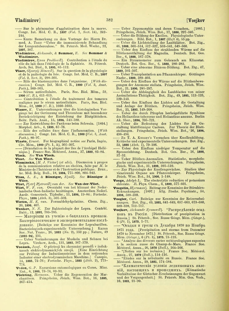 Sur le phenomene d'agglutination dans la morve. Congr. Int. M6d. C. E., 1897 (Vol. 7, Sect. 14), 242- 244. Kurze Bemerkung zu dem Vortrage des Herrn Dr. med. A. Treu Ueber die immunisirende Behandlung der Lungentuberculose. St. Petersb. Med. Wschr., 22, 1897, 307. Vladimirov, Alcksandr, & Semmer, E. See Semmer & Vladimirov. Vladimirov, I[van Pruklovi6]. Contribution a I'etude du role du lait dans retiologie de la diphterie. St. Petersb. Arch. Sci. Biol., 3, 1895, 85-112. Vlaev, G[eorgij Minevic]. Sur la question de la physiologic et de la pathologic du foie. Congr. Int. Med. C. E., 1897 (Vol. 2, Sect. 3), 298-301. Eole des blastomycetes dans I'organisme. [With dis- cussio)i.] Congr. Int. M6d. C. E., 1900 (Vol. 3, Anat. Path.}, 360-363. S^rum anticellulaire. Paris, Soc. Biol. Mem., 52, 1900 (C. R.), 611-613. Contribution a I'etude du traitemeut des tumeurs malignes par le serum anticellulaire. Paris, Soc. Biol. Mem., 52, 1900 (C. R.), 1030-1032. Vlasov, K. Untersuchungen iiber die histologischen Vor- giinge bei der Gerinnung und Thrombose mit besonderer Beriicksiclitigung der Entstehung der Blutplattchen. Beitr. Path. Anat., 15, 1894, 543-580. Zur Entwioklung des Pankreas beim Schwein. [1894.] Morphol. Arb., 4, 1895, 67-76. Eole des cellules fixes dans I'inflammation. [With discussion.] Congr. Int. Med. C. E., 1900 (Vol. 3, Anat. Path.), 80-97. Vlasto, Ernest. For biographical notice see Paris, Ingen. Civ. M(5m., 1900 (Pt. 1, A), 305-307. [Denudation de la plupart des lies de I'Archipel Helle- niquc] France Soc. Meteorol. Annu., 37, 1889, 83-84. Vleck. See Van Vleck. Vleet. See Van Vleet, Vleminckx, [if. J. Victor'] (et alii). Discussion a propos de la communication relative au cholera, faite par 31. le Ministre de I'lnterieur et de I'lnstruction publique. Brux., Ac. Mod. Belg. Bull., 18, 1884, 775-800, 804-942. Vlies, L. E., & Banziger, E[inil]. See Banziger & Vlies. Vliet, P[etr] P[etrovic] van der. See Van-der-Vliet, Vliet, W. F. van. Overzicht van het klimaat der Neder- landsche Oost-Indische bezittingen. Amsterdam Nederl. Aardr. Genootsch. Tijdschr., 11, 1894, 19-84; Fortschr. Phys., 1894 (Abth. 3), 501-502. Vloten, H. K. van. Formaldehydgelatine. Chem. Ztg., 20, 1896, 407. Vnukov, N. N. Zur Bakteriologie der Lepra. Centrbl. Bakt., 12, 1892, 783-785. MaxepiaJiH kT) yqeniio o 6aii,ii.iiJiax'L npoKasH. BaKTepiojioriiiecKoe ii aKciiepiiMeH rajiBHoe iiacjii- JI,OBaHie. [Beitrage zur Kenntniss der Leprabacillen. Bacteriologisch-experimentelle Untersuchung.] Kazan Soc.Nat. Trans., 26, 1893 (No. 2), 152 pp.; Nature, 49 (1893-94), 231. Ueber Veranderungen der Muskeln und Sehnen bei Lepra. Virchow, Arch., 131, 1893, 367-370. Vocasek, Josef. O pfistroji ku zkoumani proudu v induk- torech elektrodynamickych stroju. [Fine Einrichtung zur Priifung der Inductionsstrome in dem rotirenden Inductor einer electrodynamischen Maschine.] Casopis, 14, 1885, 72-76; Fortschr. Phys., 1885 (Abth. 2), 773- 774. Vr.doz, G. P. Excursions entomologiques en Corse. Misc. Ent., 8, 1900, 73-74, 89-92. Vocbting, Hermann. Ueber die Eegeneration der Mar- chantieen. Pringsheim, Jbiich. Wiss. Bot., 16, 1885, 367-414. Ueber Zygomorphie und deren Ursachen, [1885.] Pringsheim, Jbiich. Wiss. Bot., 17, 1886, 297-346. Ueber die Bildung der Knollen. Physiologische Unter- suchungen. Bibl. Bot., 1, 1887 (Heft 4), 55 pp. Ueber die Lichtstellung der Laubblatter. Bot. Ztg., 46, 1888, 501-514, 517-527, 533-541, 549-560. ■ Ueber den Einfiuss der strahlenden Warme auf die Bltithenentfaltung der Magnolia. Deutsch. Bot. Ges. Ber., 6, 1888, 167-178. Ein Dynamometer zum Gebrauch am Kliuostat. Deutsch. Bot. Ges. Ber., 6, 1888, 280-282. Ueber eine abnorme Ehizom-Bildung. Bot. Ztg., 47, 1889, 501-507. Ueber Transplantation am Pflanzenkorper. Gottingen Nachr., 1889, 389-403. Ueber den Einfluss der Warme auf die Bliithenbewe- gangen der Anemone stellata. Pringsheim, Jbiich. Wiss. Bot., 21, 1890, 285-297. Ueber die Abhangigkeit des Laubblattes von seiner Assimilations-Thatigkeit. Bot. Ztg., 49, 1891, 113-125, 129-143. Ueber den Einfluss des Lichtes auf die Gestaltung und Anlage der Bliithen. Pringsheim, Jbiich. Wiss. Bot., 25, 1893, 149-208. Ueber die durch Pfropfen herbeigefiihrte Symbiose des Helianthus tuberosus und Helianthus annuus. Berlin Ak. Sber., 1894, 705-721. Ueber die Bedeutung des Lichtes fiir die Ge- staltung blattformiger Cacteen. Zur Theorie der Blatt- stellungen. Pringsheim, Jbiich. Wiss. Bot., 26, 1894, 438-494. Zu T. A. Knight's Versuchen iiber Knollenbildung. Kritische und experimentelle Untersuchungen. Bot. Ztg., 53, 1895 (Abth. 1), 79-106. Ueber den Einfluss uiedriger Temperatur auf die Sprossrichtung. Deutsch. Bot. Ges. Ber., 16, 1898, 37-52. Ueber Bliithen-Anomalien. Statistische, morpholo- gische und experimentelle Untersuchungen. Pringsheim, Jbiich. Wiss. Bot., 31, 1898, 391-510. Zur Physiologic der KnoUengewachse. Studien iiber vicarirende Organe am Pflanzenkorper. Pringsheim, Jbiich. Wiss. Bot., 34, 1900, 1-148. Voege, Adolph L. The electrolytic reduction of potassium chlorate. Jl. Phys. Chem., 3, 1899, 577-601. Voegelin, H[erma7in]. Beitrag zur Kenntniss der Stirnhirn- Erkrankungen. [1897.] Allg. Ztschr. Psychiatr., 54, 1898, 588-599. Voegler, Carl. Beitrage zur Kenntniss der Eeizerschei- nungen. Bot. Ztg., 49,1891, 641-649, 657-663, 673-680, 689-698, 712-717. Voejkov, Aleksandr l[vanovi6]. *Pacnpe^'fc.!ieHie OCa;i;- KOBt B'b Poccill. [Distribution of precipitation in Eussia.] St. Petersb., Soc. Eusse Geogr. Mem. (G^ogr.), 6 (Pt. 1), 1875, 1-72. *Ocasitii n rpo3H cb JI,eKa6pfl 1870 no Hoji6pij 1871 ro^a. [Precipitation and storms from December 1870 to November 1871.] St. Petersb., Soc. Eusse Geogr. Mem. (Geor/r.), 6 (Pt. 1), 1875, 73-123. *AnaIyse des diverses cartes meteorologiques exposees a la section russe du Champ-de-Mars. France Soc. Meteorol. Annu., 26, 1878 (Bull.), 164-166. *[Notice sur les isobares.] France Soc. Meteorol. Annu., 27, 1879 (Bull.), 114-116. *Etudes sur la n^bulosite en Eussie. France Soc. Meteorol. Annu., 29, 1881, 174-184. *KjiiiMaTii4ecKi}i ycjioaiji .leAuiiKOBHX'B aBJie- nin, HacTOflUi.iix'B ii iipomeAiunxb. [Klimatische Verhaltnisse der Gletscher-Erscheinungen der Gegenwart und der Vergangenheit.] St. Petersb. Min. Ges. Verb., 16, 1881, 21-90.