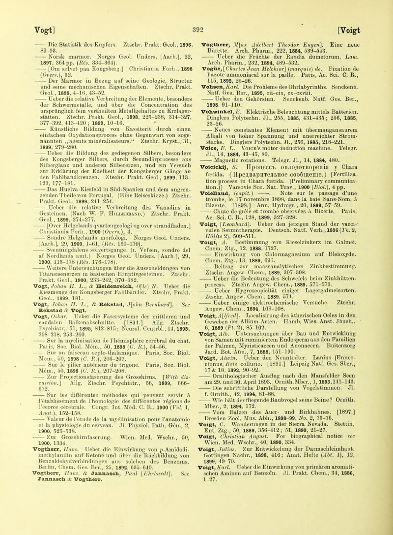 Die Statistik des Kupfers. Ztschr. Prakt. Geol., 1896, 89-93. Norsk marmor. Norges Geol. Unders. [A.aib.], 22, 1897, 364 pp. {Res. 334-364). [Om solvet paa Kongsberg.] Christiania Forh., 1898 {Overs.), 32. Der Blarmor in Bezug auf seine Geologie, Struetur und seine mechanischen Eigenschaften. Ztschr. Prakt. Geol, 1898, 4-16, 43-52. Ueber die relative Verbreitung der Elemente, besonders der Schwermetalle, und iiber die Concentration des iirspriinglich fein vertheilten Metallgehaltes zu Erzlager- statten. Ztschr. Prakt. Geol., 1898, 225-238, 314-327, 377-392, 413-420 ; 1899, 10-16. Kiiustliche Bildung von Kassiterit durch einen eiufachen Oxydationsprocess ohne Gegenwart von soge- nannten ,, agents min^ralisateurs. Ztschr. Kryst., 31, 1899, 279-280. Ueber die Bildung des gediegenen Silbers, besonders des Kongsberger Silbers, durch Secundiirprocesse aus Silberglanz und anderen Silbererzen, und ein Versuch 7,ur Erkliirung der Edelheit der Kongsberger Giinge an den Fahlbandkreuzen. Ztschr. Prakt. Geol., 1899, 113- 123, 177-181. ■ Das Huelva-Kiesfeld in Siid-Spanien und dem angren- zenden Theile von Portugal. (Eine Reiseskizze.) Ztschr. Prakt. Geol., 1899, 241-254. Ueber die relative Verbreitung des Vanadins in Gesteinen. (Nach W. P. Hillebrand.) Ztschr. Prakt. Geol, 1899, 274-277. [Over Helgelands qvartsergeologi og over strandfladen.] Cliristiania Forh., 1900 (Overs.), 4. Sondre Helgelands morfologi. Norges Geol. Unders. [Aarb.], 29, 1900, 1-61, {Res. 160-170). Svenningdalens solvertsgange. (i. Vefsen, sondre del af Nordlauds amt.) Norges Geol. Unders. [Aarb.], 29, 1900, 113-178 (Res. 176-178). Weitere Uutei'sucliungen iiber die Anssoheidungen von Titaneisenerzen in basischen Eruptivgesteinen. Ztschr. Prakt. Geol., 1900, 233-242, 370-382. Vogt, Jolian H. L., & Heidenreich, 0[le] N. Ueber die Kiesmenge der Kongsberger Fablbiinder. Ztschr. Prakt. Geol., 1899, 181. Vogt, Johiiii H. L., & Bekstad, J[olm Bernhard]. See Rekstad & Vogt. Vogt, 0.ihar. Ueber die Fasersysteme der mittleren und caudalen Balkenabschnitte. .[1894.] AUg. Ztschr. Psychiatr., 51, 1895, 812-815 ; Neurol. Centrbl., 14,1895, 208-218, 253-260. Sur la myelinisation de I'hemisph^re cerebral du chat. Paris, Soc. Biol. Mem., 50, 1898 (C. R.), 54-56. Sur un faisceau septo-thalamique. Paris, Soc. Biol. Mem., 50, 1898 (C. R.), 206-207. Sur le pilier anterieur du trigone. Paris, Soe. Biol. Mem., 50, 1898 (C. R.), 207-208. Zur Projectiousfaserung des Grosshirns. [With dis- cus.sion.l Allg. Ztschr. Psychiatr., 56, 1899, 666- 672. Sur les diffirentes m^thodes qui peuvent servir a. I'etablissement de I'homologie des differentes regions de I'ecorce cerebrale. Congr. Int. Med. C. E., 1900 {Vol. 1, Anat.), L52-158. Valeur de IV'tude de la myelinisation pour I'anatomie et la physiologie du cerveau. Jl. Physiol. Path. Gen., 2, 1900, 525-538. Zur Grosshirnfaserung. Wien. Med. Wschr., 50, 1900, 1334. Vogtherr, Hans. Ueber die Einwirkung von jJ-Amidodi- methylanilin auf Ketone und iiber die Riickbildung von Benzaldebydvcrbindungen aus solclien des Benzoins. Beiliu, Chem. Ges. Ber., 25, 1892, 63-5-640. Vogtherr, //(//)s, & Jannasch, Paul [Ehrliardt]. See Jannasch & Vogtherr. Vogtherr, 3I[a.r Adelbert Theodor Eugen]. Eine neue Biirette. Arch. Pharm., 222, 1884, 539-543. Ueber die Friichte der Randia dumetorum. Lam. Arch. Pharm., 232, 1894, 489-532. Voe^i, [Charles Jean Melchior] (marquis) de. Fixation de I'azote ammoniacal sur la paille. Paris, Ac. Sci. C. R., 115, 1892, 25-26. Vohsen, Karl. Die Probleme des Ohrlabyrinths. Senekenb. Natf. Ges. Ber., 1895, cii-cix, ex-cxviii. • Ueber den Gehorsinn. Senekenb. Natf. Ges. Ber., 1898, 91-110. Vohwinkel, E. Elektrische Beleuchtung mittels Batterien. Dinglers Polytechn. Jl., 255, 1885, 431-435 ; 256, 1885, 23-26. Neues constantes Element mit iibermangansaurem Alkali von hoher Spannung und unerreichter Strom- stiirke. Dinglers Polytechn. JL, 256, 1885, 218-221. Voice, E. L. Voice's motor-induction machine. Telegr. Jl., 14, 1884, 43-45, 80. Magnetic rotations. Telegr. JL, 14, 1884, 480. Voicickij, S. IIpOU,eCCT. On.lOJI,OTBOpeHifl y Chara foetida. (IIpeABapiITeJIbHOe COOdmenie.) [Fertiliza- tion process in Chara foetida. (Preliminary communica- tion.)] Varsovie Soo. Nat. Trav., 1900 (Biol.), 4 pp. Voiellaud, (capit.) . Note sur le passage d'une trombe, le 17 novembre 1898, dans la bale Sans-Nom, a Bizerte. [1898.] Ann. Hydrogr., 20, 1899, 57-59. Chute de grele et trombe observ^es a Bizerte. Paris,' Ac. Sci. 0. R., 128, 1899, 327-328. Voigt, [Leonhard]. Ueber den jetzigen Stand der vacci- nalen Serumtherapie. Deutsch. Natf. Verb., 1896 (iVt. 2, Hfil/te 2), 509-511. Voigt, A. Bestimmuug von Kieselzinkerz im Galmei. Chem. Ztg., 12, 1888, 1727. Einwirkung von Chlormagnesium auf Bleioxyde. Chem. Ztg., 13, 1889, 695. Beitrag zur maassanalytischen Zinkbestimmung. Ztschr. Angew. Chem., 1889, 307-308. Ueber die Bedeutung des Schwefels beim Zinkhiitten- process. Ztschr. Angew. Chem., 1889, 571-573. Ueber Hygroscopicitat einiger Lagergalmeisorten. Ztschr. Angew. Chem., 1889, 574. Ueber einige elektrocheniisohe Versuche. Ztschr. Angew. Chem., 1894, 106-108. Voigt, A[lfred]. Localisirung des atherischen Oeles in den Geweben der Allium-Arten. Hamb. Wiss. Anst. Jbuch., 6, 1889 {Pt. 2), 85-102. Voigt, Alb. Untersuchuugen iiber Bau und Entwicklung von Samen mit ruminiertem Endosperm aus den Familien der Palmen, Myristicaceen und Anonaceen. Buitenzorg Jard. Bot. Ann., 7, 1888, 151-190. Voigt, Alwin. Ueber den NeuntOdter. Lanius (Bnneo- Gtonus,Boie collurio. [1891.] Leipzig Natf. Ges. Sber., 17 & 18, 1892, 90-92. Ornithologischer Ausflug nach den Mansfelder Seen am 29. und 30. April 1893. Ornith.Mber., 1,1893,141-143. Die schriftliche Darstellung von Vogelstimmen. Jl. f. Ornith., 42, 1894, 81-88. Wie hiilt der fliegende Raubvogel seine Beine ? Ornith. Mber., 2, 1894, 172. ■ Vom Balzen des Auer- und Birkhahnes. [1897.] Dresden Zool. Mus. Abb., 1898-99, No. 2, 73-76. Voigt, C. Wanderungen in der Sierra Nevada. Stettin, Ent. Ztg., 50, 1889, 356-412 ; 51, 1890, 21-27. Voigt, Christiari August. For biographical notice see Wien. Med. Wschr., 40, 1890, 334. Voigt, Julius. Zur Entwickelung der Darmschleimhaut. Gottingen Nachr., 1898, 416; Anat. Hefte {Abt. 1), 12, 1899, 49-70. Voigt, Karl. Ueber die Einwirkung von primaren aromati- schen Aminen auf Benzoin. Jl. Prakt. Chem., 34, 1886, 1-27.