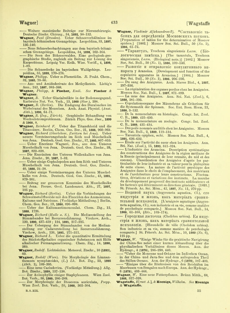 Weitere easuistische Beitrage zur Nierenchirurgie. Deutsche Ztschr. Chirurg., 34, 1892, 98-132. Wagner, Paul (Dresden). Ueber Schneeverhaltnisse im bayrisch-bohmischen Grenzgebirge. Leopoldina, 33,1897, 136-140. Neue Schneebeobachtungen aus dem bayrisch-bohmi- schen Grenzgebirge. Leopoldina, 34, 1898, 162-164. Die Seen des Bohmerwaldes. Eine geologisch-geo- graphische Studie, zugleich ein Beitrag zur Losung des Karproblems. Leipzig Ver. Erdk. Wiss. Veroff., 4, 1899, 1-89. Die Schneedecke im bayrischen Waldgebirge. Leo- poldina, 35, 1899, 170-176. Wagner, Philipp. Ueber w-Phenetidin. Jl. Prakt. Chem., 32, 1885, 70-80. Azo- und Amidoderivate des Methylketols. Liebig's Ann., 242, 1887, 383-388. Wagner, Philipp, & Fischer, Emil. See Fischer & Wagner. Wagner, R. Ueber Glacialrelikte in der Bodenseegegend. Karlsruhe Nat. Ver. Verh., 13, 1900 {Sber.), 208. Wagner, R. (Berlin). Die Endigung des Duralsackes im Wirbelcanal des Mensehen. Arch. Anat. Physiol. (Anat. Abth.), 1890, 64-71. Wagner, R. (lug., Zurich). Graphische Behandlung von Wechselstromproblemen. Ziirich Phys. Ges. Jber., 1899 & 1900, 8. Wagner, Reinliard F. Ueber das Titanchlorid und die Titansiiure. Berlin, Chem. Ges. Ber., 21, 1888, 960-962. Wagner, Richard (Oberlehrer, Zwiitzen bei Jena). Ueber neuere Versteinerungsfunde im Eoth und Muschelkalk von Jena. Deutseh. Geol. Ges. Ztschr., 37,1885, 807-810. Ueber Encrinus Wagneri, Ben., aus dem Unteren Muschelkalk von Jena. Deutseh. Geol. Ges. Ztschr., 39, 1887, 822-828. Die Encriniten des Unteren Wellenkalkes von Jena. Jena. Ztschr., 20, 1887, 1-32. Ueber einige Cephalopoden aus dem Eoth und Unteren Muschelkalk von Jena. Deutseh. Geol. Ges. Ztschr., 40, 1888, 24-38. r Ueber einige Versteinerungen des Unteren Muschel- kalks von Jena. Deutseh. Geol. Ges. Ztschr., 43, 1891, 879-901. Beitrag zur genaueren Kenntniss des Muschelkalks bei Jena. Preuss. Geol. Landesanst. Abh., 27, 1897, 105 pp. Wagner, Richard (Berli7i). Ueber die Verbindungen der Schwermetallfluoride mit den Fluoriden des Ammoniums, Kaliums und Natriums. [Vorlaufige Mittheilung.] Berlin, Chem. Ges. Ber., 19, 1886, 896-898. Ueber das Kaliumantimonoxalat. Chem. Ztg., 12, 1888, 1726. Wagner, Richard (Halle a. S.), Die Medianstellung des Stimmbandes bei Kecurrenslahmuug. Virchow, Arch., 120, 1890, 437-459 ; 124, 1891, 217-225. Der Uebergang des Stimmbandes von der Median- stellung zur Cadaverstellung bei Eecurrenslahmung. Virchow, Arch., 126, 1891, 271-311. Wagner, Richard L. Ueber die quantitative Ermittelung des Stickstoffgehaltes organischer Substanzen mit Hilfe alkalischer Permanganatlosung. Chem. Ztg., 14, 1890, 269. Wagner, iJzidoi/. Lichtsaulen. Meteorol. Ztschr., 10 (1893), 60. Wagner, Rudolf (Wien). Die Morphologie des Limnan- themum nympheeoides, (L.) Lk. Bot. Ztg., 53, 1895 (Abth. 1), 189-205. ' Eine neue Carludovica. (Vorlaufige Mitteilung.) AUg. Bot. Ztschr., 1899, 137-138. Zur Anisophyllie einiger Staphyleaceen. Wien Zool. Bot. Verh., 50, 1900, 286-289. Zur Morphologie der Dioscorea auriculata, Poepp. Wien Zool. Bot. Verh., 50, 1900, 302-304. R.S.xix. Wagner, Vladimir Alleksa7tdrovi5]. *CoCTaBJieHie 'ra- 6jiiiii,^ onpeAtjieHifl Mockobckiix'b nayKOBi). [Preparation of tables for the determination of Moscow spiders.] [1882.] Moscow Soc. Sci. Bull., 50 (No. 1), 1886, 61-74. *TapaHTyjI'£, Trochosa singoriensis La.xm. (Bio- JIorilHeCKaH SaMiTIta.) [The tarantula, Trochosa singoriensis, iaxm. (Biological note.)] [1882.] Moscow Soc. Sci. Bull., 50 (No. 1), 1886, 109-140. PasBiiTie II OTnpaBjieHie KonyjiHTiiBHaro au- napaxa y Araneina. [Development and function of the copulative apparatus in Araneina.] [1884.] Moscow Soc. Sci. Bull., 50 (No. 1), 1886, 206-236. Du sang des Araign^es. Arch. Slaves Biol., 4, 1887, 297-336. La regeneration des organes perdus chez les Araign^es. Mosoou Soc. Nat. Bull., 1, 1887, 871-899. La mue des Araignees. Ann. Sci. Nat. (Zool.), 6, 1888, 281-393. Copulationsorgane des Mannchens als Criterium fur die Systematik der Spinnen. Soc. Ent. Eoss. Horse, 22, 1888, 3-132. De la nomenclature en histologic. Congr. Int. Zool. C. E., 1889, 42-5-430. De la nomenclature en zoologie. Congr. Int. Zool. C. E., 1889, 431-434. Des polls nomm^s auditifs chez les Araignees. Moscou Soc. Nat. Bull., 2, 1889, 119-134. Tarantula opiphex, mihi. Moscou Soc. Nat. Bull., 4, 1891, 626-632. fetude sur I'activite du coeur chez les Araignees. Ann. Sci. Nat. (Zool.), 15, 1893, 311-324. L'industrie des Araneina. Description systematique des constructions des Araignees de la region m^diane de la Eussie (principalement de leur retraite, du nid et des cocons). Classification des Araignees d'apr^s les par- ticularit^s de leur Industrie et sa valeurpourla philogenie de cette classe. La nature de I'activite psychique des Araignees dans le choix de I'emplacement, des materiaux et de I'architecture pour leurs constructions. Fluctua- tions, deviations et variations des instincts. La marche du developpement progressif des instincts nidificateurs et les facteurs qui determinent sa direction generale. [1893.] St. Petersb. Ac. Sci. Mem., 42, 1897, No. 11, 270pp. BOSHHOH nayKl) (Argyroneta aquatica, CI.), erO HHji,ycTpia H JEHSHL, Kaici MaxepiajiT, cpasHii- xeJlLHOtt nciIXOJiOrill. [L'araignee aquatique (Argyro- neta aquatica, CI.), son industrie et sa vie, comme mati^re de psychologie compar6e.] Moscou Soc. Nat. Bull., 14, 1900, 61-168, (Res., 169-174). ropo;i;CKa}I JiaCTO'IIta (Chelidon urbica). Ea HHJiy- CTpia H 3KII3HI,, KSLK-h Maxepiajii) cpaBHiixejiBHoi: nciixoiorill. [Hirondelle de ville (Chelidon urbica). Son industrie. et sa vie, comme matiere de psychologie compar^e.] St. P6tersb. Ac. Sci. Mem., 10, 1900 (No. 6), 125 pp. Wagner, W. *Einige Winke ftir die praktisehe Navigirung der China-See nebst einer kurzen Abhandlung iiber die physikalischen Verhaltnisse dieses Meeres. Ann. der Hydrogr., 4 (1876), 286-298, 440. *Ueber die Monsune und Orkane im Indisehen Ocean, in der China- und Java-See und dem anliegenden Theil des Stillen Oceans. Ann. der Hydrogr., 6 (1878), 387-403. *Einiges iiber die Eiickreisen von den Eeishafen im Meerbusen vonBengalen nachEuropa. Ann. der Hydrogr., 6 (1878), 433-444. Wagner, W. Eine neue Futterpflanze. Briinn Mitth., 68, 1888, 327-328. Wagstaffe, Elrnst A.], & Koenigs, Wilhelm. See Koenigs & Wagstaffe. 55