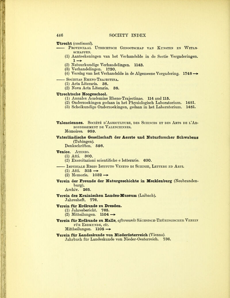 Utrecht {continued). • Pkovinciaal Utrechtsch Genootschap van Kunsten en Wetl,n- schappen. (1) Aanteekeningen van het Verhandelde in de Sectie Vergaderingen. 1 -* (2) Natuurkundige Verhandelingen. 1143. (3) Verhandelingen. 1720. (4) Verslag van het Verhandelde in de Algemeene Vergadering. 1748 —> SociETAS Eheno-Teajectina. (1) Acta Literaria. 38. (2) Nova Acta Literaria. 38. Utrechtsclie Hoogeschool. (1) Annales Academiae Rheno-Ti-ajectinae. 114 and 115. (2) Onderzoekingen gedaan in het Physiologisch Laboratorium. 1481, (3) Scheikundige Onderzoekingen, gedaan in het Laboratorium, 1481. Valenciennes. Societe d'Agriculture, des Sciences et des Arts de l'Ae- rondissement de Valenciennes. Memoires. 959. Vaterlandische Gesellschaft der Aerzte und Natnrforscher Schwabeus (Tubingen), Denkschriften. 598. Venice. Ateneo. (1) Atti, 360. (2) Exercitazioni scientifiche e letterarie. 630. Impeeiale Regio Istituto Veneto di Scienze, Letteee ED Arti. (1) Atti. 355 (2) Memorie. 1032 —> Verein der Freuude der Naturgeschichte in Mecklenburg (Neubranden- burg). Archiv. 265. Verein des Erainischen Landes-Mnsenm (Laibach). Jahresheft. 776. Verein fiir Erdkunde zu Dresden. (1) Jahresbericht. 765. (2) Mitteilungen. 1104—> Verein fur Erdkunde zu Halle, afterwards SXcHSiscH-THijEiNGiscHEE Verein FiiE Eedkunde, etc. Mittheilungen. 1105 —*■ Verein fur Landeskunde von NiederSsterreich (Vienna). Jahrbuch fiir Landeskunde von Nieder-Oesterreich. 736.