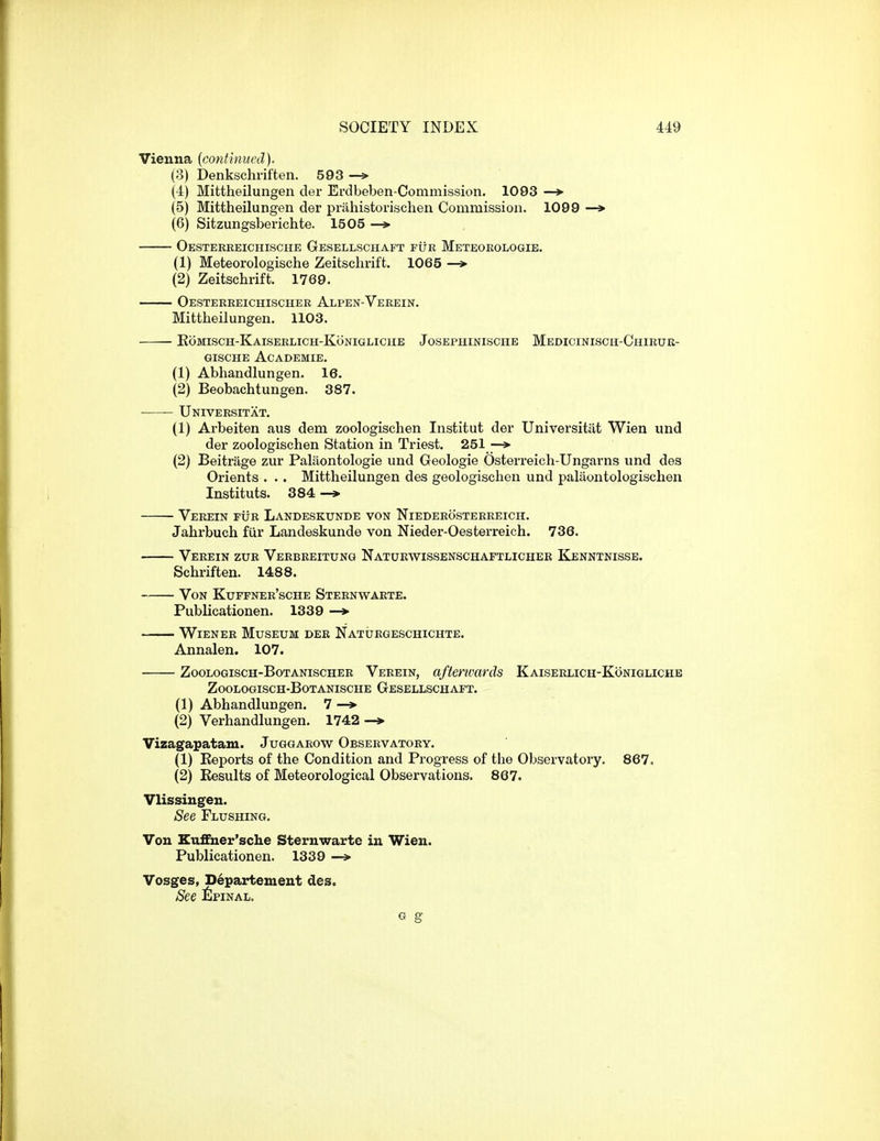 Vienna (continued). (3) Denkschriften. 593 —» (4) Mittheilungen der Erdbeben-Commission. 1093 —> (5) Mittheilungen der priihistorischen Commission. 1099 —» (6) Sitzungsberichte. 1505 —» Oestereeichische Gesellschaft fur Meteorologie. (1) Meteorologische Zeitschrift. 1065 —> (2) Zeitschrift. 1769. Oesterreichischer Alpen-Verein. Mittheilungen. 1103. Eomisch-Kaiserlich-Konigliciie Josephinische Medicinisch-Chiruk- gische academie. (1) Abhandlungen. 16. (2) Beobachtungen. 387. Universitat. (1) Arbeiten aus dem zoologischen Institut der Universitat Wien und der zoologischen Station in Triest. 251 —» (2) Beitrage zur Palaontologie und Geologie Osterreich-Ungarns und des Orients . . . Mittheilungen des geologischen und paliiontologischen Instituts. 384 Veeein FtiR Landeskunde von Niederosterreich. Jahrbuch fur Landeskunde von Nieder-Oesterreich. 736. Verein zur Veebreitung Natuewissenschaftlichee Kenntnisse. Schriften. 1488. Von Kuffner'sche Sternwaete. Publicationen. 1339 —* Wien EE Museum der Naturqeschichte. Annalen. 107. Zoologisch-Botanischer Verein, aftenvards Kaiseelich-Koniqliche Zoologisch-Botanische Gesellschaft. (1) Abhandlungen. 7 — (2) Verhandlungen. 1742 —> Vizagapatam. Juggarow Obseevatoey. (1) Reports of the Condition and Progress of the Observatory. 867. (2) Eesults of Meteorological Observations. 867. Vlissingen. See Flushing. Von Kuffner'sche Sternwarte in Wien. Publicationen. 1339 —> Vosges, Departemeut des. See £pinal. G g