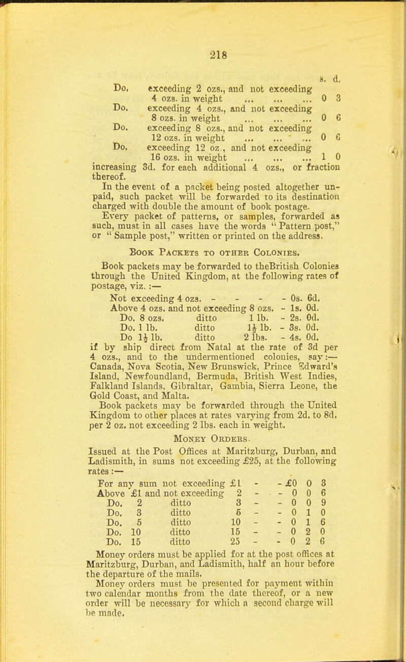 8. d. Do, exceeding 2 ozs., and not exceeding 4 ozs. in weight 0 3 Do, exceeding 4 ozs., and not exceeding 8 ozs. in weight 0 G Do. exceeding 8 ozs., and not exceeding 12 ozs. in weight ... 0 C Do, exceeding 12 oz , and not exceeding 16 ozs. in weight 1 0 increasing 3d. for eaeh additional 4 ozs„ or fraction thereof. In the event of a packet being posted altogether un- paid, such packet will be forwarded to its destination charged with double the amount of book postage. Every packet of patterns, or samples, forwarded as such, must in all cases have the words  Pattern post, or  Sample post, written or printed on the address. Book Packets to other Colonies. Book packets may be forwarded to theBritish Colonies through the United Kingdom, at the following rates of postage, viz.:— Not exceeding 4 ozs. - - - - Os. 6d. Above 4 ozs. and not exceeding 8 ozs. - Is. Od, Do. 8 ozs. ditto 1 lb. - 2s. Od. Do. 1 lb. ditto n lb. - 3s. Od. Do li lb. ditto 2 fbs. - 4s. Od. if by ship direct from Natal at the rate of 3d per 4 ozs., and to the undermentioned colonies, say:— Canada, Nova Scotia, New Brunswick, Prince Edward's Island, Newfoundland, Bermuda, British West Indies, Falkland Islands, Gibraltar, Gambia, Sierra Leone, the Gold Coast, and Malta. Book packets may be forwarded through the United Kingdom to other places at rates varying from 2d. to 8d, per 2 oz, not exceeding 2 lbs. each in weight. Money Ordeks- Issued at the Post Offices at Maritzburg, Durban, and Ladismith, in sums not exceeding £25, at the following rates:— For any sum not exceeding £1 - - £0 0 3 Above £1 and not exceeding 2 - - 0 0 6 Do. 2 ditto 3 - - 0 0 9 Do, 3 ditto 5 - - 0 1 0 Do. 5 ditto 10 - - 0 1 6 Do. 10 ditto 15 - - 0 2 0 Do. 15 ditto 25 - - 0 2 G Money orders must be applied for at the post offices at Maritzburg, Durban, and Ladismith, half an hour before the departure of the mails. Mone}f orders must be presented for payment within two calendar months from the date thereof, or a new order will be neces.sary for wliich n second charge will be made.