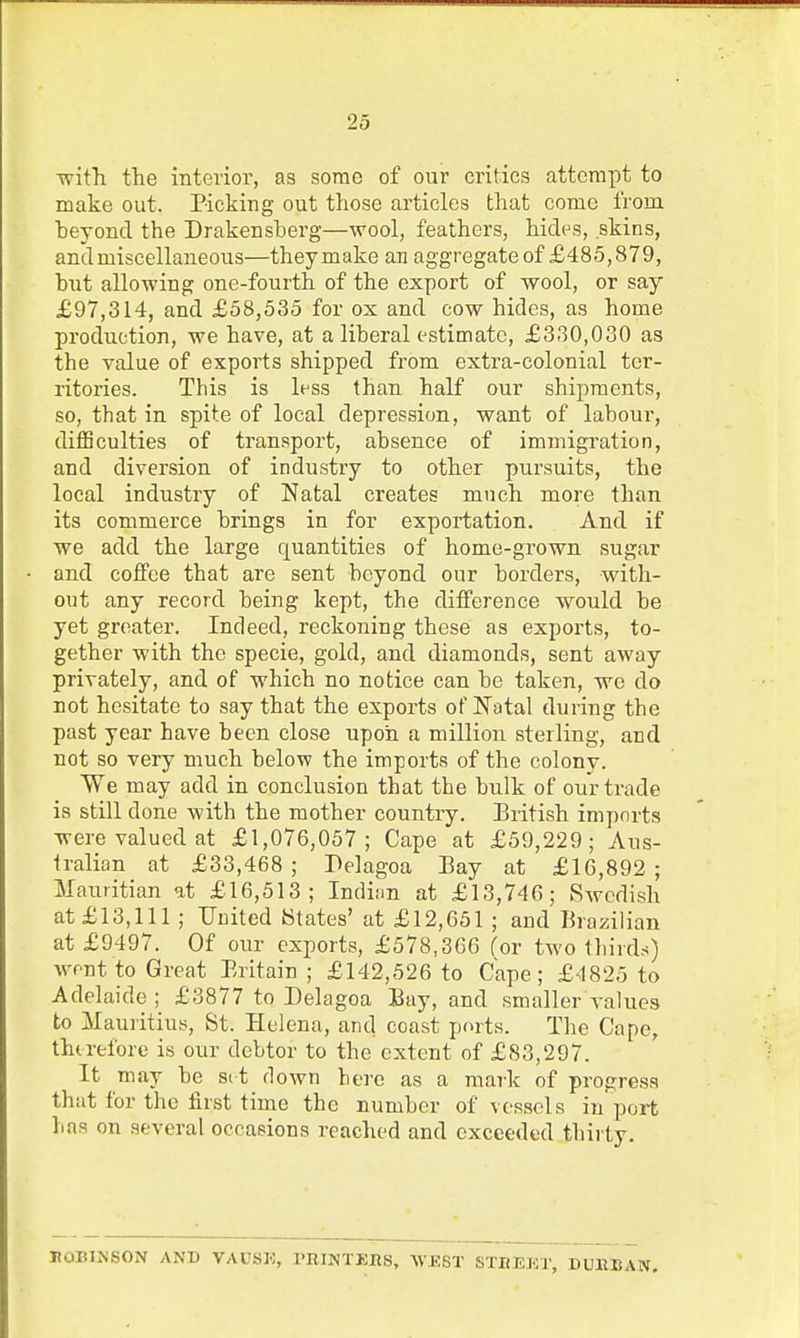 witTi the interior, as some of our critics attempt to make out. Picking out those articles that come from heyond the Drakensberg—wool, feathers, hides, skins, and miscellaneous—they make an aggregate of £485,879, but allowing one-fourth of the export of wool, or say £97,314, and £58,535 for ox and cow hides, as home production, we have, at a liberal estimate, £330,030 as the value of exports shipped from extra-colonial ter- ritories. This is less than half our shipments, so, that in spite of local depression, want of labour, difficulties of transport, absence of immigration, and diversion of industry to other pursuits, the local industry of Natal creates much more than its commerce brings in for exportation. And if we add the large quantities of home-grown sugar and colfee that are sent beyond our borders, with- out any record being kept, the difference would be yet greater. Indeed, reckoning these as exports, to- gether with the specie, gold, and diamonds, sent away privately, and of which no notice can be taken, we do not hesitate to say that the exports of Natal during the past year have been close upon a million sterling, and not so very much below the imports of the colony. We may add in conclusion that the bulk of our trade is still done with the mother country. British imports were valued at £1,076,057; Cape at £59,229; Aus- tralian at £33,468 ; Pelagoa Bay at £16,892 ; Mauritian at £16,513; Indinn at £13,746; Swedish at £13,111 ; United States' at £12,651 ; and Brazilian at £9497. Of our exports, £578,366 for two third.s) wont to Great Britain ; £142,526 to Cape; £4825 to Adelaide ; £3877 to Delagoa Bay, and smaller values to Mauritius, St. Helena, and coast ports. The Cape, thtreforc is our debtor to the extent of £83,297. It may be si t down here as a mark of progress that for the first time the number of vessels in port has on several occasions reached and exceeded thirty. BOBlIsSON AND VAUSK, TRINTERS, WBST STKEET, DUUBAN.