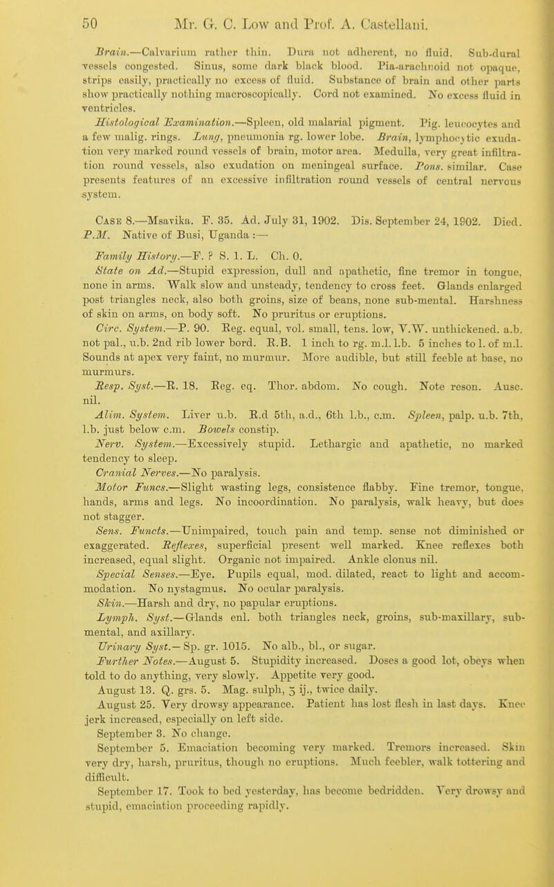 Brain.—Calvarium rather tliiu. Dura not adherent, no fluid. Sub-dural Tessels congested. Sinus, some dark bhick blood. Pia-arachnoid not opaque, strips easily, practieully no excess of Ihiid. Substance of brain and other parts show practically nothing macroscopically. Cord not examined. No excess fluid in ventricles. Histological Examination.—Spleen, old malarial pigment. Pig. leucocytes and a few lualig. rings, ittni/, pneumonia rg. lower lobe. .fir«t», lymphocytic exuda- tiou very marked roimd vessels of brain, motor area. Medulla, very great infiltra- tion round vessels, also exudation on meningeal surface. Pons, similar. Case l^resents features of an excessive infiltration round vessels of central nervous system. Case 8.—Msavika. F. 35. Ad. July 31, 1902. Dis. September 24, 1902. Died. P.M. Native of Biisi, Uganda :— Famili/ Eisfory.—F. ? S. 1. L. Ch. 0. iytate on Ad.—Stupid expression, dull and apathetic, fine tremor in tongue, none in arms. Walk slow and unsteady, tendency to cross feet. Glands enlarged post triangles neck, also both groins, size of beans, none sub-mental. Harshness of skin on arms, on body soft. No pruritus or eruptions. Circ. System.—P. 90. Reg. equal, vol. small, tens, lovr, V.W. imthickened. a.b. not pal., u.b. 2nd rib lower bord. E.B. 1 inch to rg. m.l. l.b. 5 inches to 1. of m.l. Sounds at apex very faint, no murmur. More audible, but still feeble at base, no murmurs. Resp. Syst.—R. 18. Eeg. eq. Thor. abdom. No cough. Note reson. Ausc. nil. Alini. System. Liver u.b. E.d 5th, a.d., 6th Lb., cm. Spleen, palp. u.b. 7th, l.b. just below cm. Boioels constip. Nerv. System.—Excessively stupid. Lethargic and apathetic, no marked tendency to sleep. Cranial Nerves.—No paralysis. Motor Funcs.—Slight wasting legs, consistence flabby. Fine tremor, tongue, hands, arms and legs. No incoordination. No paralysis, vralk heavy, but does not stagger. Sens. Functs.—Unimpaired, touch pain and temp, sense not diminished or exaggerated. Reflexes, superficial present well marked. Knee reflexes both increased, equal slight. Organic not impaired. Ankle clonus nil. Special Senses.—Eye. Pupils equal, mod. dilated, react to light and accom- modation. No nystagmus. No ocular paralysis. Skin.—Harsh and dry, no papular eruptions. Lymph. Syst.—Glands enl. both triangles neck, groins, sub-maxillary, sub- mental, and axillary. Urinary Syst.— Sp. gr. 1015. No alb., bl., or sugar. Further Notes.—August 5. Stupidity increased. Doses a good lot, obeys when told to do anything, very slowly. Appetite very good. August 13. Q. grs. 5. Mag. sulph, 5 ij., twice daily. August 25. Very drowsy appearance. Patient has lost flesh in last days. Knee jerk increased, especially on left side. September 3. No change. September 5. Emaciation becoming very marked. Tremors increased. Skm very dry, harsh, pruritus, though no eruptions. Much feebler, walk tottering and difficult. September 17. Took to bed yesterday, has become bedridden. Tery drowsy and stupid, emaciation proceeding rapidly.