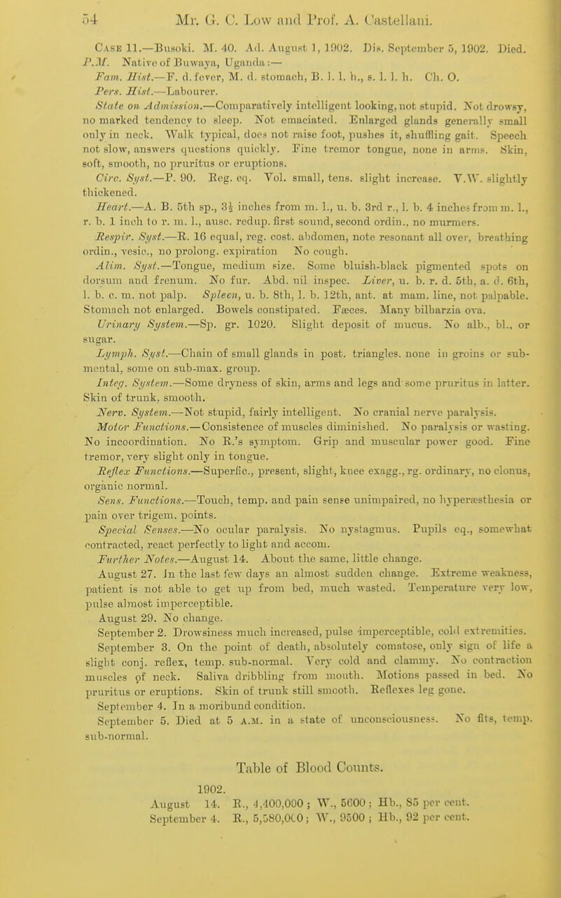 Case 11.—Busoki. M. 40. Atl. August 1, 1002. Di.«. Srptcmbcr 5, 1902. Died. Native of Euwayiv, Uganda:— Fam. Hist—F. d.fevci-, M. d. stomach, B. ]. 1. ii., s. 1. 1. li. Cli. O. Pers. Hi'sl.—Labourer. S/afe on Admission.—Coin para tively intelligent looking, not stupid. Not drowsy, no marked tendency to sleep. Not emaciated. Enlarged glands generally small only in neck. Walk typical, does not raise foot, pushes it, shuffling gait. Speech not slow, answers questions qiiickly. Fine tremor tongue, none in arms. Skin, soft, smooth, no jDruritus or eruptions. Circ. Si/sf.—P. 90. Keg. eq. Vol. small, tens, slight increase. V.W. slightly thickened. Heart.—A. B. 5th sp., Z\ inches from m. 1., u. b. 3rd r., 1. h. 4 inches from m. 1., r. b. 1 inch to r. m. 1., ausc. redup. first sound, second ordin., no nmrmers. Respir. Si/sf.—E. 16 equal, reg. cost, abdomen, note resonant all over, breathing ordin., vesic, no prolong, expiration No cough. Alim. Si/sf.—Tongue, medium size. Some bluish-black pigmented spots on dorsum and freniun. No fur. Abd. nil iiispec. Liver, u. b. r. d. 5tb, a. d. 6th, 1. b. c. m. not paljD. Spleen, u. b. 8th, 1. b. ]2tli, ant. at mam. line, not palpable. Stomnch not enlarged. Bowels constipated. Faeces. Many bilbarzia ova. Urinari/ System.—Sp. gr. 1020. Slight deposit of mucus. No alb., bl., or siigar. Lymjih. Si/st.—Chain of small glands in post, triangles, none in groins or sub- mental, some on sub-max. group. Inteff. Sy.item.—Some dryness of skin, arms and legs and'some pruritus in latter. Skin of trimk, smooth. Nerv. System.—Not stupid, fairly intelligent. No cranial nerve paralysis. Motor Functions.— Consistence of muscles diminished. No paralysis or wasting. No incoordination. No R.'s symptom. Grip and muscular power good. Fine tremor, very slight only in tongue. Rejlex Functions.—Superfic., present, slight, knee exagg., rg. ordinary, no clonus, organic normal. Sens. Functions.—Touch, temp, and pain sense unimpaired, no hypera!sthesia or pain over ti-igem. points. Sjyecial Sen.ies.—No ocular paralysis. No nystagmus. Pupils eq., somewhat contracted, react perfectly to light and accom. Further Notes.—August 14. About the same, little change. August 27. Jn the last few days an almost sudden change. Extreme -weakness, patient is not able to get up from bed, much wasted. Temperature very low, pulse almost imperceptible. August 29. No change. September 2. Drowsiness much increased, pulse -imperceptible, cold extremities. September 3. On the point of death, absolutely comatose, only sign of life a slight conj. reflex, temp, sub-normal. Very cold and clammy. No contraction muscles of neck. Saliva dribbling from mouth. Motions passed in bed. No pruritus or eruptions. Skin of trunk still smooth. Reflexes leg gone. September 4. Jn a moribund condition. September 5. Died at 5 A.M. in a state of unconsciousness. No fits, temp, sub-normal. Table of Blood Counts. 1902. August 14. E., 4,400,000 ; W., 5600 ; Hb., 85 per cent. September 4. R., 5,Ci80,0C0; W., 9500 ; Hb., 92 per cent.