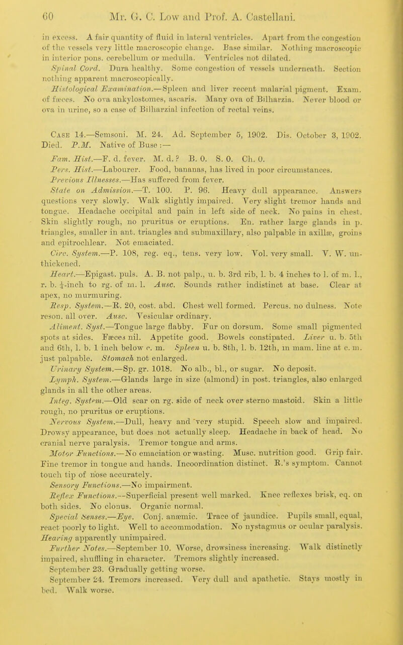 in excess. A fair quantity of fluid in lateral ventricles. Apart from the congestion of the vessels verj little macroscopic clianue. Base similar. Notliiiig maeroseopic in interior pons, cerebellum or medulla. Ventricles not dilated. Spinal Cord. Dura healthy. Some congestion of vessels underneath. Section nothing apparent maeroseopically. Hinlological Examinaiion.—Spleen and liver recent malarial pigment. Exam, of fteees. No ova aukylostomcs, ascaris. Many ova of Bilharzia. Never blood or ova in urine, so a ease of Bilharzial infection of rectal veins. Case 14.—Semsoui. M. 24. Ad. September 5, 1902. Dis. October 3, 1902. Died. P.M. Native of Buse : — Fam. Eist.—F. d. fever. M. d. ? B. 0. S. 0. Ch. 0. Pf/'v. Hist.—Labourer. Food, bananas, has lived in poor circumstanceg. Previous Illnesses.—Has suffei'ed from fever. Slaie on Admission.—T. 100. P. 96. Heavy dull appearance. Answers questions very slowly. Walk slightly impaired. Very slight tremor hands and tongue. Headache occipital and pain in left side of neck. No pains in chest. Skin slightly rough, no pruritus or eruptions. En. rather large glands in p. triangles, smaller in ant. triangles and submaxillary, also palpable in axilloB, groins and epitrochlear. Not emaciated. Circ. Si/stem.—P. 108, reg. eq., tens, very low. Vol. very small. V. W. im- thickencd. Heart.—Epigast. puis. A. B. not palp., u. b. 3rd rib, 1. b. 4 inches to 1. of m. 1., r. b. 3^-incli to rg. of m. 1. Ausc. Sounds rather indistinct at base. Clear at apex, no murmuring. i?e.9/>. System.—R. 20, cost. abd. Chest well formed. Percus. no dulness. Note reson. all over. Ausc. Vesicular ordinary. Aliment. Syst.—Tongue large flabby. Fur on dorsum. Some small pigmented spots at sides. FsBces nil. Appetite good. Bowels constipated. Liver u. b. 5th and 6th, 1. b. 1 inch below c m. Sjileen u. b. 8th, 1. b. 12th, m mam. line at c. m. just palpable. Stomach not enlarged. Urinary System.—Sp. gr. 1018. No alb., bl., or sugar. No deposit. Lymph. System.—Grlands large in size (almond) in post, triangles, also enlarged glands in all the other areas. Integ. System.—Old scar on rg. side of neck over sterno mastoid. Skin a little rough, no pruritus or eruptions. IServous System.—XiwW., heavy and very stupid. Speech slow and impaired. Drowsy appearance, but does not actually sleep. Headache in back of head. iS'o cranial nerve paralysis. Tremor tongue and arms. Motor Functions.—No emaciation or wasting. Muse, nutrition good. Grip fair. Fine tremor in tongue and hands. Incoordination distinct. B.'s symptom. Cannot touch tip of nose accurately. Sensory Functions.—No impairment. Rejle.v jFk»c<ioh.9.—Superficial present well marked. Knee reflexes brisk, eq. on both sides. No clonus. Organic normal. Special Senses.—Fye. Conj. anfemic. Trace of jaundice. Pupils small, equal, react poorly to light. Well to accommodation. No nystagmus or ocular paralysis. Heariny apparently unimpaired. Further Notes.—September 10. Worse, drowsiness increasing. Walk distinctly impaired, shuttling in character. Tremors slightly increased. September 23. Gradually getting worse. Seiitcmber 24. Tremors increased. Very dull and apathetic. Stays mostly in bed. Walk worse.