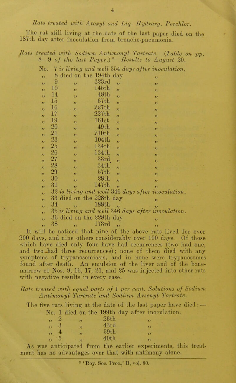 Rats treated with Ato.vyl and Liq. Hydrarg. Perchlor. The rat still living at tlie date of the last paper died on the 187th day after inoculation from broncho-pneumonia. Rats treated with Sodium Antimonyl Tartrate. {Table on 'p-p. 8—9 of the last Paper.) * Results to August 20, No. 7 is living and well 354 days after inoculation. „ 8 died on the 194th day „ 9 fy 323rd 10 ) J 145th yy 14 }} 48th y) 15 67th fy 16 » 227th JJ 17 JJ 227th JJ 19 JJ 161st JJ 20 JJ 49th JJ 21 JJ 210th JJ 23 JJ 104th JJ 25 JJ 134th JJ 26 JJ 134th JJ 27 JJ 33rd JJ 28 >J 34th JJ 29 JJ 57th JJ 30 JJ 28th JJ 31 JJ 147th JJ „ 32 is living and well 346 days after inoculation, y, 33 died on the 228th day „ 34 „ 188th „ „ 35 is living and loell 346 days after inoculation. „ 36 died on the 228th day JJ 38 „ 173rd „ It will be noticed that nine of the above rats lived for over 200 days, and nine others considerably over 100 days. Of those which have died only four have had recurrences (two had one, and two Jiad three recurrences); none of them died with any symptoms of trypanosomiasis, and in none were tryj)anosomes found after death. An emulsion of the liver and of the bone- marrow of Nos. 9, 16, 17, 21, and 25 was injected into other rats with negative results in every case. Rats treated with equal parts of 1 per cent. Solutions of Sodium Antimonyl Tartrate and Sodium Arsenyl Tartrate. The five rats living at the date of the last paper have died : — No. 1 died on the 199th day after inoculation. „ 2 „ 26th JJ 3 „ 43rd JJ 4 „ 59th „ J, 5 „ 40th „ As was anticipated from the earlier experiments, this treat- ment has no advantages over that with antimony alone. ° ' Roy. Soc. Proc.,' B, voj. 80.