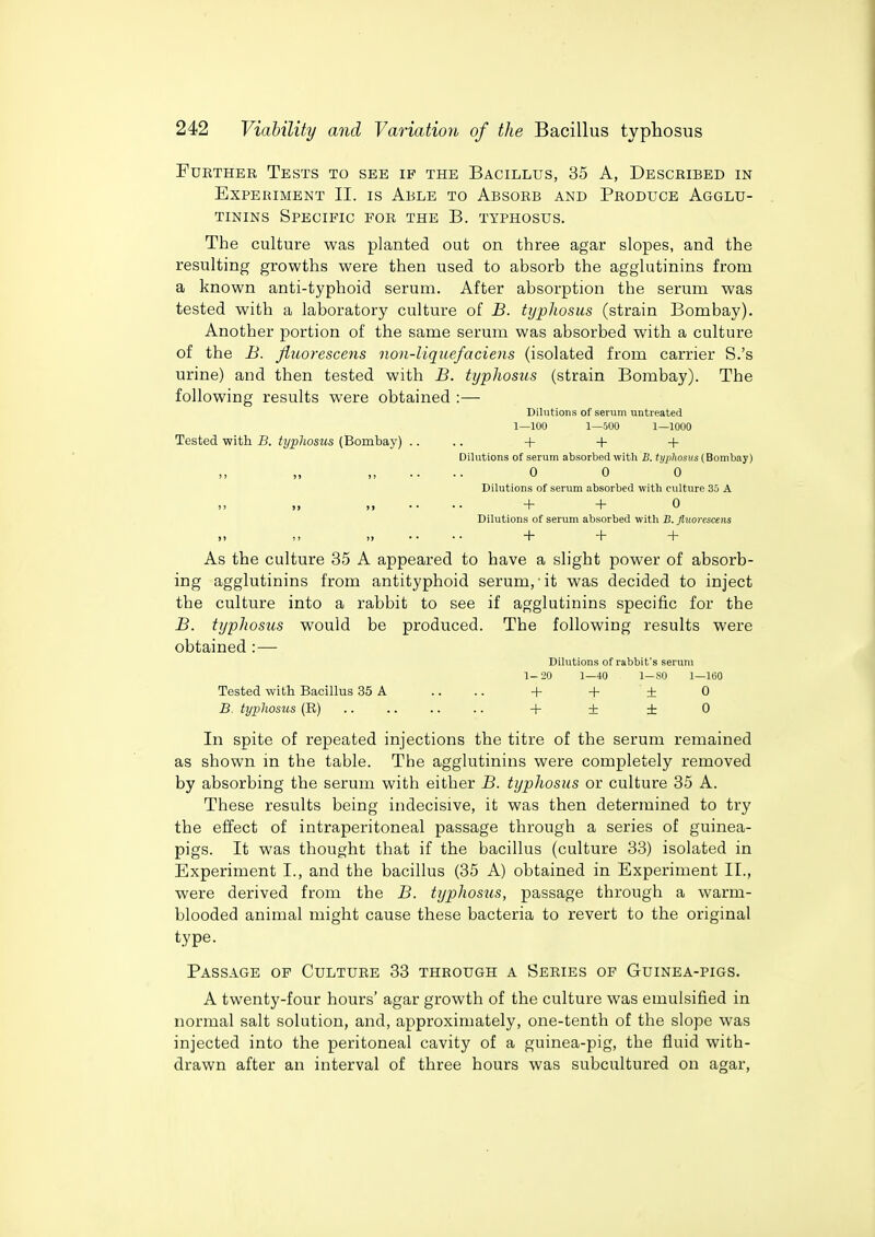 Further Tests to see if the Bacillus, 35 A, Described in Experiment II. is Able to Absorb and Produce Agglu- tinins Specific for the B. typhosus. The culture was planted out on three agar slopes, and the resulting growths were then used to absorb the agglutinins from a known anti-typhoid serum. After absorption the serum was tested with a laboratory culture of B. typhosus (strain Bombay). Another portion of the same serum was absorbed with a culture of the B. Jiuorescens non-liquefaciens (isolated from carrier S.'s urine) and then tested with B. typhosus (strain Bombay). The following results were obtained :— Dilutions of serum untreated 1—100 1—500 1—1000 Tested with B. typhosus (Bombay) .... + + + Dilutions of serum absorbed with B. typhosus {Qomhn^s) „ .. .. 0 0 0 Dilutions of serum absorbed with culture 35 A „ .. •• + + 0 Dilutions of serum absorbed with B. Jiuorescens + + + As the culture 35 A appeared to have a slight power of absorb- ing agglutinins from antityphoid serum, ■ it was decided to inject the culture into a rabbit to see if agglutinins specific for the B. typhosus would be produced. The following results were obtained :— Dilutions of rabbit's serum 1-20 1—40 1-SO 1—160 Tested with Bacillus 35 A .... + + ± 0 B. typhosus (R) + ± ± 0 In spite of repeated injections the titre of the serum remained as shown in the table. The agglutinins were completely removed by absorbing the serum with either B. typhosus or culture 35 A. These results being indecisive, it was then determined to try the effect of intraperitoneal passage through a series of guinea- pigs. It was thought that if the bacillus (culture 33) isolated in Experiment I., and the bacillus (35 A) obtained in Experiment II., were derived from the B. typhosus, passage through a warm- blooded animal might cause these bacteria to revert to the original type. Passage of Culture 33 through a Series of Guinea-pigs. A twenty-four hours' agar growth of the culture was emulsified in normal salt solution, and, approximately, one-tenth of the slope was injected into the peritoneal cavity of a guinea-pig, the fluid with- drawn after an interval of three hours was subcultured on agar.