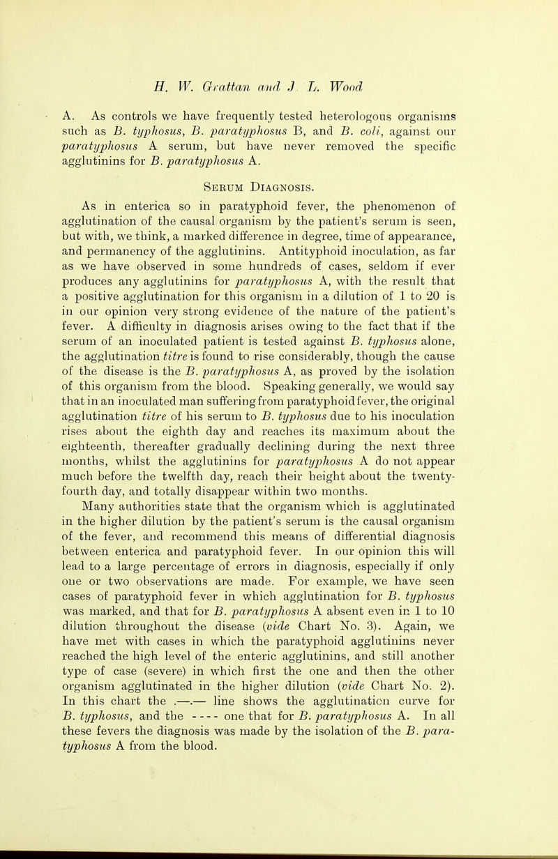 A. As controls we have frequently tested heterologous organisms such as B. typhosus, B. paratyphosus B, and B. coll, against our paratyphosus A serum, but have never removed the specific agglutinins for B. paratyphosus A. Serum Diagnosis. As in enterica so in paratyphoid fever, the phenomenon of agglutination of the causal organism by the patient's serum is seen, but with, we think, a marked difference in degree, time of appearance, and permanency of the agglutinins. Antityphoid inoculation, as far as we have observed in some hundreds of cases, seldom if ever produces any agglutinins for pamtypJiosus A, with the result that a positive agglutination for this organism in a dilution of 1 to 20 is in our opinion very strong evidence of the nature of the patient's fever. A difficulty in diagnosis arises owing to the fact that if the serum of an inoculated patient is tested against B. typhostis alone, the agglutination titreisfonnA to rise considerably, though the cause of the disease is the B. paratyphosus A, as proved by the isolation of this organism from the blood. Speaking generally, we would say that in an inoculated man suffering from paratyphoid fever, the original agglutination titre of his serum to B. typhosus due to his inoculation rises about the eighth day and reaches its maximum about the eighteenth, thereafter gradually declining during the next three months, whilst the agglutinins for paratyphosus A do not appear much before the twelfth day, reach their height about the twenty- fourth day, and totally disappear within two months. Many authorities state that the organism which is agglutinated in the higher dilution by the patient's serum is the causal organism of the fever, and recommend this means of differential diagnosis between enterica and paratyphoid fever. In our opinion this will lead to a large percentage of errors in diagnosis, especially if only one or two observations are made. For example, we have seen cases of paratyphoid fever in which agglutination for B. typhosus was marked, and that for B. paratyphosus A absent even in 1 to 10 dilution throughout the disease {vide Chart No. 3). Again, we have met with cases in which the paratyphoid agglutinins never reached the high level of the enteric agglutinins, and still another type of case (severe) in which first the one and then the other organism agglutinated in the higher dilution {vide Chart No. 2). In this chart the .—.— line shows the agglutination curve for B. typhosus, and the one that for B. paratyphosus A. In all these fevers the diagnosis was made by the isolation of the B. para- typhosus A from the blood.