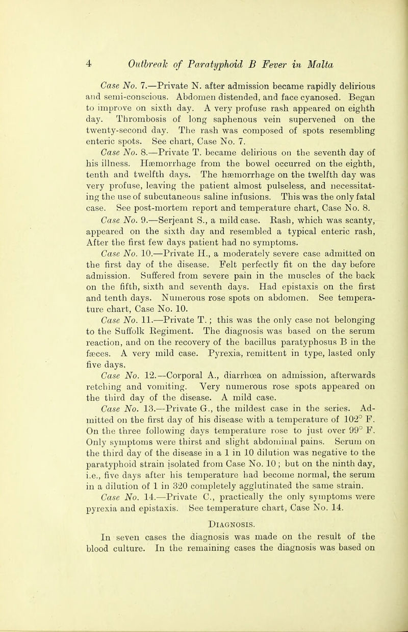 Case No. 7.—Private N. after admission became rapidly delirious and semi-conscious. Abdomen distended, and face cyanosed. Began to improve on sixth day. A very profuse rash appeared on eighth day. Thrombosis of long saphenous vein supervened on the twenty-second day. The rash was composed of spots resembling enteric spots. See chart, Case No. 7. Case No. 8.—Private T. became delirious on the seventh day of his illness. Haemorrhage from the bowel occurred on the eighth, tenth and twelfth days. The haBuiorrhage on the twelfth day was very profuse, leaving the patient almost pulseless, and necessitat- ing the use of subcutaneous saline infusions. This was the only fatal case. See post-mortem report and temperature chart, Case No. 8. Case No. 9.—Serjeant S., a mild case. Eash, which was scanty, appeared on the sixth day and resembled a typical enteric rash, After the first few days patient had no symptoms. Case No. 10.—Private H., a moderately severe case admitted on the first day of the disease. Felt perfectly fit on the day before admission. Suffered from severe pain in the muscles of the back on the fifth, sixth and seventh days. Had epistaxis on the first and tenth days. Numerous rose spots on abdomen. See tempera- ture chart. Case No. 10. Case No. 11.—Private T.; this was the only case not belonging to the Suffolk Eegiment. The diagnosis was based on the serum reaction, and on the recovery of the bacillus paratyphosus B in the faeces. A very mild case. Pyrexia, remittent in type, lasted only five days. Case No. 12.—Corporal A., diarrhoea on admission, afterwards retching and vomiting. Very numerous rose spots appeared on the third day of the disease. A mild case. Case No. 13.—Private G., the mildest case in the series. Ad- mitted on the first day of his disease with a temperature of 102° F. On the three following days temperature rose to just over 99° F. Only symptoms were thirst and slight abdominal pains. Serum on the third day of the disease in a 1 in 10 dilution was negative to the paratyphoid strain isolated from Case No. 10 ; but on the ninth day, i.e., five days after his temperature had become normal, the serum in a dilution of 1 in 320 completely agglutinated the same strain. Case No. 14.—Private C, practically the only symptoms v/ere pyrexia and epistaxis. See temperature chart. Case No. 14. Diagnosis. In seven cases the diagnosis was made on the result of the blood culture. In the remaining cases the diagnosis was based on